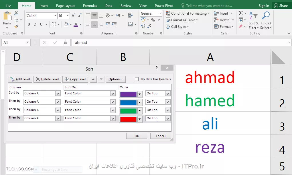 با سلام خدمت همه ITPRO های عزیز و دوستداشتنی ،در ادامه بخش اول مقاله انواع روش های مرتب سازی در اکسل با شما همراه هستیم . در ابتدای اون مقاله گفتیم که یکی از مباحث بسیار کاربردی در مجموعه نرم افزار آفیس قابلیت مرتب سازی یا همان Sort می باشد. این قابلیت در نرم افزار اکسل بسیار پرکاربرد تر و برجسته تر می باشد چون معمولا بحث محاسبات در این نرم افزار صورت می گیرد این ویژگی کمک زیادی به کاربران آن در انجام راحت تر این محاسبات و مرتب سازی آنها می کند. مثلا همین الان کاربران برتر در این وب سایت را در نظر بگیرید که به ترتیب از امتیاز بالا به پایین مرتب شده اند این یک نمونه مرتب سازی نزولی می باشد. ما در این مقاله به بررسی انواع مرتب سازی یا SORT های باقیمانده می پردازیم. 

1- مرتب سازی ستونی (Columns) در اکسل
2- مرتب سازی سطری (Rows) در اکسل 
3 - مرتب سازی صعودی (از A به Z) بر اساس محتویات سلول ها در اکسل
4 -مرتب سازی نزولی (از Z به A) بر اساس محتویات سلول ها در اکسل
*5- مرتب سازی بر اساس یک یا چند ستون یا سطر در اکسل*
*6 - مرتب سازی بر اساس لیست در اکسل*
*7 - مرتب سازی بر اساس رنگ سلول ها در اکسل*
*8 - مرتب سازی بر اساس رنگ فونت محتویات سلول ها در اکسل*
*9 - مرتب سازی بر اساس آیکون های سلول ها در اکسل*

در ادامه با روش پنجم مرتب سازی از لیست بالا  این آموزش رو ادامه می دهیم .

*5- مرتب سازی بر اساس یک یا چند ستون یا سطردر اکسل *
ما در بخش یک این مقاله فقط به مرتب سازی صعودی و نزولی در حد یک ستون یا سطر پرداختیم . اما در واقع اکثر کاربرگ های اکسل شامل اطلاعات در چندین سطر یا ستون می باشد . گاها چون این اطلاعات مرتبط به هم هست ما باید همه آنها را با هم مرتب کنیم و گاهی هم دربین سطرها و ستون های زیادی که شامل اطلاعات هست ما فقط می خواهیم یک سطر یا ستون را مرتب سازی کنیم . ما در این مثال می خواهیم سه ستون را که شامل اطلاعاتی مرتبط بصورت سطری هست را مرتب سازی کنیم. ستونی را که می خواهیم بر اساس آن مرتب سازی را انجام دهیم انتخاب می کنیم که ما در اینجا بر اساس ستون نام خانوادگی اینکار را انجام می دهیم. سپس روی یکی از گزینه های مرتب سازی صعودی و یا نزولی کلیلک می نماییم.

||http://tosinso.com/files/get/7bde2ba1-6da1-46b8-99bc-434aa0d2b569||

با کلیلک کردن روی گزینه مرتب سازی صعودی پنجره کوچکی ظاهر می شود به شکل زیر 

||http://tosinso.com/files/get/9ac53e38-df3e-44ac-8a6e-6dbb88bacef0||

که شامل دو گزینه می باشد .گزینه اول Expand The Selection به این معنی که تمام ستون های مجاور هم به همراه محدوده انتخابی مرتب سازی می شوند.

||http://tosinso.com/files/get/d27cb965-ce51-4500-8044-9942dd39e686||

گزینه دوم Continue with The Current Selection به این معنی که فقط محدوده انتخابی مرتب سازی می شود.

||http://tosinso.com/files/get/a3c5963c-c34b-4054-9ae2-f5b6734a4665||

||http://tosinso.com/files/get/be9405c9-3bfd-422d-a2fc-08a10fa9b0ee||

در تصویر زیر مشاهده می کنید که فقط ستون نام خانوادگی مرتب سازی شده است و اطلاعات دو ستون دیگر تغییری نکرده است . با توجه به اینکه معمولا یک کاربرگ اکسل شامل سطرهایی از اطلاعات مربوط به یک موضوع خاص می باشد ، معمولا در انجام این نوع مرتب سازی دقت لازم را داشته باشید که باعث بهم ریختگی اطلاعات شما نشود .

||http://tosinso.com/files/get/c818c6fb-8770-4947-bb13-c58dfa13a5c5||

روش مرتب سازی برای سطرها هم همانند روش بالا نیز می باشد .یک نکته قابل توجه در این روش این هست که گاها شما در هنگام مرتب سازی بر اساس یک ستون ممکن است به موارد مساوی در آن بخش برخورد کنید در اینجا شما می توانید ملاک مرتب سازی در آن ستون را بر اساس ستون های دیگر مشخص کنید .در مثال زیر ما مرتب سازی را براساس ستون نام بصورت صعودی انجام می دهیم اما با دو نام یکسان روبرو می شویم و ملاک مرتب سازی را برای این موارد ستون نام خانوادگی انتخاب می کنیم و در آن نوع مرتب سازی را روی نزولی قرار می دهیم .

||http://tosinso.com/files/get/f7e41b00-91f8-49fc-a747-9b72a4c13124||

||http://tosinso.com/files/get/db640466-2f1c-4c1e-86bf-3e1e8164489d||

با استفاده از گزینه Add Level در تصویر زیر یک مرحله دیگر جهت مرتب سازی اضافه می کنیم و آن را روی ستون نام خانوادگی و از بزرگ به کوچک تنظیم می نماییم.

||http://tosinso.com/files/get/8db87dbc-fa6d-4765-8600-20dabc52568b||

در تصور زیر مشاهده می کنید که به نسبت قبل از مرتب سازی دو نام خانوادگی که اسامی یکسانی داشتند جابجا شده اند .

||http://tosinso.com/files/get/b34a0ee1-d56f-4244-8de5-6d29e8943607||

*6 - مرتب سازی بر اساس لیست در اکسل*
بعضی مواقع می توانیم مرتب سازی را براساس لیست هاانجام دهیم . مثلا روزها و ماه ها ی لاتین بصورت پیش فرض در لیست های اکسل موجود می باشند چنانچه شما لیست خاصی مد نظرتان هست می توانید آن را بسازید و بر اساس آن مرتب سازی را انجام نمایید .ابتدا محدوده مورد نظر جهت مرتب سازی را انتخاب نمایید در کادر Sort در قسمت Order گزینه Custom List را انتخاب نمایید و گزینه New List را انتخاب و لیست مورد نظرتان را به ترتیب وارد نمایید و سپس گزینه Add را انتخاب تا به لیست های پیش فرض اکسل اضافه گردد.

||http://tosinso.com/files/get/44777d33-e132-4633-8f7a-0b1524f75f30||

||http://tosinso.com/files/get/ce2dfb62-a672-4161-b8cd-6947686593d5||

مرتب سازی بر اساس لیست ساخته شده  را در تصور زیر مشاهده می کنید.

||http://tosinso.com/files/get/42621836-7fe7-4d47-b2c4-9a5411516da2||

*7 - مرتب سازی بر اساس رنگ سلول ها در اکسل*
یکی از روش های جالب مرتب سازی بر اساس *رنگ سلول ها* می باشد. برای انجام اینکار محدوده مورد نظر را انتخاب و در کادر SORT به تعداد مورد نیاز روی گزینه Add Level کلیلک می نماییم و در بخش SORT ON گزینه Cell color را انتخاب می نماییم  و در بخش Order  نوع چینش ترکیب رنگ را برای سطرهای مختلف انتخاب می نماییم.

||http://tosinso.com/files/get/a44e4179-ea16-4efc-9af6-2fdd17e7d4cf||

||http://tosinso.com/files/get/6e2d3f9a-bc5c-4830-a05d-190b3bcb7362||

مرتب سازی بر اساس چینش مشخص شده را در تصویر زیربر اساس رنگ سلول ها  مشاهده می نمایید.

||http://tosinso.com/files/get/94f532c8-285f-4d4a-a56f-7ad440dffc27||

*8 - مرتب سازی بر اساس رنگ فونت محتویات سلول ها در اکسل*
 روش متفاوتی دیگر جهت مرتب سازی سلول ها در اکسل که بر اساس *رنگ فونت محتویات سلول ها* انجام می گیردو برای انجام اینکار محدوده مورد نظر را انتخاب و در کادر SORT به تعداد مورد نیاز روی گزینه Add Level کلیلک می نماییم و در بخش SORT ON گزینه font color را انتخاب می نماییم  و در بخش Order  نوع چینش ترکیب رنگ را برای سطرهای مختلف انتخاب می نماییم.

||http://tosinso.com/files/get/9a494c22-2354-4381-892a-66665f958c53||

||http://tosinso.com/files/get/a7d6656c-5dae-4a04-adde-1880c6f8b39a||

مرتب سازی بر اساس چینش مشخص شده را در تصویر زیر بر اساس رنگ فونت ها  مشاهده می نمایید.

||http://tosinso.com/files/get/136aea32-1905-4877-a6b5-e9ae68aabedd||

*9 - مرتب سازی بر اساس آیکون های سلول ها در اکسل*
و باز هم روش جالب دیگر جهت مرتب سازی سلول ها در اکسل که بر اساس *آیکون های موجود در سلول ها* انجام می گیرد جهت استفاده از این آیکون ها بایدبه بخش Conditional Formatting  و گزینه Sets Icon مراجعه نمایید. جهت اطلاع از کاربرد های دقیق این بخش به مقاله زیر مراجعه نمایید.
|ویژگی های جالب Conditional Formatting در نرم افزار اکسل (Excel)::https://tosinso.com/articles/42797/Conditional-Formatting-%da%86%db%8c%d8%b3%d8%aa%d8%9f-%d9%85%d8%b9%d8%b1%d9%81%db%8c-%d9%82%d8%a7%d8%a8%d9%84%db%8c%d8%aa-%d9%82%d8%a7%d9%84%d8%a8-%d8%a8%d9%86%d8%af%db%8c-%d8%b4%d8%b1%d8%b7%db%8c-%d8%af%d8%b1-%d8%a7%da%a9%d8%b3%d9%84(excel)|
||http://tosinso.com/files/get/80665d9d-628b-43e0-a733-6c56dd6b4007||

و برای انجام اینکار محدوده مورد نظر را انتخاب و در کادر SORT به تعداد مورد نیاز روی گزینه Add Level کلیلک می نماییم و در بخش SORT ON گزینه Cell Icon را انتخاب می نماییم  و در بخش Order  نوع چینش آیکون ها را برای سطرهای مختلف انتخاب می نماییم.

||http://tosinso.com/files/get/7b98f5a0-c2f1-4588-8a04-148fc0ff6700||

مرتب سازی بر اساس چینش مشخص شده را در تصویر زیر بر اساس آیکون ها مشاهده می نمایید.

||http://tosinso.com/files/get/45a82ce4-0b9c-4cce-95db-52d70bfb0667||

امیدوارم که مفید واقع شده باشد.

نویسنده : احمد نظری
منبع : |جزیره مبانی کامپیوتر و مهارت های هفتگانه وب سایت توسینسو::https://tosinso.com/icdl|
هرگونه نشر و کپی برداری بدون ذکر منبع و نام نویسنده دارای اشکال اخلاقی می باشد.  
