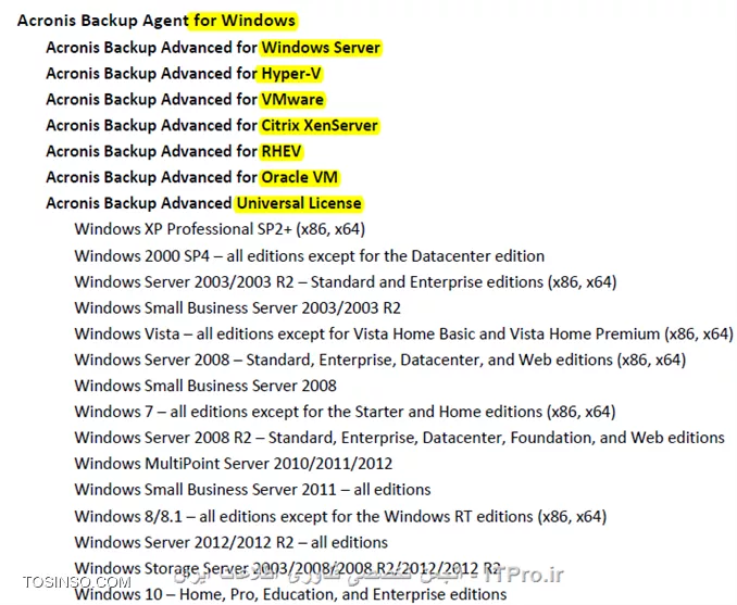در ادامه بحث Backup گیری در خدمت شما دوستان عزیز هستیم.در این اینجا قصد دارم مباحث و عملکرد Acronis Backup Advanced را در شبکه های امروزی را بصورت چند آموزش از نصب آن تا دیگر ویژگی های آن را آموزش دهم.کلا  علاوه بر Acronis true image دو نسخه دیگر مخصوص همین کمپانی برای بک اپ گیری وجود دارد:
<ltr>
* Acronis backup
* Acronis backup advanced
<ltr>
گذینه اول برای استفاده بر روی یک Node ایجاد شده و تمام نیازهای که برای بک اپ گیری به آن نیاز داریم را براورده می کند. ولی گذینه دوم بصورت Server/Client می باشد بدینصورت که شما کنسول مدیریتی آن را نصب می کنید و Components های آن را از یک نقطه مرکزی بر روی سرور و کلاینتها Deploy می کند.ویژگی های این دو نسخه را در جداول زیر ببنید
||http://tosinso.com/files/get/f1c867f0-21f7-411e-a02e-84a6e62be172||
||http://tosinso.com/files/get/a304cbb7-6a96-4f17-bfaa-626c15243b28||

!اجزای Acronis backup advanced :
--
 Agent for windows:
مثل هر برنامه ی دیگر مانند Backup Exec این برنامه برای Backup گیری کلاینتها و سرورها باید Agent مخصوص آن بر روی آن Node نصب شود. وقتی Agent را بر روی آن Node نصب کنید می توانید کارهای زیر را انجام دهید:
<ltr>
•	Disk Backup
•	File Backup
•	Conversion to a virtual machine
•	Disk Management
<ltr>
Agent for Linux :
مانند مورد قبلی می باشد. وقتی Agent را بر روی آن Node نصب کنید می توانید کارهای زیر را انجام دهید:
<ltr>
•	Disk Backup
•	File Backup
•	Conversion to a virtual machine
<ltr>
Agent for VMware:
Acronis backup advanced را قادر می سازد بدون نصب Agent بر روی  Guest از VM بک اپ تهیه کنید و آن را ریکاور کنید. این روش به agent-less backup or backup at a hypervisor level معروفه.

Agent for Hyper-V :
دقیقا مانند مورد قبلی می باشد.

Agent for Exchange:
بوسیله Agent فوق می توانید از Database and Mailbox اکسچنج بک آپ تهیه کنید و در مواقع اضطراری آنها را ریکاور کنید.این Agent از VSS خود ویندوز برای پروسه Backupگیری استفاده می کند.خیلی خیلی تاکید می کنم به مبحث VSS ویندوز و روش کار آن تسلط پیدا کنید. این امر برای هر Administrator الازمی و مهم می باشد. برای اطلاع بیشتر لینک زیر را مطالعه کنید:
<c#>
https://technet.microsoft.com/en-us/library/ee923636(v=ws.10).aspx
<c#>

Agent for SQL:
با نصب Agent بالا می توانید از دیتابیس SQL به دوصورت Backup تهیه کنید:
<ltr>
•	single-pass dis
•	application backups
<ltr>
این Agent نیز مانند Agent for Exchange از Microsoft VSS استفاده می کند. در نتیجه Logهای SQL بعد از اتمام Backup پاک می کند. (این قابلیت قابل تنظیمه)

Agent for Active Directory:
مانند دو Agent قبلی می باشد که باز هم از Microsoft VSS استفاده می کند.

Management Server:
یک سرور مرکزی می باشد که می تواند تمام عملیات Backupگیری و Recovery را از یک نقطه هندل کند.

Storage Node:
هدف ایجاد این رل ایجاد یک نقطه مرکزی برای ذخیره سازی Backupهای گرفته شده توسط Acronis backup advanced می باشد. استفاده از این قابلیت باعث انعطاف پذیری و پایداری در ذخیره سازی Backupها می شود و یکی از مهمترین عملکرد این قابلیت استفاده از deduplication of backups می باشد.این قابلیت می تواند از طریق Management Server مدیریت شود.

Components for Remote Installation:
Packageهای وجود دارد که باید بر روی Remote Machine نصب شود. این Package ها می توانند از طرق کنسول اکرونیس بصورت Local یا بوسیله Management Server بر روی Client/Server  نصب شود.

PXE Server:
شما بوسیله این قابلیت می توانید Client/Server را از طریق شبکه با Acronis Bootable Media بوت کنید و Take مورد نظر خود را انجام دهید.
 Acronis Wake-on-LAN Proxy:
شما با این قابلیت می توانید از Client/Serverهای که در Subnetهای دیگر (شبکه های دیگر) وجود دارند Backup تهیه کنید و در موارد اضطراری آنها را Recover کنید.

Management Console :
شما بوسیله این ابزار می توانید به Management Server یا هر Client/Serverی که Agent روی آن نصب شده دسترسی داشته باشید. برای این کامپوننت دو توزیع وجود دارد یکی برای پلتفرم Windowsی و یکی برای پلتفرمهای Linuxی.
توزیع لینوکس دو عیب عمده دارد:
<ltr>
•	Remote installation of Acronis Backup components is not available.
•	The Active Directory-related features, such as browsing the AD, are not available.
<ltr>
کمپانی اکرونیس توصیه می کند از توزیع Windows استفاده شود.

Bootable Media Builder :
همانطور که قبلا در آموزشهای Acronis true image اشاره کردم شما بوسیله این قابلیت می توانید یک Media ایجاد کنید و Client/Server را با این مدیا boot کنید.

License Server :
شما بوسیله این سرویس می توانید کلیدهای فعال سازی را بر عهده یک سرور بگذارید و این سرور می تواند فعال سازی این محصول را به نحوه احسنت انجام دهد. در بخش بعدی توضیح میدم که اگر این سرور در شبکه نباشد همه Agentهای که بر روی Client/Server نصب می شود از کار می افتد.شما می توانید این سرور را با خود Management Server نصب کنید یا بر روی یک Member Server.

Management Web-base:
شما با فعال کردن این قابلیت در حین نصب Acronis backup advanced کاربران را قادر می سازید که بوسیله یک web browser به Acronis backup advanced وصل شوند و کامپوننت لازم را بر روی client/server خود نصب کنند.
اینم از اجزای Acronis backup advanced

! Licensing
--
در این قسمت لازم می بینم درباره Licenseهای این محصول توضیحاتی بدم (گرچه در ایران این بحث مهمی نیست و خیلی از ما این بحث را نادیده میگیریم، ولی کار نادرست و غلطی می باشد. پروسه Backupگیری پروسه مهم و حیاتی می باشد شما حسابشو بکنید اگر بحث License را نادیده بگیریم می تواند در این پروسه اختلاتی  بوجود آورد و کل ارزش واطلاعات آن سازمان  از بین می رود)
بصورت خلاصه: وقتی شما یک agent را بر روی client/server نصب می کنید در مراحل نصب از شما Active key درخواست می کند که می توانید این پروسه را دستی یا بوسیله License Server بصورت اتومات  انجام دهید.
*در شرایط زیر شما مجبور نیستید در حین نصب Agent بر روی client/server لایسنی وارد کنید:*
•	استفاده از محصول بصورت آزمایشی. Try mode
•	وقتی نرم افزار را فقط برای Cloud Backup نصب کنید. این روش نیازی به لایسنس ندارید بلکه باید یک اشتراک یا یک Account در Acronis بسازید و فایلهای Backup را در سرورهای Acronis ذخیره کنید.
•	وقتی Agent for VMware را بر روی ESXI نصب می کنید لازم نیست لایسنی وارد کنید. وقتی برای اولین بار قصد دارید که از Guest یک Backup تهیه کنید باید لایسنس وارد کنید.
نکته : وقتی Agentی را بر روی Client/Server نصب می کنید با استارت شدن سرویس Agent به License Server وصل می شود و بعد از آن هر 5 روز یکبار به License Server وصل می شود. Agent بدون License Server می تواند تا 60 روز به کار خود ادامه دهد در غیر اینصورت عملکرد Agent متوقف می شود. این مسئله هم برای وقتی که License معتبری برای Agent وجود نداشته باشد صدق می کند.
این سناریو را با دقت بخوانید:
||http://tosinso.com/files/get/a5e19afc-e108-420a-ad8f-3124cd94a0ed||
نکته : هرAgent for VMware and Agent for Hyper-V بر روی Host نصب و فعال می شود، که با نصب این ایجنت می توانید تا بی نهایت از VM های درون Host بک اپ تهیه کنید. 
نکته: بعضی از سازمانها Agent مخصوص آن سرویس مانند AD, Exchange or SQL را بر روی Guest System نصب می کنند (برای استفاده از قابلیت GRT)  که علاوه بر Agent for vmware and hyper-v باید برای این نوع ایجنتها هم لایسنس تهیه کنید.
جدول زیر تعیین میکند برای چه سرویسهای که مجازی سازی ارائه می دهد باید لایسنس تهیه کنید:
||http://tosinso.com/files/get/5666c041-0fb7-4fbb-add1-d40262e6acc7||

! سیستم عاملهای که Acronis برای اجزای Acronis Backup Advanced پشتیبانی می کند:
--
 سیستم عاملهای پشتیبانی شده برای Agent for Windows
||http://tosinso.com/files/get/a7e888cc-c990-4414-bda1-d66b98d642f9||
سیستم عاملهای پشتیبانی شده برای Acronis backup advanced for PC
||http://tosinso.com/files/get/0b96f0cc-13d0-4e4b-81aa-eef869bc682d||
سیستم عاملهای پشتیبانی شده برای Agent for exchange
||http://tosinso.com/files/get/cf42f35d-aa29-4e9c-8ba8-011d1a656f40||
سیستم عاملهای پشتیبانی شده برای Agent for SQL
||http://tosinso.com/files/get/1c2f350c-5dae-4b80-8beb-a48883667b26||
سیستم عاملهای پشتیبانی شده برای Agent for Active Directory
||http://tosinso.com/files/get/eb132799-9633-49d3-8e08-f27ea8a38116||
سیستم عاملهای پشتیبانی شده برای Agent for Linux
||http://tosinso.com/files/get/77af9159-0595-498c-81ae-9c9135674b22||
سیستم عاملهای پشتیبانی شده برای Agent for Hyper-V
||http://tosinso.com/files/get/256014fa-f05c-4221-9f73-252b452746ee||
سیستم عاملهای پشتیبانی شده برای Agent for VMware
||http://tosinso.com/files/get/a68a29c5-2c80-4508-a32d-003f5b3df7f6||
سیستم عاملهای که برای نصب Acronis Backup Management Server, Acronis License Server, Acronis Backup Storage Node  پشتیبانی می شود
||http://tosinso.com/files/get/390802fe-f2be-436a-8a5a-79e7b2fab595||
سیستم عاملهای که برای Management Console پشتیبانی می شود
||http://tosinso.com/files/get/390802fe-f2be-436a-8a5a-79e7b2fab595||

! System requirements
--
||http://tosinso.com/files/get/f8dc9963-00b0-4148-8e85-244498e909fe||
||http://tosinso.com/files/get/a1c6c41d-99fe-4b0d-b5ee-1311bce6b265||

! User Right برای اجرای سرویسهای Acronis Backup Advanced 
--
بیشتر برنامه های Backupگیری یا حتی بعضی از برنامه های Windowsی  از این قائده مستثنا نیستن. قضیه از این قراره که بعضی از سرویسهای Acronis backup advanced مانند Acronis Backup agents, Acronis Backup Management Server, and Acronis Backup Storage Node وقتی بر روی کامپیوتری نصب می شوند باید سرویسهای خود را در آن کامپیوتر Run کنند. مسئله اینجاست که برای ران کردن چنین سرویسهای نیاز به privilege مناسب و مدیریتی می باشند وقتی شما کامپوننت های بالا را نصب می کنید در حین نصب از شما درخواست یک User با مجوز مدیریتی می کنند تا سرویسهای خود را با مجوز این User ران کنند.
اگر با قبلیت Manage Services Account که با آمدن Win server 2008 معرفی شده اشنائی دارید این مسئله برای شما جا افتاده می باشد.
شما بصورت کلی دو نوع User برای اینکار دارید:
<ltr>
•	Create new Account
•	Existing accounts
<ltr>
در بیشتر سناریوها گذینه اول کفایت می کند. در صورت بودن شرایط زیر از existing accounts استفاده می کنیم:
•	Acronis backup advanced را بر روی Domain Controller نصب کنید.
•	قصد معرفی یک SQL سرور برای Management سرور داشته باشید.
•	از کلاستر در Hyper-V or Exchange cluster استفاده کنید. در این صورت باید یک User با مجوز مدیریتی به ABA معرفی کنید تا به منابع بر روی Nodeهای درون کلاستر دسترسی داشته باشد.
*مجوزهای لازم برای هر دو یوزر (New user and Existing user) :*
•	Userی که سرویس Agent and Storage node service را بر روی client/server اجرا میکند باید عضو گروه Backup operation and local administrators باشد .
•	Userی که سرویسهای Management Server را اجرا میکند باید عضو گروه Acronis Centralized Admins باشد. (در بخش بعدی درباره گروه های ABA بحث میکنیم)
•	همه User ها باید مجوز Log on as a service داشته باشند.
•	همه اکانتها باید بر روی %PROGRAMDATA%\Acronis مجوز Full داشته باشند.
•	همه Userها باید در این مسیر HKEY_LOCAL_MACHINE\SOFTWARE\Acronis مجوز Full داشته باشند.
•	Userی که سرویسهای Agent را اجرا می کند همچنین باید مجوز Adjust memory quotas for a process, Replace a process level token and Modify firmware environment values را داشته باشد.

نکته : وقتی User جدیدی ایجاد میکنید این User با نام Acronis Agent User, AMS User, and ASN User ایجاد می شوند.
نکته: وقتی ABA را بر روی Member Serverی نصب میکنید مطمئن شوید User مورد نظر مجوزهای بالا را داشته باشد.

*Specifying users allowed to connect remotely :*
وقتی شما Agentی یا کامپوننت دیگری را بر روی Remote Computerی نصب می کنید باید مطمئن شوید این یوزر مجوز لازم برای نصب این کامپوننت را بر روی کامپیوتر راه دور داشته باشد وگرنه پروسه Fail می شود.
و همچنین این یوزر در ABA مجوز لازم برای این کار را داشته باشد بصورت پیش فرض اعضای گروه Acronis Remote Users این مجوز را دارند.

! Acronis backup advanced groups
--
 وقتی ABA را نصب می کنید با نصب این برنامه چند گروه بر روی سرور ایجاد می شود:
<ltr>
•	Acronis remote users
•	Acronis Centralized Admins
<ltr>
اعضای گروه اول مجوز لازم برای برقراری ارتباط  با Remote computer بوسیله Management console را دارند.
نکته : این اعضا باید بر روی کامپیوتر مقصد مجوز مدیریتی داشته باشند.
اعضای گروه دوم می توانند به Management Server بوسیله Management Console وصل وکارهای مدیریتی خود را انجام دهند.
خب!!!!!
این همه توضیح و تعریف مقدمه ای بود برای نصب این برنامه.

! Install Acronis Backup Advanced
--
همانطور که در قسمت  /سیستم عاملهای که Acronis برای اجزای Acronis Backup Advanced پشتیبانی می کند/ کند خوانده اید می توانید این برنامه را بر روی سیستم عاملهای مثل WinXP, 8 and Win 10 نصب کنید ولی اگر قصد راه اندازی این سرویس در یک محیط Domain دارید توصیه می کنم بر روی یک Windows server اینکار را انجام دهید و این Windows server باید جوین به  Domain باشد.
اول از همه شما می توانید این برنامه را از سایت زیر دانلود کنید:
<c#>
http://www.acronis.com/en-us/enterprise/download/backup/advanced-windows-server/
<c#>
قبل از نصب من User ی که قراره سرویسهای  ABA را اجرا کند ومجوز لازم بر روی client/server داشته باشد را در AD ایجاد کردم و آن را عضو Domain  Admins کردم. (در محیط واقعی سعی کنید این User بر روی خود سرور ABA و بقیه client/serverها مجوز مدیریتی داشته باشد (این یوزر را عضو Local Administrators کنید) شما می توانید این کار را بوسیله Group Policy انجام دهید)
با همان User لاگین می کنم و فایل Setup برنامه را اجرا می کنم
در صفحه اول شرایط Acronis را قبول  و Next می کنیم.
||http://tosinso.com/files/get/f9c677ad-d925-4769-9a99-40f9d5893c94||
در صفحه بالا باید تصمیم بگیرید چه کامپوننتی را  می خواهید نصب کنید ؟ اگر یک نصب Customize شده می خواهید تیک پایین را هم بزنید  که من گذینه مشخص شده را انتخاب و Next می کنم.
||http://tosinso.com/files/get/1f626b49-8652-45ad-82b1-ca885a130be6||
کامپوننت های نصب شده را می توانید مشاهده کنید. در این قسمت هم می توانید کامپوننتی را اضاف یا حذف کنید.
||http://tosinso.com/files/get/5cecf2a2-a7ea-41f1-bbc0-34e4379ed2ae||
می توانید لایسنسی را در License Server اضاف کنید
||http://tosinso.com/files/get/86437eb2-aab4-4181-bddd-8305265b0063||
واضحه next کنید
||http://tosinso.com/files/get/39ced4ee-389a-4bd7-8d5b-20b018c574fa||
Userی که با مجوز آن باید سرویسهای ABA اجرا شود را انتخاب می کنیم. 
||http://tosinso.com/files/get/56b2db84-f126-4c66-ae5d-1d9a1a544b83||
ABA برای ذخیره اطلاعات خود از SQL استفاده می کند. اگر SQLی در ساختار دارید آن را به ABA معرفی کنید وگرنه تنظیماتن بالا را پذیرفته و Next کنید
||http://tosinso.com/files/get/e8d3c88b-1b6a-4714-a99e-e9a3e2283b8b||
فعال کردن قابلیت web-base و تعریف یک پورت برای اتصال به این قابلیت.
Next و Install
بعد از تمام شدن مراحل نصب باید بوسیله Management console به Management Server وصل شویم
||http://tosinso.com/files/get/d3c7a773-3eb1-4985-86c6-4a512bcbed5c||
||http://tosinso.com/files/get/6d65e7f9-2a69-4114-af65-a1aff5b48f3d||
||http://tosinso.com/files/get/286f8770-aa89-463d-9045-1b49644ec672||

 ادامه دارد........

موفق و پیروز باشید 

نویسنده: احمد جهلولی 
منبع: |جزیره راهکارهای ذخیره سازی اطلاعات وب سایت توسینسو ::https://tosinso.com/virtualization|
نشر و کپی برداری، صرفاً با ذکر نام نویسنده و منبع مجاز می باشد. 