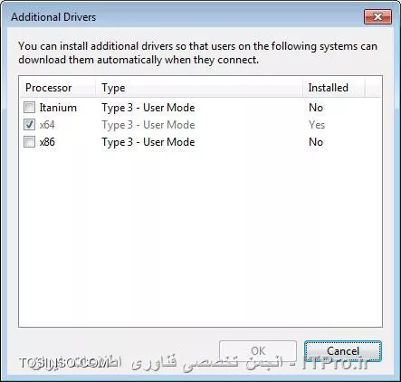سلام دوست عزیز، شاید تنظیمات زیر که در Printer Properties قرار دارد، راهگشا باشد، با انجام این تنظیمات در سیستمهای دیگر مثلاً 64 بیتیها، driverهای مورد نیاز اضافه و بصورت خودکار  هنگام نصب پرینتر اجرا میگردند:

||http://network.tosinso.com/files/get/f0fba9c5-f885-4049-b704-e43f3bf09f54||

||http://network.tosinso.com/files/get/a8a5a8a0-557a-4cf1-aa1e-85e529c115d2||