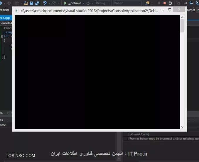 دوستام من برنامه ی Visual Studio ultimate 2013 رو نصب کردم در اون یک پروژه ساده به صورت زیر نوشتم :
||http://programming.tosinso.com/files/get/4d79f394-de2a-4646-8dd6-c42960fe4fa5||

و کامپایلر هیچ ایرادی از من نگرفت و برنامه را Run کرد ... اما فقط صفحه اجرا باز می شود و برنامه اجرا نمی شود به صورت زیر :

||http://programming.tosinso.com/files/get/a9167ea8-e4fd-4111-a154-1385c8df678d||

لطفا راهنمایی کنید 
