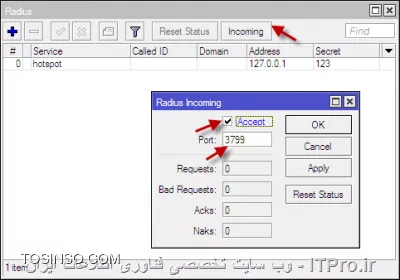  نحوه مدیریت پهنای باند کاربران، ثبت لاگ‌ها و  زمان استفاده User از سرویس اکانتینگ را با استفاده از امکان User Manager آموزش دهیم. در اینجا ما از User Manager میکروتیک استفاده می‌کنیم که به عنوان یک سرویس دهنده Radius عمل می‌کند و عمل احراز هویت و کنترل کاربران Hotspot ،PPTP و Login to MikroTik را انجام می‌دهد.
چرا سرویس اکانتیک را با استفاده از امکان User Manager میکروتیک راه اندازی کنیم؟

User Manager یک اکانتینگ ساده میکروتیک و یک پکیج مدیریتی تحت وب برای مدیریت کاربران است که با استفاده از Radius به همه ی روترها متصل می‌شود.

امکاناتی که User Manager میکروتیک در اختیار مدیران شبکه قرار می‌دهد شامل تعریف گروه‌های کاربری، امکان گزارش‌گیری از سایت‌های بازدید شده توسط کاربران و گزارش‌گیری از زمان اتصال و Disconnect کاربران، اختصاص دادن پهنای باند به هر کاربر و اعمال محدودیت برای آنها می‌باشد.

||http://network.tosinso.com/files/get/7fafde7e-1c51-4d52-8435-b71012f12f2d|| 

مراحل انجام کار:
نصب پکیچ User Manager برروی روتربرد میکروتیک

1. ابتدا از قسمت System ->Packages بررسی کنید که پکیج User Manager موجود باشد.

2. در غیر این صورت از سایت میکروتیک All Package را دانلود کنید.
||http://network.tosinso.com/files/get/37d3758c-51ee-4a0d-a0c3-bb2e6727028b||
 

آموزش User Manager میکروتیک

 

3. فایل دانلود شده را Unzip کنید و پکیج User Manager را به داخل Files انتقال دهید.

 
||http://network.tosinso.com/files/get/cdfe51c9-2c93-4fd5-8a99-a9e313e1379a||
آموزش نحوه راه اندازی User Manager میکروتیک

 
||http://network.tosinso.com/files/get/ea89c189-e328-46b1-b613-437c2c806b65||
نکته: توجه کنید که ورژن پکیجی که از سایت دانلود می‌کنید با نسخه RouterOS شما یکسان باشد.

 

نحوه نصب پکیج user manager میکروتیک
||http://network.tosinso.com/files/get/ac40d884-efb0-489b-9d37-9dba9228557c||
 

4. بعد از اینکه پکیج User Manager را روی روتر کپی کردید برای اینکه به System -> Package اضافه شود باید روتر را Reboot  کنید.

 ||http://network.tosinso.com/files/get/5e2b9cc7-b961-401e-9857-d726df211bfb||

نحوه نصب پکیج user manager برروی روتربرد میکروتیک

 
||http://network.tosinso.com/files/get/ab4125eb-be17-4da7-b3b3-d2363e5cb375||
5. سپس از منوی System -> Package  بررسی کنید که پکیج User Manager به درستی نصب شده باشد.

 

راه اندازی user manager برروی میکروتیک
||http://network.tosinso.com/files/get/a93c6670-6389-4fb2-8f21-2736ae6d22ca||
 

6. برای استفاده از User Manager در روتر، این مراحل باید طی شود.

 ||http://network.tosinso.com/files/get/6f8dad02-7674-49ea-886d-6c3f4844ab84||
مدیریت کاربران Hotspot توسط User Manager

1. برای اینکه کاربران Hotspot توسط Radius در روتربردهای میکروتیک احراز هویت شوند. در ابتدا لازم است که یک Radius Client برای ارتباط با User Manager ایجاد کنیم.
||http://network.tosinso.com/files/get/c5ee3098-f148-4f47-a433-3e04e2da1fea||
 

مدیریت کاربران hotspot توسط user manager

 ||http://network.tosinso.com/files/get/d4ee6cfd-11d7-4b94-a6d9-b617f24acb86||

روی + کلیک کنید و تیک سرویس Hotspot را بزنید. اگر سرویس User Manager روی همان میکروتیکی باشد که Hotspot کانفیگ شده است باید IP Address را 127.0.0.1 تنظیم کنید. گزینه Secret می‌تواند هر ترکیبی از رشته‌ها باشد؛ که بهتر است پیچیده باشد. همچنین Secret ای که اینجا تعریف می‌شود باید همان Secret‌ ای باشد که در User Manager تعریف می‌کنید.

برای اینکه کاربران PPTP  و Login به winbox توسط User Manager احراز هویت شوند باید همه ی این مراحل انجام شود ولی فقط به جای  Hotspot تیک گزینه PPTP و یا Login را فعال کنید. می‌توانید همزمان همه را با هم فعال کنید تا تمام کاربران از Radius Server  احراز هویت شوند.

 ||http://network.tosinso.com/files/get/a5085729-437e-4c98-958c-852ebb1de71e||

نحوه مدیریت کاربران hotspot توسط user manager

 ||http://network.tosinso.com/files/get/453de597-89cf-466e-bd23-c1624a9ca71f||

2. در تب Incoming تیک Accept را بزنید و Port را 3799 قرار دهید. این گزینه برای این است که Session  Timeکاربرها که تمام شد ارتباط  آن کاربر را قطع کند. روش کار این پورت به این صورت است که هر گونه تغییری که Radius Server در رابطه با کاربران انجام می‌دهد روی کاربران اعمال می‌شود.

 ||http://network.tosinso.com/files/get/3d877a7d-667f-457d-87d5-39b688b4613f||

چگونه کاربران Hotspot را توسط user manager مدیریت کنید

 

3. حالا باید در  Hotspot تعریف کنید که از Radius Client برای اعتبارسنجی استفاده کند. روی Hotspot  -> Server Profile  کلیک کنید. در اینجا پروفایلی که قبلا برای Hotspot ساخته اید را  مشاهده می‌کنید.
||http://network.tosinso.com/files/get/6b116c91-02a1-4b0a-9b2d-fe043a9fb7eb||
 

مدیریت کاربران hotspot توسط user manager

 ||http://network.tosinso.com/files/get/c0831ee7-ca11-4f56-be7a-a0ebf843dfa3||

پروفایل را باز کنید و در تب Radius تیک Use Radius را فعال کنید. در قسمت Users می‌توانید کاربران محلی ایجاد کنید و آنها را به پروفایل‌های کاربر ارجاع دهید. نکاتی که باید مد نظر قرار دهید این است که همیشه کاربران دیتابیس محلی به کاربرانی که در Radius  وارد می‌شوند اولویت دارند. بنابراین اگر یوزی هم درمیکروتیک و هم در Radius سرور تعریف شده باشد کاربر از دیتابیس محلی وارد می‌شود.
||http://network.tosinso.com/files/get/f93da223-a0f1-4e4b-8473-10a4f63092ea||
 Interim Update برای چک کردن میزان مصرف کاربران می‌باشد که هر کاربری که میزان مصرف تعیین شده‌اش در User Manager پایان یافت طبق مدت زمانی که که در Interim Update تعیین کرده ایم به Radius Server  اعلام می‌شود که Connection  مورد نظر قطع گردد.

«پکت‌های اعتبارسنجی کاربران و  مشخص کردن اینکه چه کاربری Disconnect شده است را سمت Radius Server می‌فرستد تا Radius  آن کاربر را قطع کند.» معمولا Interim Update  روی یک دقیقه تعیین می‌شود. یعنی اینکه هر یک دقیقه یکبار ارتباط کاربران چک می‌شود و به سمت Radius Server پیغامی مبنی بر اینکه ارتباط کاربر برقرار است یا نه، فرستاده می شود. قسمت Interim Update‌ را باید طبق تنظیمات Radius سرور خود انجام دهید. در غیر این صورت کاربران شما از لیست Online User ها در نرم افزار Radius حذف می‌شوند؛ در حالی که هنوز متصل هستند.

 ||http://network.tosinso.com/files/get/a06b5dfe-11f7-4a97-a420-c0884a499673||

مدیریت کاربران hotspot توسط user manager

 
احراز هویت کاربران PPTP توسط User Manager

برای اینکه کاربران PPTP توسط User Manager احراز هویت شوند باید مراحل زیر را انجام دهید.

1. روی PPP کلیک کنید و سرویس های PPP ای مورد نظرتان را فعال کنید. به عنوان مثال در اینجا ما PPTP Server را Enable می‌کنیم.

 

چگونه کاربران PPTP را توسط user manager مدیریت کنید

 

2. حالا باید در PPTP تعریف کنید که از Radius Client برای اعتبارسنجی استفاده کند. در تب زیر تیک گزینه Use Radius  را فعال کنید.

 Secret -> PPP Authentication & Accounting

 

احراز هویت کاربران PPTP توسط User Manager

 

3. در تب Profile یک Name مشخص کنید، می‌توانید برای مشخص شدن Profile که متعلق به کاربران PPTP  است یک نام مرتبط در نظر بگیرید.  مثلا PPTP-Profile

4. در قسمت Local Address باید یک IP Address  مشخص کنیم که این آدرس بعد از برقراری کانکشن PPTP به میکروتیک اختصاص داده می‌شود که می‌تواند 127.0.0.1 و یا آدرس Interface LAN میکروتیک باشد. Remote Address. نیز آدرسی است که به کاربرانی که کانکشن PPTP برقرار کرده‌اند اختصاص داده می‌شود و در User Manager برای تک تک کاربران مشخص می‌شود.

 

نحوه مدیریت کاربران pptp توسط user manager

 

5. حالا باید Profile که تعریف کردید را در تب Interface قسمت PPTP Server -> Default Profile اضافه کنید.

 

مدیریت کاربران pptp توسط user manager

 
احراز هویت کاربران Login به میکروتیک توسط User Manager

برای اینکه کاربران Login به winbox توسط User Manager احراز هویت شوند باید مراحل زیر را انجام دهید.

از قسمت System -> Users -> AAA باید تیک Use Radius را فعال کنید و Interim Update را هم Set  کنید.

 

احراز هویت کاربران Login به میکروتیک توسط User Manager

 
تنظیمات User Manager

1. حالا می توانید وارد User Manager شوید. در اینجا باید آدرس https://ip-Router/userman را در مرورگر وارد کنید. منظور از IP-Route آدرس IP روتری می‌باشد که پکیج User Manager روی آن نصب شده است. حالا باید یوزر و پسورد Default که User: admin با کلمه عبور خالی می باشد، را وارد کنید.

 
||http://network.tosinso.com/files/get/11122d6d-ecbb-4a5b-9522-107c0393d644||
تنظیمات User Manager برروی میکروتیک

2. در اولین گام باید یک حساب Customer تعریف کنید. این حساب برای دسترسی به صفحه وب مدیریت User Manager استفاده می‌شود و همان User دیفالت admin و پسورد – Blank است. یک پسورد برای admin تعیین کنید.

 

نحوه تنظیم User Manager برروی میکروتیک

 

3. در این مرحله باید روتری که سرویس Hotspot روی آن تعریف شده است را به عنوان یک Radius Client به User Manager معرفی کنید که اینکار در قسمت Router از User Manager قابل اجرا است.

4. روی Add کلیک کنید و در قسمت Name، نام مورد نظرتان را وارد کنید. IP Address، آدرس روتر سرویس دهنده Hotspot می‌باشد. اگر سرویس User Manager روی همان میکروتیکی باشد که Hotspot کانفیگ شده است باید IP Address را 172.0.0.1 تنظیم کنید. گزینه Shared Secret هم باید همان Secretای باشد که روی روتر  قسمت Radius تعریف می‌کنید.

 

آموزش تنظیم User Manager برروی میکروتیک

 

5. در قسمت Radius Incoming تیک گزینه Use CoA را بزنید و CoA Port را 3799 بگذارید. این همان شماره پورتی است که روی روتر قسمت Radius -> Incoming وارد شده است و این گزینه برای این است که Session  Time کاربر ها که تمام شد ارتباط آن کاربر را قطع کند.

 
آموزش User Manager برروی میکروتیک
