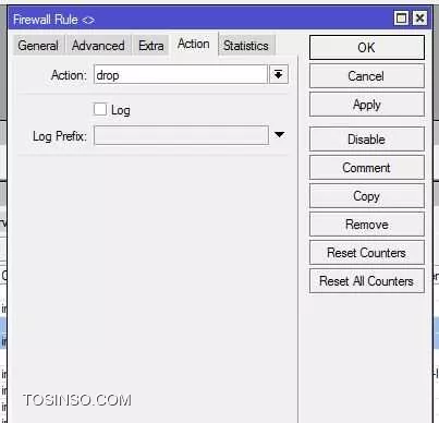 بطور کلی این رول تمامی درخواست های ورودی به روتر رو که آدرس مبداشون توی لیست باشه رو دراپ میکنه
آدرسی توی لیست میره که بطور متوالی اقدام به اسکن کردن پورت های روتر کنه

ابتدا از قسمت ip-firewall یک رول از زنجیره input میسازیم 
||https://tosinso.com/files/get/8425cb45-48aa-4003-8849-ff8d9f5b8bd9||
سپس از تب Extra گزینه PSD را فعال میکنیم
 ||https://tosinso.com/files/get/ae88c65a-8e9a-4628-91c9-23445ef7a4ca||
در قسمت Action گزینه add src. to address list را انتخاب می کنیم
نامی برای لیست انتخاب می کنیم که در اینجا نام blacklist رو انتخاب کردیم
برای باقی ماندن این ip در لیست TTL تعریف میکنیم که در اینجا 2روز انتخاب شده و در نهایت Ok می کنیم
||https://tosinso.com/files/get/c851ace5-1b41-40a8-8b7f-f8007680e5dc||

مجددا رولی از زنجیره input میسازیم 
||https://tosinso.com/files/get/59fab1f3-35ff-45c7-ae74-170df0e5347c||
در تب advance در قسمت Src. address list نام لیست ساخته شده که blacklist بود رو انتخاب میکنیم 
||https://tosinso.com/files/get/d3379646-312f-4096-82a2-b8f5ff66ea77||
در تب action گزینه Drop را انتخاب و ok را می زنیم
||https://tosinso.com/files/get/a979c704-5a65-4d47-b60d-50be703c5cae||
