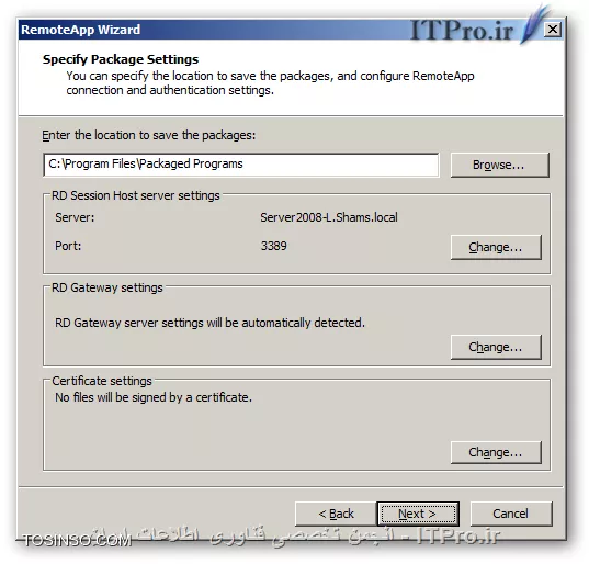 با یکی دیگر از قسمتهای مقالات از سری مقالات آموزش راه اندازی Remote Desktop Services در خدمت شما هستیم. همانطور که در قسمتهای قبل گفته شد راههای مختلفی برای ارائه سرویس Remote Desktop وجود دارد در قسمت قبل گفته شد که چگونه برای یک کاربر تعیین کنیم که هر وقت به سرور Remote زد ، بصورت خودکارتصویر یک نرم افزار خاص در صفحه نمایشگر او نمایان شود تا بتواند از آن استفاده کند .

همانطور که گفته شده بود یکی از بزرگترین محدودیتهایی که این روش دارد که باعث میشود کمتر از آن استفاده شود این است که کاربران در این روش نمیتوانند از چند نرم افزار استفاده کنند و تنها محدود به یک نرم افزاری هستند که مدیر سیستم برای آنان تعیین کرده همچنین به طور همزمان با نام کاربری و رمز عبور خود تنها مجاز به استفاده از یک نرم افزار و برقراری یک Session هستند و نمیتوانند بصورت همزمان از چند نرم افزار استفاده کنند ، اکنون روشی دیگر از روشهای ارائه ی این سرویس را بررسی میکنیم که دیگر این محدودیت را نخواهید داشت و آن هم استفاده از کنسول RemoteApp Manager است این کنسول پس از نصب کرد رول Remote Desktop Session Host در مسیر زیر قابل دسترس است :
<ltr>
Start => Administrative Tools => Remote Desktop Services
<ltr>
همچنین با تایپ عبارت remoteprograms.msc در Run میتوانید آن را اجرا کنید پس از اجرا پنجره این به شکل زیر مشاهده میکنید ...
||http://tosinso.com/files/get/40f01d21-394c-4db2-907b-795c838cea2a||
همانطور که مشاهده میکنید در این پنجره در قسمت Overview یک وضعیت کلی از این سرویس نمایش داده شده و در پایین ، در قسمت RemoteApp Programs میتوانید لیست نرم افزارهای Publish شده را مشاهده و آنها را ویرایش کنید شما با استفاده از امکاناتی که در این کنسول هست میتوانید نرم افزارهای خود را Publish کرده و از هر کدام از نرم افزارها یک فایل درست کرده که کاربران به بوسیله آن میتوانند به سرور وصل شده و از نرم افزار مربوطه استفاده کنند ، فایلهایی که با استفاده از روش فوق میتوانید ایجاد کنید با دو پسوند RDP و MSI هستند و هر کدام خواصیتهای خود را دارد که در ادامه راجع به هر دو آنها و روش ایجادشان صحبت میکنیم . قدم اول در پابلیش نرم افزارها این است که آن را در لیست RemoteApp Programs اضافه کنید برای اینکار در سمت راست تصویر Add RemoteApp Programs را پیدا کرده و کلیک کنید تا پنجره ای به شکل زیر مشاهده کنید
||http://tosinso.com/files/get/afba1c86-63ac-40ba-8cca-69fe03d0e168||
پنجره اول که طبق معمول خوش آمدگویی و یک سری توضیحات دیگر هست ،Next  میکنیم
||آموزش Remote Desktop Services در Windows Server 2008 R2::http://tosinso.com/files/get/976bb9bb-569f-4dc0-9626-0641c4b0db06||
در این مرحله نرم افزارهایی که تصمیم دارید Publish کرده و در اختیار کاربرانتان قرار دهید را انتخاب کنید در صورت نصب نرم افزار جدید ، آن را میتوانید در این لیست مشاهده کنید ، در صورت عدم مشاهده آن میتوانید با زدن دکمه Browse آدرس نرم افزار را داده تا در لیست اضافه و قابل استفاده گردد. پس از انتخاب نرم افزارها Next کنید ...
||http://tosinso.com/files/get/ca798346-4568-4e0a-b440-4748654b6b36||
و در نهایت Finish را میزنیم همانطور که در تصویر زیر مشاهده میکنید نرم افزارهایی که انتخاب کردیم در قسمت RemoteApp Programs  قابل مشاهده ، ویرایش و یا حذف هستند و با حذف هر کدام از آنها کاربران دیگر قادر به استفاده از نرم افزار نخواهند بود.
||http://tosinso.com/files/get/a0001ac0-7c9c-464f-8bfc-35e50d5fb7b6||
تا اینجا نرم افزارهای ما برای استفاده آماده هستند ولی حال باید برای کلاینتها یک فایل درست کنیم که بوسیله آن بتوانند به سرور متصل شده و از نرم افزار استفاده کنند.  این فایلها شامل فایلهای rdp و msi میباشند.

!! فایلهای RDP 
این فایلها توسط مدیر و با استفاده از کنسول RemoteApp Manager ساخته شده و جهت استفاده بایستی در اختیار کلاینتها قرار گیرد هر کدام از این فایلها به یک نرم افزار میتوانند اشاره کنند این فایلها را به هر طریقی میتوانید در اختیار کاربران قرار دهید که این بستگی به سلیقه و محیط کاری شما دارد مثلا از طریق یک پوشه به اشتراک گذاری شده در شبکه فایلهای RDP را در اختیار کاربران قرار دهید کاربران بعد از اجرای این فایل بایستی نام کاربری و رمز عبور خود را وارد کنند تا عملیات احراز هویت انجام شود و بعد از آن به نرم افزار مورد نظر هدایت میشوید برای ساختن آن در قسمت RemoteApp Programs روی نرم افزار مورد نظرتان راست کلیک کرده و از منوی باز شده گزینه Create .rdp File را انتخاب کنید تا پنجره زیر را مشاهده کنید
||http://tosinso.com/files/get/2e3a0cf2-9248-4c5f-b2ce-183f4f284519||
پنجره اول که طبق معمول خوش آمدگویی و یک سری توضیحات دیگر هست ،Next  میکنیم
||http://tosinso.com/files/get/a98d8432-9943-4874-9a01-fc4a45348517||
در این مرحله در قسمت بالا یعنی جایی که نوشته شده Enter the location to save packages: آدرسی که فایل خروجی در آن قرار گیرد را از شما میخواهد. در قسمت پایینتر یعنی RD Session Host server settings با زدن دکمه Change میتوانید نام سرور و همچنین پورت مورد نظر برای Remote Desktop را جهت ارتباط کلاینت با سرور مشخص کنید ، بطور پیشفرض پورت استفاده از Remote Desktop برابر 3389  میباشد اما ممکن است برای بالابردن امنیت شماره آن تغییر داده شده باشد که بدینصورت میتوانید شماره جدید پورت را جهت ارتباط کلاینت با سرور وارد کرده و یکسان سازی کنید تا کلاینتها هم بوسیله پورت جدید و حقیقی بتوانند با سرور ارتباط برقرار کنند ، و در نهایت در قسمت Certificate settings هم در صورت نیاز میتوانید از الگوریتم رمز نگاری برای برای ارتباط کلاینتها با سرور استفاده کنید این خود میتواند مقاله ای جداگانه باشد و با توضیح آن از مبحث اصلی دور میشویم پس آن را به حالت پیشفرض رها میکنیم. Next زده و به مرحله بعد میرویم ...
||http://tosinso.com/files/get/4297cd03-dc58-4f8b-8bf0-918770e276ce||
و در نهایت Finish را میزنیم. پس از آن یک فایل RDP ساخته شده که کلاینتها با اجرای آن به سرور وصل شده و تصویر نرم افزار مربوطه را مشاهده کرده و از آن استفاده میکنند. کلاینتها وقتی یک فایل RDP را اجرا میکنند با پنجره ای به شکل زیر روبرو میشوند :
||http://tosinso.com/files/get/9ca3e86e-50f2-4705-bd81-e653e263fee8||
همانطور که مشاهده میکنید در این پنجره یک سری اطلاعات در مورد نرم افزار Publish شده در اختیار کاربر قرار میگیرد همچنین کاربر میتواند با کلیک بر روی Details این صفحه را گسترش دهد ، در این پنجره کاربر میتواند مشخص کند که چه منابعی از کامپیوتر خودش را پس از Remote زدن به سرور میتواند مشاهده کند مثلا با انتخاب Drives میتواند درایوهای کامپیوتر خود را پس از ریموت زدن در سرور مشاهده کند.
شما میتوانید کاربران را در استفاده از منابع کامپیوتر خود در سرور محدود کنید ، برای این کار در کنسول RemoteApp Manager در سمت راست تصویر روی گزینه RD Session Host Server Settings کلیک کرده و در پنجره باز شده وارد تب Common RDP Settings شوید در این سربرگ در قسمت Devices and resources میتوانید تعیین کنید که کلاینتها پس از اجرای فایل RDP خود ، چه منابعی از کامپیوتر خود را پس از ریموت زدن به سرور جهت مشاهده بتوانند انتخاب کنند.
||http://tosinso.com/files/get/6e2a92dc-b8cf-4940-af00-09b9be7d22ea||
به عنوان مثال ما در تصویر بالا Disk drives را غیر فعال کرده ایم ، این باعث خواهد شد که کلاینتها در زمان ریموت زدن در قسمت انتخاب منابع نتوانند چک باکس Drives را مشاهده و انتخاب نمایند در نتیجه به اجبار درایوهای خود را پس از ریموت زدن نمیتوانند مشاهده کنند.
نکته : پس از اینکه تغییراتی که در بالا گفته شد را در تنظیمات RemoteApp Manager در سرور انجام دادید ، در فایلهایی RDP و MSI که از آن لحظه به بعد ساخته میشوند این تغییرات قابل مشاهده است و کاربرانی که از قبل ، فایلهای RDP و یا MSI را در اختیار داشته اند این تغییر در تنظیمات را مشاهده نمیکنند و بایستی از فایلهایی که پس از اعمال تنظیمات در سرور ساخته شده اند استفاده کنند.

!! فایلهای MSI  
این فایلها توسط مدیر و با استفاده از RemoteApp Manager ساخته میشوند و در نهایت به شکل یک فایل قابل نصب Windows Installer package قابل دسترس هستند، این فایل را کلاینتها میتوانند در کامپیوتر خود نصب کنند و پس از نصب بطور پیشفرض در مسیری مشابه C:\Program Files (x86)\RemotePackages قابل مشاهده هستند . این فایل در کلاینت نصب شده و مانند نرم افزاری که Install میشود ، فایل اتصال گر کلاینت با سرور جهت اجرای نرم افزار را درمسیر گفته شده در اختیار کاربر قرار میدهد، از خواص این فایلها این هست که پس از نصب میتوان آن را Uninstall کنید و این کار با رفتن به Programs and Features یعنی تایپ عبارت appwiz.cpl قابل انجام است. پس از نصب ، یک فایل RDP در مسیری مشابه C:\Program Files (x86)\RemotePackages ایجاد شده و یک  Shurtcut از آن در Start menu و یا Desktop ایجاد میشود. 

و کاربر با اجرای آن با پنجره ای مشابه پنجره ی مربوط به فایلهای RDP مواجه میشود و پس از زدن دکمه Connect و وارد کردن نام کاربری و رمز یک Session در سرور ایجاد شده و نرم افزار جهت استفاده کاربر به نمایش درخواهد آمد، روش استفاده از نرم افزار در فایلهای MSI شباهت بسیار زیادی به فایلهای RDP دارد تنها تفاوتی که به چشم میخورد این است که فایلهای msi را در ابتدا بایستی نصب کرد تا بتوان از آن استفاده کرد ولی فایلهای RDP در همان ابتدا قابل اجرا هستند و نیازی به نصب ندارند. با خواندن مطلب تا به اینجا و با دانستن اینکه برای نصب فایلهای msi بایستی کاربر دسترسی مدیریتی داشنه باشد اولین فکری که به ذهن شما میرسد این هست که اصلا چه دلیلی دارد که ما بخواهیم از فایلهای msi استفاده کنیم!!! فایل msi به درد نمیخورد !!! ولی فایلهای msi خواصی دارند که با دانستن آنها نظر شما را راجع به خود عوض میکنند، تا به حال با خواندن این قسمت مقاله به این ننتیجه رسیده اید که کاربران برای استفاده از نرم افزارهای موجود در سرور بایستی از فایلهای RDP و MSI استفاده کنند و در صورت دسترسی نداشتن به این فایلها نمیتوانند نرم افزارهای Publish شده را اجرا کنند .

پس از Publish نرم افزارها بایستی فایلهای RDP را به تک تک کاربران در شبکه خود بدهیم، یکی از خواص فایلهای MSI این است که میتوان آنها را از طریق Group policy در شبکه خود بر روی کلاینتهای مورد نظر و بصورت مرکزی نصب کنید و در صورت نیاز حذف کنید ،  به عبارتی دیگر می توانید آنها را بدون اینکه کاربران شما در شبکه متوجه این موضوع شوند مانند یک نرم افزار Install کنید . پس از نصب نرم افزار کاربران با اجرای فایل نهایی که پس از نصب با پسوند rdp خواهد بود و یک Shortcut از آن در Start menu و یا Desktop هم ایجاد میشود بصورت اتوماتیک به سرور ریموت زده و احراز هویت کرده و از نرم افزار مورد نظر استفاده می کنند. خب با هم روش ساخت فایلهای msi را بررسی میکنیم. برای ساخت فایل msi در پنجره RemoteApp Manager و در قسمت RemoteApp Programs روی نرم افزار مورد نظرتان راست کلیک کرده و از منوی باز شده گزینه Create Windows installer package را انتخاب کنید تا پنجره زیر را مشاهده کنید
||http://tosinso.com/files/get/c68126b5-4605-4cd9-85ce-a558c714b31d||
پنجره اول که خوش آمدگویی و یک سری توضیحات دیگر هست ،Next  میکنیم
||http://tosinso.com/files/get/5de861b7-e1a4-4efc-b229-d357be259658||
این مرحله مشابه همان مرحله ایست که در ساخت فایل RDP مشاهده کردیم و توضیحات آن یک بار در بالا داده شده... Next میکنیم
||http://tosinso.com/files/get/a6c0c635-9720-4c3c-8b4c-daa8de9adeb3||
در این مرحله در قسمت Shortcut icon اگر چک باکسهای Desktop و یا Start menu folder را علامت بزنید نرم افزار شما پس از نصب ، یک Shortcut در Start menu و یا Desktop قرار میدهد ، Next کرده
||آموزش Remote Desktop Services در Windows Server 2008 R2::http://tosinso.com/files/get/9381393d-1b6f-4ef3-9b39-d161cca56b5a||
و در نهایت Finish میکنیم. و در نهایت فایل ما با پسوند *.msi ساخته میشود و میتوان از آن استفاده کرد

*نتیجه گیری :*
در این قسمت از این سری مقالات روش ساخت فایلهای rdp و msi و روش استفاده از آنها را توضیح دادیم از خواص استفاده از این فایلها این است که کاربران بسته به نیاز خود و با اختیار خود میتوانند نرم افزارهایی که مدیر در اختیارشان قرار داده را انتخاب بدون محدودیت تعداد اجرا کنند همچنین در صورت نیاز کاربرانی که از طریق مدیرشبکه Delegate شده اند و نقشهای مدیریتی به آنها واگذار شده و بنا به وظایف خود لازم است که به سرور ریموت زده و از کنسولهای مدیریتی آن استفاده کنند هم به راحتی میتوانند این کار را انجام داده و Remote Desktop Services تداخلی در این کار بوجود نمی آورد تا به حال هرچه صحبت کردیم راجع به رول Remote Desktop Session Host بوده.

در قسمت بعد این مقاله راجع به رول Remote Desktop Web Accessصحبت خواهیم کرد و روش در اختیار گذاشتن این نرم افزارها را از طریق Web به شما آموزش خواهیم داد کاربران با این روش میتوانید از طریق مرورگر خود نرم افزارهایی که توسط مدیر Publish شده را مشاهده کرده و بنا به نیاز آنها را اجرا کنید که با استفاده از این روش دیگر نیازی نیست که فایلهای rdp در اختیار کاربران گذاشته شوند و یا از طریق Group Policy فایلهای msi بر روی کلاینتها نصب گردند و دیگر مدیر شبکه دغدغه ی اینکه چگونه فایلهای rdp را در اختیار کلاینتها قرار داده و یا اینکه فایلهای msi را بر روی کللاینتها نصب کند را نخواهد داشت و کلاینتها از طریق مرورگر وب خود میتوانند به آدرس URL از پیش تنظیم شده رفته ، احراز هویت کرده و نرم افزارهای مجاز برای استفاده را مشاهده و اجرا کنند تا به سرور ریموت زده شده و تصویر نرم افزار مد نظر خود را مشاهده و از آن استفاده کنند پس با ما همراه باشید...

نویسنده : سعید شمس آبادی
منبع : |جزیره راهکارهای مجازی سازی وب سایت توسینسو::https://tosinso.com/virtualization|
هرگونه نشر و کپی برداری بدون ذکر منبع و نام نویسنده دارای اشکال اخلاقی می باشد.