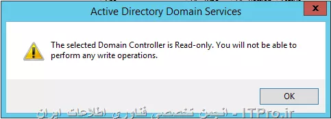 شما وقتی با Admin دومین به سرور RODC لاگین می کنید و کنسول RODC را باز می کنید کنسول یک Query در کل ساختار می فرستند و دومینی که قابلیت Read and Write دارد را پیدا می کند و به آن وصل می شود. شما از طریق سرور RODC به PDC وصل می شوید و Objectهای خود را می سازید.
برای حل این مشکل به سرور RODC وصل شوید:
||http://network.tosinso.com/files/get/a58ea6fd-e9bb-4900-81ae-cd23c86d9049||
||http://network.tosinso.com/files/get/1d27ca87-8b04-4bb4-8223-0e65001ee34a||
||http://network.tosinso.com/files/get/a9d33aa1-a201-4e06-bc2e-9e5dfcd6a123||
||http://network.tosinso.com/files/get/2ee5699d-2377-490d-81c9-44b44abd39c9||
موفق باشید