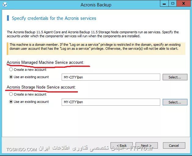 Backup Storage node چیست؟؟؟ یک سرور مرکزی می باشد که مدیریت Vaults ها که بر روی Resourceهای مختلفی پیاده سازی شده است را بر عهده میگیرد وبرای سازمانهای enterprise با داده های وسیع طراحی شده و قابلیتهای بیشتری نسبت به روشهای قبلی برای ما فراهم میکند.یکی از عملکردهای مهم Backup storage node قابلیت deduplication می باشد که اطلاعات مساوی یا یک نوع یا به اصطلاح دیگر یک جور را یک بار در این استورج ذخیره می کند که باعث بهیه سازی پهنای باند و فضای ذخیره سازی می شود.*Vaults Path های که برای Backup storage node استفاده می شود:*
||http://tosinso.com/files/get/7f4364d4-260a-4be1-9150-a4634a013034||

وقتی شما Backupی را بصورت Unmanaged ایجاد کنید تهیه ، نگهداری و  Cleanup دیسک بر عهده خود Agent می باشد که باعث مصرف بیهوده CPU و پهنای باند می شود ولی اگر این وظیفه را بر عهده Backup Storage Node واگذار کنید همه این Taskها در یک جای متمرکز توسط BSN انجام می شود. شما فرض کنید یک Backup Plane را بصورت Schedule بر روی یک Managed machine  ایجاد کرده اید بعد از مدتی پروسه Cleanup برای کاهش حجم هارد دیسک وارد عمل شود و اگر آن زمان آن Managed machine خاموش باشد چه اتفاقاتی در سازمان (بصورت وسیع این پروسه بر روی چندین سرور یا کلاینت تکرار شود) می افتد؟؟؟؟ 
بخاطر همین امر Acronis بدشدت توصیه می کند از BSN استفاده کنید.
استفاده از Managed vault (BSN) دو مزیت دارد:
•	Deduplication
•	Encryption
قابلیت اول را اول این فایل آموزشی بصورت مختصر توضیح دادم و ادامه به مکانیزم این روش بصورت مفصل می پردازیم. ولی قابلیت Encryption باعث رمزگذاری شدن اطلاعات ذخیره شده در Managed vault می شود تا افراد غیر مجاز به اطلاعات حساس سازمان دسترسی نداشته باشند.
! Getting Started with Backup Storage Node
--
پیشنیازهای استفاده از BSN:
•	Management Server
•	Management Console
•	Acronis Backup Advanced file setup
•	سیستم عاملهای وسخت افزارهای مناسب برای نصب این سرویس که در قسمت اول همین اموزش بصورت کامل ذکر گردید.
من برای اینکار یک Win server 2012 R2 نصب و آن را جوین به دومین کردم و و یک RAID-5 برای ذخیره کرده اطلاعات ایجاد کردم و قصد نصب این سرویس را دارم:
برای اینکار فایل Setup برنامه را اجرا می کنم مراحل مربوطه را Next و به صفحه زیر می رسیم که گذینه :
||http://tosinso.com/files/get/f5ac6392-badc-4d67-902e-19de9067f57b||
را انتخاب و Next
||http://tosinso.com/files/get/83a72d8f-9aab-41e7-a872-2c6a37a773ef||
اجزای بالا بصورت پیش فرض انتخاب می شوند. اگر قصد Backup گرفتن از اطلاعات سرور بالا را دارید Agent for Windows  را هم تیک بزنید.
||http://tosinso.com/files/get/aa163233-c311-4812-b1e0-fa716175c397||
یک Account برای اجرای سرویسهای Agent for Windows and Backup Storage node ایجاد یا انتخاب کنید.
نکته: این Account باید عضو دو گروه  Backup Operators and Administrators باشد.
||http://tosinso.com/files/get/6700cc90-6ab7-44bf-bc2c-70953c8dab30||
از شما می خواد که BSN را عضو Management Server کنید. برای اینکار User and pass ی که مجوز اینکار را بر روی Management Server را دارد وارد کنید.
||http://tosinso.com/files/get/31515b92-d69e-470a-9866-8539b2a1847c||
کادر بالا را هم قبلا توضیح دادم. قسمت اول همین اموزش را بخوانید.
در آخر هم Install و Finish
در آخر باید یک Vault به روش Managed در Management Server ایجاد کنید و BSN را معرفی کنید. برای اینکار به ABA وصل و به قسمت Vaults بروید و یک Vault بصورت Centralized ایجاد کنید
||http://tosinso.com/files/get/55ca68a0-7256-4c50-a698-d38ec88d2c46||
گذینه Createرا کلیک کنید
||http://tosinso.com/files/get/e05ecd12-c89c-4b66-9ec8-87da886487c6||
# یک اسم برای این استورج بنویسید.
# توضیحات.
# نوع آن.که باید Managed باشد.
# سرور BSN را انتخاب میکنید.
# فعال و غیرفعال کردن قابلیت Deduplication
# فعال کردن قابلیت Encryption. در ضورت فعال یک string value به آن دهید. که طبق این کد داده ها را رمزگذاری کند.
# مسیر ذخیره سازی اطلاعات.که طبق سناریو بر روی Local Disksهای BSN که بصورت RAID-5 ایجاد شده.
# مسیر دیتابیس Catalog. این دیتابیس شامل اطلاعات catalog index می باشد.
# این قابلیت را بعدا توضیح می دهم.
# Userهای که مجوز مدیریتی بر روی این استورج داشته باشند را انتخاب میکنیم. و همچنین Userهای که بتوانند داده های خود را مدیریت کنند. 
در آخر OK کنید.
||http://tosinso.com/files/get/fffb714b-1c9c-4048-9fdc-ee45b5e1a8ae||
شما همچنین می توانید این سرور را از طریق Storage Node مدیریت کنید:
||http://tosinso.com/files/get/45e6f622-22c0-47fe-8cc5-0ebbd5e6234f||
! Deduplication
--
این قابلیت باعث عدم ذخیره فایلهای تکرای بر روی BSN می شود. این فناوری باعث صرفه جوی در فضای هارد دیسک بوسیله حذف فایلهای تکراری و بهیه سازی پهنای باند می شود، در هنگام Backup گیری اگر Agent متوجه شود که این فایل قبلا در BSN ذخیره شده است از بک آپ گیری آن فایل صرفه نظر می کند.
شما می توانید این قابلیت را بر روی Vaultهای Managed پیاده سازی کنید.  به Vaultی که Deduplication  می باشد deduplicating vault گفته می شود
اساس کار Deduplication  بصورت Block می باشد (یعنی فایلهای را بصورت بسته های به نام Block تقسیم بندی می کند) اگر شما backupی از نوع Disk-Level داشته باشید اطلاعات شما به blockهای 4 KB دسته بندی می شود و برای File-Level از 1 B تا 256 KB دسته بندی می کند. اگر فایلی بزرگتری از 256 KB باشد فایل را به قسمت های 256 KB تقسیم می کند.
Acronis به دو صورت deduplication را انجام می دهد:
<ltr>
•	Deduplication at source
•	Deduplication at target
<ltr>

  Deduplication at source: این نوع بر روی Managed Machine انجام می شود. Agent با استفاده از BSN تعیین می کند چه اطلاعاتی را می تواند Deduplication کند تا مانع انتقال این اطلاعات شود.
Deduplication at target: این نوع بعد از Backup گیری کامل از ریسورس انجام می شود. BSN داده های بک آپ گرفته شده را آنلالیز می کند و داده های که Deduplication می شوند آنها را Deduplication میکند.
نکته: شما هنگام ایجاد Backup Plan Task می توانید تعیین کنید چه داده های را Deduplication کند.
! Deduplication database
--
Backup Storage Node این دیتابیس را ایجاد، تنظیم و نگهداری می کند. و همچنین دارای مقدار هش شده داده های Block شده ذخیره شده در این Vault می باشد به جزء اطلاعاتی که Deduplication نشده اند یا رمزگذاری شده اند.
Deduplication database در BSN ذخیره می شود.. و هنگام فعال کردن این قابلیت می توانید مسیر آن را مشخص کنید.

! How Deduplication works
--
# *Deduplication at source:* وقتی قراره داده های Backup گرفته شده به سوی یک Deduplication Database فرستاده بشه Agent اثر انگشت (hash value) داده های block را محاسبه می کند، بعد از محاسبه Agent یک Query سمت BSN ارسال میکند که آیا این مقدار Block قبلا در این Vault ذخیره شده یا نه؟؟؟ اگر قبلا ذخیره شده باشد Agent فقط مقدار hash شده را ارسال می کند و گرنه همان Block را ارسال می کند و BSN این داده را در یک temporary file ذخیره می کند. 
# *Deduplication at target:* وقتی مرحله Deduplication at source و Backup Plan به اتمام رسید BSN پروسه indexing activity را اجرا می کند. این پروسه اطلاعات را بصورت زیر Deduplication می کند:
•	برای محتویات temporary file مقدار هش را ایجاد می کند.
•	BSN مقدار هش و لینک بازسازی این Data Blockها را ایجاد و آنها را در فایلی به نام deduplication data store ذخیره می کند.
•	محتویات temporary file را حذف می کند.
در نتیجه بعد از Deduplication  فقط مقدار هش شده blockها ذخیره می شود و از ذخیره کرده Block ها تکراری جلوگیری می کند. هر مقدار هش وblockهای منحصر بفرد دارای چندین لینک Reference مربوطه به چندین Backup Plan Task می باشد که جهت بازسازی انها بکار می رود.
||Deduplication ::http://tosinso.com/files/get/2d65cc70-e055-4690-97c2-bf0316a76b4f||
در مواقعی که اطلاعات منحصر بفردی زیادی برای Backup گیری وجود داشت وBSN رم کافی نداشته باشد پروسه بک آپ fail می شود. 
نکته: حداقل RAMی که برای BSN توصیه شده 8 گیگ می باشد.
نکته: گاهی وقتا شما Backup Setهای را دستی یا در حین اجرای پروسه Cleanup پاک می شوند و blockهای باقی می مانند که به هیچ Backup setی تعلق نداشته باشد. این Blockها توسط  compacting task پاک می شوند. compacting task هر یکشنبه شب ساعت 3 اجرا می شود که شما می توانید این زمان بندی را بدلخوا تنظیم کنید.
||http://tosinso.com/files/get/1c91fb82-8469-4473-9e81-028f9c5750c1||
! Deduplication Limitation 
--
•	اگر Backupی بوسیله پسورد محافظت شده باشد. نمی توان آن را Deduplication کرد.
•	اگر cluster size or block size یک Volume بخش پذیری از 4 KB نباشد.
•	فایلهای رمز گذاری شده را نمی توان Deduplication کرد.
! Create Deduplication Database
--
برای ایجاد این دیتابیس در Managed vault کافیه گذینه زیر را فعال کنید و مسیر  Deduplication Database را مشخص کنید.
||http://tosinso.com/files/get/5dec2066-a3de-4ab7-bacc-840408ba01bd||
||http://tosinso.com/files/get/433f948c-2721-4f8b-97b4-64d530cc1fb6||
در آخر هم باید تذکر بدم که شما نمی توانید قابلیت Deduplication را بر روی سیستم عاملهای 32 bit پیاده سازی کنید. به هیچ وجه توصیه شده نسیت.
شما همچنین میتوانید قابلیت Deduplication را بر روی یکی از Volumeهای Windows Server 2012R2 پیاده سازی کنید.
<ltr>
Windows Server 2012 R2 Deduplication
<ltr>
<c#>
http://www.windowsnetworking.com/articles-tutorials/windows-server-2012/windows-server-2012-r2-deduplication.html
<c#>
در آموزش بعدی Acronis Secure Zone را آموزش میدهم.

موفق و پیروز باشید. 

نویسنده: احمد جهلولی 
منبع: |جزیره راهکارهای ذخیره سازی اطلاعات وب سایت توسینسو ::https://tosinso.com/virtualization|
نشر و کپی برداری، صرفاً با ذکر نام نویسنده و منبع مجاز می باشد. 