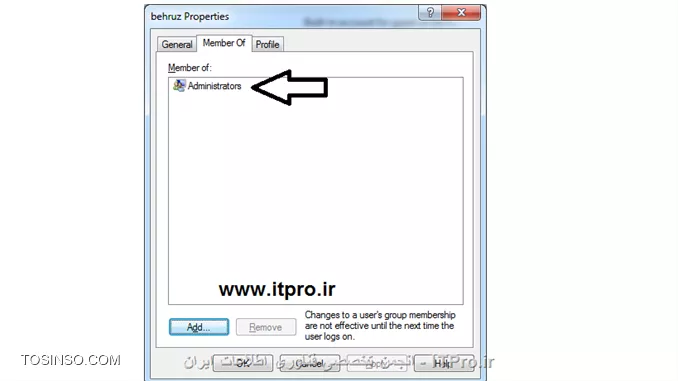 اول وارد User and gorup  میشویم
||http://network.tosinso.com/files/get/11da73b6-7d05-4d8e-adff-3c3498977b83||

در قسمت users ،کاربر مورد نظر :
||http://network.tosinso.com/files/get/ab25bdde-9172-4561-97c7-c18275dff134||

کاربر  peropperties گرفته و ازگروه Administrator خارج کرده وتنها عضو گروه users میکنیم همان طور دوست عزیزمان گفت

||http://network.tosinso.com/files/get/f4846f7a-8d43-42f2-bdc9-3dd43f44197d||

باتشکرازشما نوروز خوبی داشته باشید
بهروزدهباشی