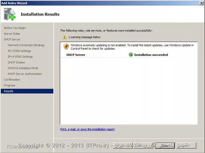 DHCP  یا Dynamic Host Configuration Protocol هسته ی یکی از سرویس های زیرساختاری شبکه محسوب می شود که مسئولیت ارائه IP آدرس ها و اطلاعات مربوط به DNS  سرورها به کلاینتها را بر عهده دارد. درمقاله |DHCP Option::http://www.tosinso.com/Articles/Details/541/DHCP%20Options| به معرفی Option ها و گزینه هایی که در نصب سرویس DHCP در ویندوز سرور 2008 به دانستن مفهوم آنها نیازمند بودیم پرداختم.در این مقاله به صورت تصویری نحوه ی نصب رول DHCP را توضیح خواهم داد و نگاهی گذرا به کنسول مدیریتی DHCP در ویندوز سرور 2008 خواهم داشت.

جهت نصب رول DHCP ، اولین موردی که باید به آن توجه داشت و پیش از نصب ،تنظیم مربوط به آن را چک کرد،داشتن Static IP سروری است که قصد نصب رول DHCP بر روی آن را دارید.در صورتی که سرور دارای Static IP نباشد،شما قادر نخواهید بود رول DHCP را بر روی آن نصب کنید.بعد از دادن IP دستی به سرور یا همان تنظیم Static IP باید طراحی های لازم جهت راه اندازی سرویس DHCP را انجام دهید.در طراحی باید موارد زیر را در نظر بگیرید:

* شبکه ای که قصد نصب این سرویس را بر روی آن دارید دارای چند سابنت و چه رنج IP می باشد؟
* IP آدرس های مر بوط به DNS سرور ،Default Gateway  و  دیگر سرورهای حیاتی و مهم در شبکه ،چه IP هایی هستند؟
*  سرویس DHCP مسئولیت ارائه خدمات به چندین کلاینت یا Device را در شبکه دارد؟
* سروری که قرار است سرویس DHCP بر روی آن نصب شود دارای چند کارت شبکه است ؟
* آیا نیاز شما اقتضا میکند که به روی هرکارت شبکه یک Scope  طراحی کنید یا نه ؟
* متناسب با تعداد کارتهای شبکه،چندین Scope خواهید داشت و کدام Scope بر روی کدام کارت شبکه قرار خواهد گرفت؟
* هر Scope باید از چه رنج IP شروع و تا چه رنج  IP ادامه داشته باشد.بهتر است Scopeها از قبل تعیین شوند.
* رنج IP مربوط به Exclusion Range را مشخص کنید.
* پیشنهاد می شود کلاینتهایی را که می خواهید IP آنها در Reservation Range قرار گیرند را مشخص کنید تا از قلم نیفتند.

!! نصب DHCP Role
جهت نصب رول DHCP ابتدا باید وارد کنسولServer Manager شوید،سپس گزینه Add Roles را انتخاب کنید:

 ||http://www.tosinso.com/files/get/49e7db6a-f526-430f-b283-eef0c7313ab5||
||http://www.tosinso.com/files/get/5ac7cf32-5bb3-4e9b-ba6e-ac73fd9855d5||
 سپس در میان رولهای نمایش داده شده در پنجره زیر،رول DHCP را تیک دارو گزینه Next را انتخاب کنید:

||http://www.tosinso.com/files/get/05e5b9ba-1932-4229-ad65-9ea4b7eeff08||
در صورتی که به سرور خود Static IP نداده باشید،در این مرحله اخطاری مبنی بر Static IP نبودن سرور و عدم امکان نصب رول DHCP را دریافت خواهید کرد.
در مرحله بعدی تعداد کارتهای شبکه ای که در سرور شما وجود دارند و شما می خواهید به روی آنها Scope های خود را تعریف کنید، نمایش داده خواهدشد. هرکدام از کارت شبکه هایی که می خواهید Scope های خود را به روی آنها تعریف کنید ،انتخاب یا تیک دار کنید.اصطلاح Connection Binding یعنی اینکه کدام رنجهای IP بر روی کدام کارت شبکه قرار گرفته باشند. 
همچنین شما درحین نصب رول DHCP  میتوانید دیگر تنظیمات مربوط به Scope ها را هم انجام دهید.در صورتی که تمایل داشته باشید Scope های خود را در همان کنسول مدیریتی DHCP انجام دهید،میتوانید از این مراحل بدون پر کردن گزینه های آن بگزرید.در اینجا ما انجام تنظیمات مربوط به Scope ها را به کنسول مدیریتی DHCP واگذار خواهیم کرد.

 ||http://www.tosinso.com/files/get/d954be2c-3741-4e67-87d9-2f18a1386ca6||
سپس در این مرحله مشخصات مربوط به Parent Domain یا دومینی که می خواهید DHCP  سرور بر روی آن فعالیت داشته باشد و همچنین مشخصات مربوط به DNS Server را وارد کنید و سپس گزینه Validate  را انتخاب کنید تا معتبر بودن DNS سرور شما بررسی و تایید شود.در صورت درست بودن IP مربوط به DNS سرور ، عبارت Valid همراه با تیک سبز رنگ در زیر آن قسمت ظاهر خواهد شد.در نهایت گزینه Next  را انتخاب کنید.

 ||http://www.tosinso.com/files/get/047dd83e-aab9-4ec0-9fa9-ef2a23c0e9e2||
در این مرحله در مورد سرویس WINS از شما سوال پرسیده می شود.در صورتی که در شبکه خود از این سرویس استفاده میکنید در اینجا IP مربوط به سرورهای آن را باید وارد کنید در غیر اینصورت گزینه اول را انتخاب و Next را بزنید:

 ||http://www.tosinso.com/files/get/c8f90b3b-bced-48bf-9612-0c8f1d61b39a||
همانطور که در بالانیز اشاره کردم شما میتوانید در حین نصب رول DHCP ، Scopeهای خود را نیز تعریف کنید .اینکار را در این مرحله از نصب رول می توانید انجام دهید.جهت تعریف Scope  کافی است گزینه Add را زده و اطلاعات خواسته شده مربوط به آن Scope را نیز وارد کنید.در غیر اینصورت گزینه Next را انتخاب کنید و وارد مرحله بعد شوید.
 
||http://www.tosinso.com/files/get/5a9b42e5-6711-44c5-8caa-de4dee95a345||
||http://www.tosinso.com/files/get/ae7a8e02-c12b-4299-9df7-3444b4a306d3||

در این مرحله در صورتی که از IPV6 استفاده میکنید میتوانید گزینه اول را جهت فعالسازی DHCPV6 انتخاب کنید.در غیر اینصورت گزینه دوم را انتخاب و Next را بزنید.
 
||http://www.tosinso.com/files/get/7e1dc8f1-17c7-45d1-b44f-abdf4f620325||

همانطور که از عنوان این پنجره بر می آید،در این قسمت نحوه Authorize کردن را انتخاب میکنید.اکتیودایرکتوری لیستی از DHCP سرورهای مجاز را در خود ذخیره میکند .جهت ذخیره و معرفی این DHCP سرور به اکتیودایرکتوری ،در این قسمت کاربری که در اکتیودایرکتوری است را وارد میکنید.در گزینه اول کاربری که با آن مشغول نصب این سرویس می باشید را انتخاب میکند که معمولا این کاربر ادمین است.در گزینه دوم شما نام کاربر دیگری را میتوانید وارد کنید.در گزینه ی آخر هم می توانید از ذخیره و معرفی این DHCP سرور به اکتیودایرکتوری خودداری کنید و گزینه Next را انتخاب کنید.اما همانطور که میبینید در پایین گزینه سوم به شما این هشدار را میدهد که این DHCP سرور برای اینکه بتواند در اکتیودایرکتوری سرویس دهد باید در آن Authorize شود.به هر حال این انتخاب شما می باشد.در نهایت گزینه Next را انتخاب کنید.

||http://www.tosinso.com/files/get/eabf314e-768e-4890-88cc-f4cadc3d7c7a||
 
در آخر خلاصه ای از اطلاعاتی که وارد کرده اید را به شما نمایش میدهد  و شما با زدن کلید Install این اطلاعات را تائید و نصب رول DHCP را آغاز میکنید.در صورتی که قسمتی از اطلاعات به درستی وارد نشده است گزینه  Previous را انتخاب و آن قسمت مورد نظر را اصلاح کنید.

||http://www.tosinso.com/files/get/7cf3ecd5-e7f5-4656-b614-a0ea465ad130||
 
با انتخاب گزینه Install ، رول DHCP شروع به نصب میکند.

||http://www.tosinso.com/files/get/be4b7009-f294-4b9d-9161-aa79f43cf497||
 
و در نهایت رول DHCP نصب می شود:
 
||http://www.tosinso.com/files/get/ab71f3f7-eae5-4fe1-900c-ecf8be4eeb96||

جهت وارد شدن به کنسول مدیریتی DHCP سرور از طریق منوی استارت،گزینه Administrative Tools و سپس DHCP را انتخاب کنید یا در Run تایپ کنید: dhcpmgmt.msc

شکل زیر نمایی از کنسول مدیریتی DHCP سرور است:

||http://www.tosinso.com/files/get/9d02c750-7c35-4dc4-9607-627f90456827||

!! ایجاد Scope جدید
برای ایجاد یکScope جدید در کنسول مدیریتی DHCP ،بر روی IPV4 راست کلیک کرده و گزینه New Scope را انتخاب کنید.سپس مراحل زیر را با دقت دنبال کنید:
 
||http://www.tosinso.com/files/get/34d01466-0152-4896-8166-7742f011fd8f||
||http://www.tosinso.com/files/get/b252e709-06b6-4010-9263-7b276c3ccf82||
 
در این پنجره باید برای Scopeی که می خواهید ایجاد کنید نامی انتخاب کنید و برای آن می توانید توضیحاتی را در قسمت Description اضافه کنید.Description در مواقعی که تعداد Scope ها زیاد باشد بسیار کاربردی می باشد.سپس گزینه Next را انتخاب کنید:

||http://www.tosinso.com/files/get/9fe64976-e2b7-4ee8-a34d-03144fc29c63||
 
در این پنجره،رنج IP ی که می خواهید آن Scope داشته باشد را مشخص می کنید.به خاطر داشته باشد که در End IP ، 8 کاراکتر آخر نمی تواند بیشتر از 254 باشد(همانطور که می دانید از 255 جهت Broadcast استفاده می شود). متناسب با رنج IP ی که واردمیکنید و کلاسی که آن رنجIP دارد،در قسمت پایین به صورت خودکار Subnet پر می شود:

||http://www.tosinso.com/files/get/47653958-410e-44a5-b8e7-0848a93487fa||
 
در پنجره بعدی شما آن رنجی را که می خواهید به عنوان Exclusion Range در نظر بگیرید را تعریف میکنید.شما می توانید بیش از یک Exclusion Range تعریف کنید.همانطور که میبینید در اینجا دو رنج IP برای Exclusion Range در نظر گرفته شده است:
 
||http://www.tosinso.com/files/get/a4f5cca4-1815-44ae-b36d-1cdd28af941b||

همانطور که از اسم این پنجره بر می آید،شما در اینجا مدت زمانی را که می خواهید IP ها را به کلاینتها قرض بدهید را تعریف می کنید،این مدت زمان یا همان Lease Duration به صورت پیش فرض 8 روز در نظر گرفته شده است که می توانید آن را تغییر دهید:
 
||http://www.tosinso.com/files/get/1fa23d7d-5a2b-4f5b-869f-22e83d7dde20||

در پنجره بعدی مشخص میکنید که آیا می خواهید تنظیمات مربوط به Option های DHCP را انجام دهید یا نه؟در اینجا جهت انجام این تنظیمات گزینه اول انتخاب شده است:

||http://www.tosinso.com/files/get/4ceda800-8a6c-42b8-bc71-0fe5f861c063||
 
Default Gateway های خود را در این قسمت تعریف و سپس Next را انتخاب کنید:

||http://www.tosinso.com/files/get/0a0c83ef-0d91-43c0-a71e-efbd5718af35||
 
در مرحله بعدی نام دومین و مشخصات مربوط به DNS Server را وارد کنید و گزینه Next را انتخاب کنید:

||http://www.tosinso.com/files/get/0d7d3874-6843-4b34-b2b7-09fbfae2d0b7||
 
در صورتی که از سرویس WINS استفاده میکنید اطلاعات مربوط به آن را وارد کنید ،در غیر اینصورت هم مجددا گزینه Next را انتخاب کنید:

||http://www.tosinso.com/files/get/2240e1fe-d43e-46a4-acea-a66de90341e7||
 
در این پنجره از شما پرسیده می شود که آیا می خواهید Scope مورد نظر را فعال کنید یا خیر؟در اینجا گزینه اول جهت فعالسازی Scope انتخاب شده است:
 
||http://www.tosinso.com/files/get/ae9083c0-05aa-4546-8595-30643ec0ff85||

و در نهایت با انتخاب گزینه Finish ،Scope  مورد نظر شما ایجاد خواهد شد:

||http://www.tosinso.com/files/get/51623f82-3668-4d53-b0c8-d0787a10bc3c||
 
و این هم نمایی از Scope ی که ایجاد کرده اید:

||http://www.tosinso.com/files/get/883a7d9c-1a06-417e-a07a-e6b23a5ec24f||
 
!! Scope Options
*Address Pool:*
کلیه IPهای مربوط به Scopeی که تعریف کرده اید در این قسمت قرار دارند.

*Address Lease:*
هر کلاینتی که در شبکه بالا بیاید و از سرویس DHCP ، IP دریافت کند در قسمت Address Leases ظاهر خواهد شد.

*Reservation:*
جهت اختصاص دادن Static IP به برخی از کلاینتهای بخصوص در این قسمت می توانید IP را برای آن کلاینتها را تعریف کنید.بر روی Reservation راست کلیک کرده و New Reservation را انتخاب کنید و سپس اطلاعاتی که از شما خواسته شده است را وارد کنید:
 
||http://www.tosinso.com/files/get/b47b5539-2d25-4c5f-b24d-f18d5fc240f3||
||http://www.tosinso.com/files/get/e98f70a0-d7bf-48f1-8320-e8e8f797e3f0||
 
*Scope Option:*
در این قسمت می توانید تنظیمات مربوط به Scope را ایجاد یا تغییر دهید.بر روی Scope option راست کلیک و گزینه Configure Option را انتخاب کنید:
 
||http://www.tosinso.com/files/get/1519b44e-51b7-4855-90d5-944f365797c0||
||http://www.tosinso.com/files/get/124f24c0-3cf9-4966-8522-dc9ef93f2115||
 
!! نتیجه گیری
DHCP یکی از سرویس های پایه ای و اساسی در شبکه محسوب می شود که تعریف،نصب و راه اندازی آن همانند دیگر سرویس های مهم شبکه نیازمند دقت و طراحی  می باشد.در این مقاله سعی شد نگاهی بر مبانی لازم جهت نصب و راه اندازی این سرویس مهم را  ارائه دهم.


نویسنده : فاطمه قرباوی
منبع : |جزیره سرویس های شبکه مایکروسافت وب سایت توسینسو::https://tosinso.com/microsoft|
هرگونه نشر و کپی برداری بدون ذکر منبع دارای اشکال اخلاقی می باشد. 
