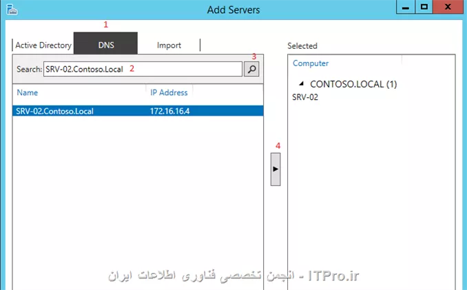 شما به سه روش می توانید یک سرور را به server Manager اد کنید :

||http://network.tosinso.com/files/get/a5eb9e5f-8d21-4863-9bb0-fe2b70d40b56||

برای اضافه کردن سرور به Server Manager کارهای زیر را انجام دهید :
||http://network.tosinso.com/files/get/ee62b96c-ac93-4bd2-9b9f-6022663e23e9||
||http://network.tosinso.com/files/get/ab9f1a42-61f5-4b40-8730-5bd1098542b7||
||http://network.tosinso.com/files/get/2ff57aed-c26f-4a36-918d-d868d24203b6||
گذینه Manage As را کلیک کنید. در اینجا شما باید مشخص کنید با چه User این سرور را مدیریت می کنید؟؟؟؟ که قاعدتا باید User ی باشد که عضو Local Administrators آن سرور باشد.
||http://network.tosinso.com/files/get/ee25f421-ceb6-40f8-8257-7f3d5f9ea496||
||http://network.tosinso.com/files/get/fc8f5e7b-6e3b-45f1-bc89-a2b277a93093||

|Add Servers to Server Manager::https://technet.microsoft.com/en-us/library/hh831453.aspx|
موفق باشید