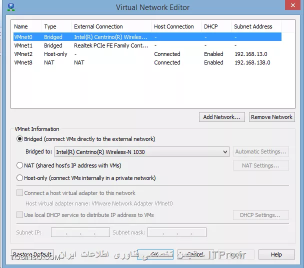 ||http://network.tosinso.com/files/get/aba035f5-9f79-4ef1-a0ca-d646600a3b4b||

سلام اقا امیر.

من یه عکس ااز کارتا شبکه vmvare م براتون میزارم ببینید مشکلش چیه.
چون من رو حالت bridge تنظیم کزردم بازم متصل نمیشد.
در حالت کلی من 4 تا کارت شبکه و چهارتا سیستم عامل مجازی دارم.ک فقط یکیش اونم چون در حالت nat هست اینترنت داره.
بقیه ندارن.

من مخام ک هرچهار تا هم اینترنت داشته باشن وهم اینکه باهم و باویندوز اصلیم شبکه باشن مث یه سویچ.

ممنون میشم.بگین باس چیکار کنم 
