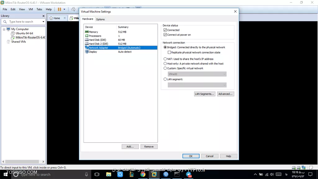 با سلام خدمت اعضای محترم سایت ای تی پرو

دوستان یه مشکلی که دارم اینکه RouterOSرو روی VMWareنصب کردم و بهش ای پی هم اختصاص دادم...
ولی هرچه میخوام با برنامه وینباکس بهش وصل بشم نمیتونه پیدا کنه و اصلا ویندوزم با میکروتیک مجازی پینگ نمیشند

حالت شبکه هم روی Bridgeقرار داره لطفا راهنمایی کنید چ کار های دیه ای لازمه انجام بدم
درواقع شناسایی هم میکنه اما وصل نمیشه
||https://tosinso.com/files/get/ccdf0e05-7fb0-45db-92e5-6dd93ac47098||
||https://tosinso.com/files/get/abe1f8b1-9c08-4bf1-8567-9f82582e90e8||