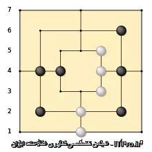 همون بازی دوز هستش
 یک بازی دونفر است که 6مهره دردورنگ بازی میکنندیک طرح هندسیه که بازیکنان تلاش میکنند سه مهره خود را به ردیف در جایگاه بزارندومانع حریف شدن مهره های حریف شوند||http://programming.tosinso.com/files/get/ac2b8fef-b106-49ce-85e4-8c30a834aece|| 
