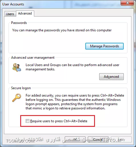 در run تایپ کنید: netplwiz
به تب advance بروید
تیک گزینه require user to press Alt Control Delete را بردارید. البته قاعدتا باید دسترسی admin برای این تنظیمات داشته باشید.
||http://network.tosinso.com/files/get/ad2b9716-f996-4e36-8dd5-2aa69793e3ff||