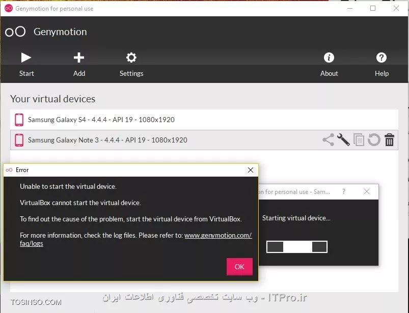 سلام
پس از دانلود و نصبVirtual داخل Genymotion پیغام خطای زیر ظاهرمیشود!!
مشکل از چیست؟
ممنون میشم راهنمایی کنین||https://tosinso.com/files/get/ad49c265-babd-4d11-a990-38cd69ea8f71||