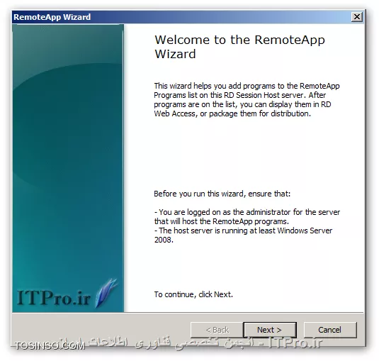 با یکی دیگر از قسمتهای مقالات از سری مقالات آموزش راه اندازی Remote Desktop Services در خدمت شما هستیم. همانطور که در قسمتهای قبل گفته شد راههای مختلفی برای ارائه سرویس Remote Desktop وجود دارد در قسمت قبل گفته شد که چگونه برای یک کاربر تعیین کنیم که هر وقت به سرور Remote زد ، بصورت خودکارتصویر یک نرم افزار خاص در صفحه نمایشگر او نمایان شود تا بتواند از آن استفاده کند .

همانطور که گفته شده بود یکی از بزرگترین محدودیتهایی که این روش دارد که باعث میشود کمتر از آن استفاده شود این است که کاربران در این روش نمیتوانند از چند نرم افزار استفاده کنند و تنها محدود به یک نرم افزاری هستند که مدیر سیستم برای آنان تعیین کرده همچنین به طور همزمان با نام کاربری و رمز عبور خود تنها مجاز به استفاده از یک نرم افزار و برقراری یک Session هستند و نمیتوانند بصورت همزمان از چند نرم افزار استفاده کنند ، اکنون روشی دیگر از روشهای ارائه ی این سرویس را بررسی میکنیم که دیگر این محدودیت را نخواهید داشت و آن هم استفاده از کنسول RemoteApp Manager است این کنسول پس از نصب کرد رول Remote Desktop Session Host در مسیر زیر قابل دسترس است :
<ltr>
Start => Administrative Tools => Remote Desktop Services
<ltr>
همچنین با تایپ عبارت remoteprograms.msc در Run میتوانید آن را اجرا کنید پس از اجرا پنجره این به شکل زیر مشاهده میکنید ...
||http://tosinso.com/files/get/40f01d21-394c-4db2-907b-795c838cea2a||
همانطور که مشاهده میکنید در این پنجره در قسمت Overview یک وضعیت کلی از این سرویس نمایش داده شده و در پایین ، در قسمت RemoteApp Programs میتوانید لیست نرم افزارهای Publish شده را مشاهده و آنها را ویرایش کنید شما با استفاده از امکاناتی که در این کنسول هست میتوانید نرم افزارهای خود را Publish کرده و از هر کدام از نرم افزارها یک فایل درست کرده که کاربران به بوسیله آن میتوانند به سرور وصل شده و از نرم افزار مربوطه استفاده کنند ، فایلهایی که با استفاده از روش فوق میتوانید ایجاد کنید با دو پسوند RDP و MSI هستند و هر کدام خواصیتهای خود را دارد که در ادامه راجع به هر دو آنها و روش ایجادشان صحبت میکنیم . قدم اول در پابلیش نرم افزارها این است که آن را در لیست RemoteApp Programs اضافه کنید برای اینکار در سمت راست تصویر Add RemoteApp Programs را پیدا کرده و کلیک کنید تا پنجره ای به شکل زیر مشاهده کنید
||http://tosinso.com/files/get/afba1c86-63ac-40ba-8cca-69fe03d0e168||
پنجره اول که طبق معمول خوش آمدگویی و یک سری توضیحات دیگر هست ،Next  میکنیم
||آموزش Remote Desktop Services در Windows Server 2008 R2::http://tosinso.com/files/get/976bb9bb-569f-4dc0-9626-0641c4b0db06||
در این مرحله نرم افزارهایی که تصمیم دارید Publish کرده و در اختیار کاربرانتان قرار دهید را انتخاب کنید در صورت نصب نرم افزار جدید ، آن را میتوانید در این لیست مشاهده کنید ، در صورت عدم مشاهده آن میتوانید با زدن دکمه Browse آدرس نرم افزار را داده تا در لیست اضافه و قابل استفاده گردد. پس از انتخاب نرم افزارها Next کنید ...
||http://tosinso.com/files/get/ca798346-4568-4e0a-b440-4748654b6b36||
و در نهایت Finish را میزنیم همانطور که در تصویر زیر مشاهده میکنید نرم افزارهایی که انتخاب کردیم در قسمت RemoteApp Programs  قابل مشاهده ، ویرایش و یا حذف هستند و با حذف هر کدام از آنها کاربران دیگر قادر به استفاده از نرم افزار نخواهند بود.
||http://tosinso.com/files/get/a0001ac0-7c9c-464f-8bfc-35e50d5fb7b6||
تا اینجا نرم افزارهای ما برای استفاده آماده هستند ولی حال باید برای کلاینتها یک فایل درست کنیم که بوسیله آن بتوانند به سرور متصل شده و از نرم افزار استفاده کنند.  این فایلها شامل فایلهای rdp و msi میباشند.

!! فایلهای RDP 
این فایلها توسط مدیر و با استفاده از کنسول RemoteApp Manager ساخته شده و جهت استفاده بایستی در اختیار کلاینتها قرار گیرد هر کدام از این فایلها به یک نرم افزار میتوانند اشاره کنند این فایلها را به هر طریقی میتوانید در اختیار کاربران قرار دهید که این بستگی به سلیقه و محیط کاری شما دارد مثلا از طریق یک پوشه به اشتراک گذاری شده در شبکه فایلهای RDP را در اختیار کاربران قرار دهید کاربران بعد از اجرای این فایل بایستی نام کاربری و رمز عبور خود را وارد کنند تا عملیات احراز هویت انجام شود و بعد از آن به نرم افزار مورد نظر هدایت میشوید برای ساختن آن در قسمت RemoteApp Programs روی نرم افزار مورد نظرتان راست کلیک کرده و از منوی باز شده گزینه Create .rdp File را انتخاب کنید تا پنجره زیر را مشاهده کنید
||http://tosinso.com/files/get/2e3a0cf2-9248-4c5f-b2ce-183f4f284519||
پنجره اول که طبق معمول خوش آمدگویی و یک سری توضیحات دیگر هست ،Next  میکنیم
||http://tosinso.com/files/get/a98d8432-9943-4874-9a01-fc4a45348517||
در این مرحله در قسمت بالا یعنی جایی که نوشته شده Enter the location to save packages: آدرسی که فایل خروجی در آن قرار گیرد را از شما میخواهد. در قسمت پایینتر یعنی RD Session Host server settings با زدن دکمه Change میتوانید نام سرور و همچنین پورت مورد نظر برای Remote Desktop را جهت ارتباط کلاینت با سرور مشخص کنید ، بطور پیشفرض پورت استفاده از Remote Desktop برابر 3389  میباشد اما ممکن است برای بالابردن امنیت شماره آن تغییر داده شده باشد که بدینصورت میتوانید شماره جدید پورت را جهت ارتباط کلاینت با سرور وارد کرده و یکسان سازی کنید تا کلاینتها هم بوسیله پورت جدید و حقیقی بتوانند با سرور ارتباط برقرار کنند ، و در نهایت در قسمت Certificate settings هم در صورت نیاز میتوانید از الگوریتم رمز نگاری برای برای ارتباط کلاینتها با سرور استفاده کنید این خود میتواند مقاله ای جداگانه باشد و با توضیح آن از مبحث اصلی دور میشویم پس آن را به حالت پیشفرض رها میکنیم. Next زده و به مرحله بعد میرویم ...
||http://tosinso.com/files/get/4297cd03-dc58-4f8b-8bf0-918770e276ce||
و در نهایت Finish را میزنیم. پس از آن یک فایل RDP ساخته شده که کلاینتها با اجرای آن به سرور وصل شده و تصویر نرم افزار مربوطه را مشاهده کرده و از آن استفاده میکنند. کلاینتها وقتی یک فایل RDP را اجرا میکنند با پنجره ای به شکل زیر روبرو میشوند :
||http://tosinso.com/files/get/9ca3e86e-50f2-4705-bd81-e653e263fee8||
همانطور که مشاهده میکنید در این پنجره یک سری اطلاعات در مورد نرم افزار Publish شده در اختیار کاربر قرار میگیرد همچنین کاربر میتواند با کلیک بر روی Details این صفحه را گسترش دهد ، در این پنجره کاربر میتواند مشخص کند که چه منابعی از کامپیوتر خودش را پس از Remote زدن به سرور میتواند مشاهده کند مثلا با انتخاب Drives میتواند درایوهای کامپیوتر خود را پس از ریموت زدن در سرور مشاهده کند.
شما میتوانید کاربران را در استفاده از منابع کامپیوتر خود در سرور محدود کنید ، برای این کار در کنسول RemoteApp Manager در سمت راست تصویر روی گزینه RD Session Host Server Settings کلیک کرده و در پنجره باز شده وارد تب Common RDP Settings شوید در این سربرگ در قسمت Devices and resources میتوانید تعیین کنید که کلاینتها پس از اجرای فایل RDP خود ، چه منابعی از کامپیوتر خود را پس از ریموت زدن به سرور جهت مشاهده بتوانند انتخاب کنند.
||http://tosinso.com/files/get/6e2a92dc-b8cf-4940-af00-09b9be7d22ea||
به عنوان مثال ما در تصویر بالا Disk drives را غیر فعال کرده ایم ، این باعث خواهد شد که کلاینتها در زمان ریموت زدن در قسمت انتخاب منابع نتوانند چک باکس Drives را مشاهده و انتخاب نمایند در نتیجه به اجبار درایوهای خود را پس از ریموت زدن نمیتوانند مشاهده کنند.
نکته : پس از اینکه تغییراتی که در بالا گفته شد را در تنظیمات RemoteApp Manager در سرور انجام دادید ، در فایلهایی RDP و MSI که از آن لحظه به بعد ساخته میشوند این تغییرات قابل مشاهده است و کاربرانی که از قبل ، فایلهای RDP و یا MSI را در اختیار داشته اند این تغییر در تنظیمات را مشاهده نمیکنند و بایستی از فایلهایی که پس از اعمال تنظیمات در سرور ساخته شده اند استفاده کنند.

!! فایلهای MSI  
این فایلها توسط مدیر و با استفاده از RemoteApp Manager ساخته میشوند و در نهایت به شکل یک فایل قابل نصب Windows Installer package قابل دسترس هستند، این فایل را کلاینتها میتوانند در کامپیوتر خود نصب کنند و پس از نصب بطور پیشفرض در مسیری مشابه C:\Program Files (x86)\RemotePackages قابل مشاهده هستند . این فایل در کلاینت نصب شده و مانند نرم افزاری که Install میشود ، فایل اتصال گر کلاینت با سرور جهت اجرای نرم افزار را درمسیر گفته شده در اختیار کاربر قرار میدهد، از خواص این فایلها این هست که پس از نصب میتوان آن را Uninstall کنید و این کار با رفتن به Programs and Features یعنی تایپ عبارت appwiz.cpl قابل انجام است. پس از نصب ، یک فایل RDP در مسیری مشابه C:\Program Files (x86)\RemotePackages ایجاد شده و یک  Shurtcut از آن در Start menu و یا Desktop ایجاد میشود. 

و کاربر با اجرای آن با پنجره ای مشابه پنجره ی مربوط به فایلهای RDP مواجه میشود و پس از زدن دکمه Connect و وارد کردن نام کاربری و رمز یک Session در سرور ایجاد شده و نرم افزار جهت استفاده کاربر به نمایش درخواهد آمد، روش استفاده از نرم افزار در فایلهای MSI شباهت بسیار زیادی به فایلهای RDP دارد تنها تفاوتی که به چشم میخورد این است که فایلهای msi را در ابتدا بایستی نصب کرد تا بتوان از آن استفاده کرد ولی فایلهای RDP در همان ابتدا قابل اجرا هستند و نیازی به نصب ندارند. با خواندن مطلب تا به اینجا و با دانستن اینکه برای نصب فایلهای msi بایستی کاربر دسترسی مدیریتی داشنه باشد اولین فکری که به ذهن شما میرسد این هست که اصلا چه دلیلی دارد که ما بخواهیم از فایلهای msi استفاده کنیم!!! فایل msi به درد نمیخورد !!! ولی فایلهای msi خواصی دارند که با دانستن آنها نظر شما را راجع به خود عوض میکنند، تا به حال با خواندن این قسمت مقاله به این ننتیجه رسیده اید که کاربران برای استفاده از نرم افزارهای موجود در سرور بایستی از فایلهای RDP و MSI استفاده کنند و در صورت دسترسی نداشتن به این فایلها نمیتوانند نرم افزارهای Publish شده را اجرا کنند .

پس از Publish نرم افزارها بایستی فایلهای RDP را به تک تک کاربران در شبکه خود بدهیم، یکی از خواص فایلهای MSI این است که میتوان آنها را از طریق Group policy در شبکه خود بر روی کلاینتهای مورد نظر و بصورت مرکزی نصب کنید و در صورت نیاز حذف کنید ،  به عبارتی دیگر می توانید آنها را بدون اینکه کاربران شما در شبکه متوجه این موضوع شوند مانند یک نرم افزار Install کنید . پس از نصب نرم افزار کاربران با اجرای فایل نهایی که پس از نصب با پسوند rdp خواهد بود و یک Shortcut از آن در Start menu و یا Desktop هم ایجاد میشود بصورت اتوماتیک به سرور ریموت زده و احراز هویت کرده و از نرم افزار مورد نظر استفاده می کنند. خب با هم روش ساخت فایلهای msi را بررسی میکنیم. برای ساخت فایل msi در پنجره RemoteApp Manager و در قسمت RemoteApp Programs روی نرم افزار مورد نظرتان راست کلیک کرده و از منوی باز شده گزینه Create Windows installer package را انتخاب کنید تا پنجره زیر را مشاهده کنید
||http://tosinso.com/files/get/c68126b5-4605-4cd9-85ce-a558c714b31d||
پنجره اول که خوش آمدگویی و یک سری توضیحات دیگر هست ،Next  میکنیم
||http://tosinso.com/files/get/5de861b7-e1a4-4efc-b229-d357be259658||
این مرحله مشابه همان مرحله ایست که در ساخت فایل RDP مشاهده کردیم و توضیحات آن یک بار در بالا داده شده... Next میکنیم
||http://tosinso.com/files/get/a6c0c635-9720-4c3c-8b4c-daa8de9adeb3||
در این مرحله در قسمت Shortcut icon اگر چک باکسهای Desktop و یا Start menu folder را علامت بزنید نرم افزار شما پس از نصب ، یک Shortcut در Start menu و یا Desktop قرار میدهد ، Next کرده
||آموزش Remote Desktop Services در Windows Server 2008 R2::http://tosinso.com/files/get/9381393d-1b6f-4ef3-9b39-d161cca56b5a||
و در نهایت Finish میکنیم. و در نهایت فایل ما با پسوند *.msi ساخته میشود و میتوان از آن استفاده کرد

*نتیجه گیری :*
در این قسمت از این سری مقالات روش ساخت فایلهای rdp و msi و روش استفاده از آنها را توضیح دادیم از خواص استفاده از این فایلها این است که کاربران بسته به نیاز خود و با اختیار خود میتوانند نرم افزارهایی که مدیر در اختیارشان قرار داده را انتخاب بدون محدودیت تعداد اجرا کنند همچنین در صورت نیاز کاربرانی که از طریق مدیرشبکه Delegate شده اند و نقشهای مدیریتی به آنها واگذار شده و بنا به وظایف خود لازم است که به سرور ریموت زده و از کنسولهای مدیریتی آن استفاده کنند هم به راحتی میتوانند این کار را انجام داده و Remote Desktop Services تداخلی در این کار بوجود نمی آورد تا به حال هرچه صحبت کردیم راجع به رول Remote Desktop Session Host بوده.

در قسمت بعد این مقاله راجع به رول Remote Desktop Web Accessصحبت خواهیم کرد و روش در اختیار گذاشتن این نرم افزارها را از طریق Web به شما آموزش خواهیم داد کاربران با این روش میتوانید از طریق مرورگر خود نرم افزارهایی که توسط مدیر Publish شده را مشاهده کرده و بنا به نیاز آنها را اجرا کنید که با استفاده از این روش دیگر نیازی نیست که فایلهای rdp در اختیار کاربران گذاشته شوند و یا از طریق Group Policy فایلهای msi بر روی کلاینتها نصب گردند و دیگر مدیر شبکه دغدغه ی اینکه چگونه فایلهای rdp را در اختیار کلاینتها قرار داده و یا اینکه فایلهای msi را بر روی کللاینتها نصب کند را نخواهد داشت و کلاینتها از طریق مرورگر وب خود میتوانند به آدرس URL از پیش تنظیم شده رفته ، احراز هویت کرده و نرم افزارهای مجاز برای استفاده را مشاهده و اجرا کنند تا به سرور ریموت زده شده و تصویر نرم افزار مد نظر خود را مشاهده و از آن استفاده کنند پس با ما همراه باشید...

نویسنده : سعید شمس آبادی
منبع : |جزیره راهکارهای مجازی سازی وب سایت توسینسو::https://tosinso.com/virtualization|
هرگونه نشر و کپی برداری بدون ذکر منبع و نام نویسنده دارای اشکال اخلاقی می باشد.