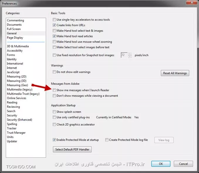  مراحل زیر رو دنبال کنید ببینید مشکل برطرف میشه

Edit - Preferences – General
تیک Show me messages when I launch Reader رو بردارید و Don’t show messages while viewing a document رو تیک بزنید
آکروبات ریدر رو ببندید ( و اگه لازمه به پراسس مربوطه رفته و End Process کنید ) و مجددا برنامه را باز کنید

||http://icdl.tosinso.com/files/get/b017043b-1105-4969-9fcf-7457c9f89f3a||