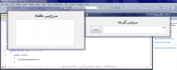 سلام دوستان  
بنده این برنامه سرویس دهنده وسرویس گیرنده رونوشتم که SERVER فقط میتونه متن های CLIENT  رودریافت کنه وبعددوباره پس بزنه؟ ولی نمیدونم چرابرنامه رواجرامیکنم بامشکل مواجه میشم ؟ممنون میشم منو دراین زمینه راهنمایی بفرمایید؟
برنامه واسکرین شات: client
||http://tosinso.com/files/get/d36b720c-ea43-4ca9-ba26-57567b3e1cbd||
<c#>
using System;
using System.Collections.Generic;
using System.ComponentModel;
using System.Data;
using System.Drawing;
using System.Linq;
using System.Text;
using System.Windows.Forms;
using System.Net;
using System.Net.Sockets;

namespace server
{
    public partial class Form1 : Form
    {
        public Form1()
        {
            InitializeComponent();
        }

        private void textBox1_TextChanged(object sender, EventArgs e)
        {
            int recv;
            byte[] data = new byte[2048];
            IPEndPoint ipep = new IPEndPoint(IPAddress.Any, 9050);
            Socket newsock = new Socket(AddressFamily.InterNetwork, SocketType.Stream, ProtocolType.Tcp);
            newsock.Bind(ipep);
            newsock.Listen(10);
            MessageBox.Show(Waiting for a client...);
            Socket client = newsock.Accept();
            IPEndPoint clientep = (IPEndPoint)client.RemoteEndPoint;
            ResultTextBox.Text += string.Format(Connected with {0} at port {1}, clientep.Address, clientep.Port);
            string welcome = Welcome to my test server;
            data = Encoding.ASCII.GetBytes(welcome);
            client.Send(data, data.Length, SocketFlags.None);
            while (true)
            {
                data = new byte[1024];
                recv = client.Receive(data);
                if (recv == 0)
                    break;
                ResultTextBox.Text += string.Format(Encoding.ASCII.GetString(data, 0, recv));
                client.Send(data, recv, SocketFlags.None);
            }
            ResultTextBox.Text += string.Format(Disconnected from{0}, clientep.Address);
            client.Close();
            newsock.Close();
        }
    }
}

<c#>

برنامه واسکرین شات Client:
||http://tosinso.com/files/get/c059aac7-a204-4866-a82a-e12a92b7a4f2||
<c#>
using System;
using System.Collections.Generic;
using System.ComponentModel;
using System.Data;
using System.Drawing;
using System.Linq;
using System.Text;
using System.Windows.Forms;
using System.Net;
using System.Net.Sockets;

namespace client
{
    public partial class Form1 : Form
    {
        public Form1()
        {
            InitializeComponent();
        }

        private void button1_Click(object sender, EventArgs e)
        {
            
            byte[] data = new byte[2048];
            string input, stringData;
            IPEndPoint ipep = new IPEndPoint(IPAddress.Parse(127.0.0.1), 9050);
            Socket server = new Socket(AddressFamily.InterNetwork, SocketType.Stream, ProtocolType.Tcp);
            try
            {
                server.Connect(ipep);
            }
            catch (SocketException)
            {
                MessageBox.Show(Unable to connect to server.);
             
            }
            int recv = server.Receive(data);
            stringData = Encoding.ASCII.GetString(data, 0, recv);
            System.Windows.Forms.MessageBox.Show(stringData);
            while (true)
            {
                input = textBox1.Text;
                if (input == exit)
                    break;
                server.Send(Encoding.ASCII.GetBytes(input));
                data = new byte[1024];
                recv = server.Receive(data);
                stringData = Encoding.ASCII.GetString(data, 0, recv);
                System.Windows.Forms.MessageBox.Show(stringData);
            }
            MessageBox.Show(Disconnecting from server...);
            server.Shutdown(SocketShutdown.Both);
            server.Close();


        }
    }
}

<c#>

وقتی هم برنامه SERVER وهم Client روباهم اجرا میکنم ومیخام ازClient متنی روبرای SERVER ارسال کنم با خطای زیر مواجه میشم ؟
 ||http://tosinso.com/files/get/b1a176d1-aa5f-4fb0-9ace-9cda50cfad12||
||http://tosinso.com/files/get/20a0029d-89f3-4d28-9eb2-fad0f03061cb||