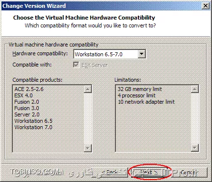 جهت تغییر ورژن ماشین های مجازی تصاویر زیر را مشاهده کنید
||http://virtualization.tosinso.com/files/get/1e631431-fe69-427c-95d9-fec7ebee7b76||
||http://virtualization.tosinso.com/files/get/9da9cf0c-4542-4ec5-bdbc-d7131bbb3612||
||http://virtualization.tosinso.com/files/get/ffb302a1-8ceb-40c3-aa25-afdf57c1cafd||
||http://virtualization.tosinso.com/files/get/b1e22ed4-a6e9-468c-8593-f893eb37214c||
||http://virtualization.tosinso.com/files/get/53fe8010-013e-4d88-bb05-585fca9692fd||
اگر میخواهید که ماشینی مجازی از روی ماشین مجازی مورد نظر ایجاد نمایید و همچنین ماشین مجازی ایجاد شده به آخرین ورژن تغییر یابد، گزینه اول را انتخاب نمایید. اما اگر چنانچه مایلید ماشین مجازی مورد نظر خود به آخرین نسخه ارتقاء یابد، گزینه دوم را انتخاب نمایید که در ادامه ما گزینه دوم را انتخاب میکنیم.
||http://virtualization.tosinso.com/files/get/4bfc17b9-38a5-4278-a585-02c9817263f6||
||http://virtualization.tosinso.com/files/get/0c5934e5-b654-4725-8fae-c9981f42f9a4||