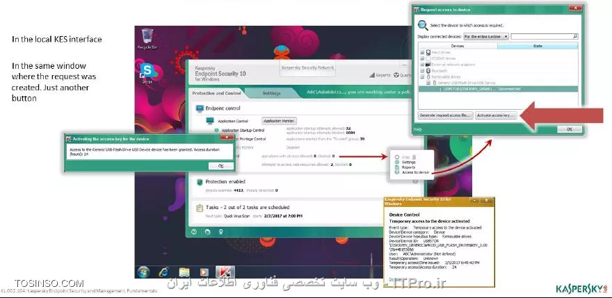 !! تنظیمات دسترسی موقتی به سخت افزارها 
کسپرسکی Endpoint این امکان را می دهد که کاربران بتوانند دسترسی موقتی به دستگاه های مسدود شده داشته باشند ، این فرایند به صورت :

- کاربری نیاز ضروری به یک دستگاه مسدود شده دارد 
- یک درخواست کلید برای کسپرسکی Endpoint برای اینترفیس محلی ارسال می شود 
- ایمیل کلید برای مدیر شبکه ارسال می شود 
- مدیر شبکه درخواست را بررسی می کند و پاسخ می دهد که کاربر می تواند دسترسی به دستگاه داشته باشد 
- کاربر کد را دریافت می کند و وقتی روی دستگاه مورد نظر کلیک کند زمانی برای دسترسی تعیین می شود کاربر نمی تواند زمان را متوقف کند و مدیر شبکه قادر به دسترسی راه دور برای لغو این دسترسی موقت را ندارد ، همچنین شما به عنوان یک مدیر شبکه می توانید برای اینکه تماس های کاربران برای دسترسی به دستگاه های مسدود شده را کاهش دهید می توانید از بخش Device Control چک باکس Allow request for temporary access را بردارید . 
- ارسال یک درخواست 

هنگامی در کسپرسکی Endpoint تب Protection and Control فعال باشد یک منوی میانبر برای دستگاه ها به نام Access to device ایجاد می شود . شما با باز کردن این پنجره می توانید دستگاه هایی که مسدود هستند را مشاهده کنید هنگامی که به دستگاه نیاز دارید می توانید با کلیک روی Get access code اینکار را انجام دهید . و برای اینکه دستگاه اشتباه انتخاب نشود می توانید بر روی بخش For the entire runtime در بخش Currently از این مد استفاده کنید  

نکته : اگر دسترسی به دستگاه ها را مدیر شبکه مسدود کند آنها به رنگ تیره نمایش پیدا می کنند 

دسترسی موقت به صورت پیش فرض بر روی 24 ساعت تنظیم شده است و فرمت کلیدی که توسط مدیر شبکه ارسال می شود به شکل .akey می باشد 

||https://tosinso.com/files/get/6534174c-3037-4fd6-b7c8-8f3d20e0d8c0||

||https://tosinso.com/files/get/a04dfc45-d2c7-4e13-ab26-328d88f3fb7f||

- ساخت کلید فعال سازی 

برای دسترسی موقت به سخت افزارهایی که کاربران نیاز دارند کلیدی ساخته می شود توسط کسپرسکی سرور که مدیر شبکه آن را به کلاینت ها ارجاع می دهد برای این کار در بخش Grant access to devices and data in offline mode ( بر روی لیست کلاینت ها گروه راست کلیک کنید ) فعال سازی شروع می شود . وقتی این پنجره باز شود روی تب Device Conrol سوییچ کنید و روی Brows کلیک کنید و فایل .akey دریافت می شود . حالا مدیر شبکه با انتخاب هر کامپیوتری می تواند دسترسی به کلید را اعمال کند فرمت کلید در زمان دریافت کاربران به صورت .acode می شود . این دسترسی نباید کمتر از یک ساعت و بیشتر از 999 ساعت باشد ، و همانطور که در بالا گفتیم به صورت پیش فرض 24 ساعت است . سپس پیامی برای کاربر اجرا می شود به صورت Active access code که کاربر می تواند با کلیک روی ان کلید را فعال کند . 

||https://tosinso.com/files/get/673fe9e9-c568-4288-8ad3-54ea3ec5a015||

||https://tosinso.com/files/get/a04dfc45-d2c7-4e13-ab26-328d88f3fb7f||

- مانیتورینگ Device Control 

رخداد ها به نام Operation with the device prohibited جمع اوری می شوند و در بخش تب Critical event می توان لاگ های سخت افزار های بلاک شده را مشاهده کرد . همچنین در لاگ Operation with the device allowed  می توان رخداد هایی را مشاهده کرد که نشان دهنده سخت افزار های غیر ممنوعه می باشد . این رکورد ها به صورت پیش فرض به مدت 30 روز نگهداری می شوند . در بخش لاگ Report on Device Control events به صورت عمومی عملکرد دستگاه ها را می توان مشاهده کرد . گزارشی از دستگاه های بلاک شده و غیر بلاک در زمان اتصال و عدم اتصال در اینجا جمع اوری می شوند . 

||https://tosinso.com/files/get/b22dc9a7-e893-44ad-9de7-5fa236a80881||

||https://tosinso.com/files/get/b8884d67-f515-4783-b261-82d24a5880bd||

نویسنده : سید احمد توسلی
منبع : |جزیره امنیت اطلاعات و ارتباطات وب سایت توسینسو::https://tosinso.com/security|
هرگونه نشر و کپی برداری بدون ذکر منبع و نام نویسنده دارای اشکال اخلاقی است

