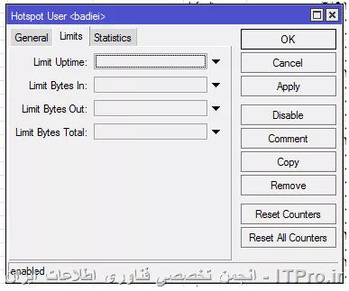 سلام ، در میکروتیک مطابق تصویر جهت محدودیت رنج دانلود ، نمی توان کمتر از 15 مگابایت درج نمود ، یعنی وقتی 15 مگ را به بایت تبدیل کردیم و در محل خود درج نمودیم زمانیکه مرورگر را اجرا کردیم نام کاربری و رمز عبور hotspot را وارد میکنیم پیغام محدودیت می دهد.من برای یک کاربر می خواهم فقط 15 یا 10 مگ تعریف کنم ، نمی شود.لطفا راهنمایی کنید.
||http://tosinso.com/files/get/b2632549-3ff7-4cd2-bc50-50cfbafe6ae9||

||http://tosinso.com/files/get/b0a641b1-2ecd-405c-85b6-2592187a97e2||
