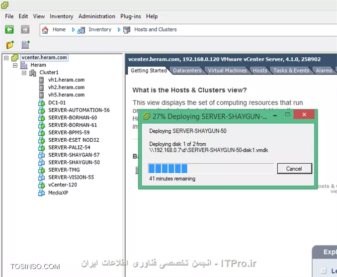 سلام
Export کردن از Vmware Workstation تموم شد. 
بعد توی Vcenter منوی File گزینه Deploy OVF Template رو انتخاب کردم.
||http://virtualization.tosinso.com/files/get/56a59bc4-e539-4591-bf65-ff1ee1c933ab||

اینجا هم سادست Browse  کردم و فایلی که Vmware Workstation برام Export کرده بود رو بهش معرفی کردم.
||http://virtualization.tosinso.com/files/get/48d3666f-1ee6-41db-8981-94f32888cbc6||

شروع کرد به Deployment کردن (استقرار)
||http://virtualization.tosinso.com/files/get/b264037e-d8e6-4fd0-a9c9-20bcae269704||

هنوز تموم نشده تموم بشه می گم 