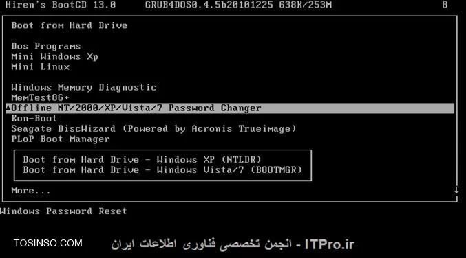 اگر قراره که با یه mini windows بالا بیاییم این همه اذیت کنیم خودمون رو خب چه کاریه!!!
با |Hirens’ Boot CD::http://network.tosinso.com/tools/2087/Hirens%E2%80%99-Boot-CD-%D8%B3%DB%8C-%D8%AF%DB%8C-Bootable-%D8%A8%D8%A7-%D8%A7%D8%A8%D8%B2%D8%A7%D8%B1%D9%87%D8%A7%DB%8C-%DA%A9%D8%A7%D8%B1%D8%A8%D8%B1%D8%AF%DB%8C| سی دی Bootable بوت میکنیم و بدون نیاز به miniwin فقط با چند کلیک پسوردمون رو برمیداریم
*این روش نه تنها بر روی XP بلکه بر روی ویستا به بعد هم عملی هست*
در محیط Dos بدون نیاز به ورود ویندوز
||http://network.tosinso.com/files/get/b338a030-1bf0-4fb8-a8ee-be2eca0e0470||
در محیط miniwindows 
||http://network.tosinso.com/files/get/e467454a-b6c6-43e1-be40-48135e24e87b||
