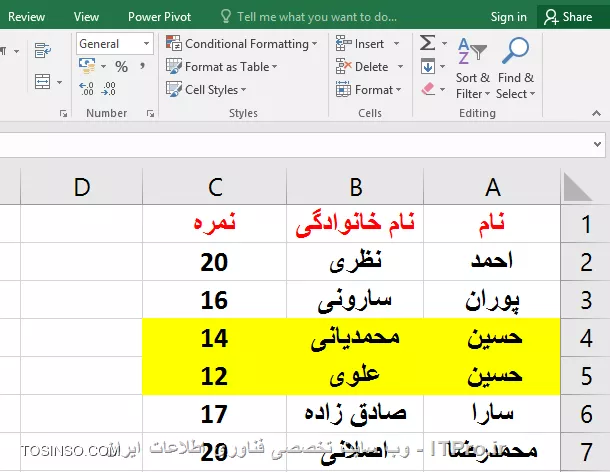 با سلام خدمت همه ITPRO های عزیز و دوستداشتنی ،در ادامه بخش اول مقاله انواع روش های مرتب سازی در اکسل با شما همراه هستیم . در ابتدای اون مقاله گفتیم که یکی از مباحث بسیار کاربردی در مجموعه نرم افزار آفیس قابلیت مرتب سازی یا همان Sort می باشد. این قابلیت در نرم افزار اکسل بسیار پرکاربرد تر و برجسته تر می باشد چون معمولا بحث محاسبات در این نرم افزار صورت می گیرد این ویژگی کمک زیادی به کاربران آن در انجام راحت تر این محاسبات و مرتب سازی آنها می کند. مثلا همین الان کاربران برتر در این وب سایت را در نظر بگیرید که به ترتیب از امتیاز بالا به پایین مرتب شده اند این یک نمونه مرتب سازی نزولی می باشد. ما در این مقاله به بررسی انواع مرتب سازی یا SORT های باقیمانده می پردازیم. 

1- مرتب سازی ستونی (Columns) در اکسل
2- مرتب سازی سطری (Rows) در اکسل 
3 - مرتب سازی صعودی (از A به Z) بر اساس محتویات سلول ها در اکسل
4 -مرتب سازی نزولی (از Z به A) بر اساس محتویات سلول ها در اکسل
*5- مرتب سازی بر اساس یک یا چند ستون یا سطر در اکسل*
*6 - مرتب سازی بر اساس لیست در اکسل*
*7 - مرتب سازی بر اساس رنگ سلول ها در اکسل*
*8 - مرتب سازی بر اساس رنگ فونت محتویات سلول ها در اکسل*
*9 - مرتب سازی بر اساس آیکون های سلول ها در اکسل*

در ادامه با روش پنجم مرتب سازی از لیست بالا  این آموزش رو ادامه می دهیم .

*5- مرتب سازی بر اساس یک یا چند ستون یا سطردر اکسل *
ما در بخش یک این مقاله فقط به مرتب سازی صعودی و نزولی در حد یک ستون یا سطر پرداختیم . اما در واقع اکثر کاربرگ های اکسل شامل اطلاعات در چندین سطر یا ستون می باشد . گاها چون این اطلاعات مرتبط به هم هست ما باید همه آنها را با هم مرتب کنیم و گاهی هم دربین سطرها و ستون های زیادی که شامل اطلاعات هست ما فقط می خواهیم یک سطر یا ستون را مرتب سازی کنیم . ما در این مثال می خواهیم سه ستون را که شامل اطلاعاتی مرتبط بصورت سطری هست را مرتب سازی کنیم. ستونی را که می خواهیم بر اساس آن مرتب سازی را انجام دهیم انتخاب می کنیم که ما در اینجا بر اساس ستون نام خانوادگی اینکار را انجام می دهیم. سپس روی یکی از گزینه های مرتب سازی صعودی و یا نزولی کلیلک می نماییم.

||http://tosinso.com/files/get/7bde2ba1-6da1-46b8-99bc-434aa0d2b569||

با کلیلک کردن روی گزینه مرتب سازی صعودی پنجره کوچکی ظاهر می شود به شکل زیر 

||http://tosinso.com/files/get/9ac53e38-df3e-44ac-8a6e-6dbb88bacef0||

که شامل دو گزینه می باشد .گزینه اول Expand The Selection به این معنی که تمام ستون های مجاور هم به همراه محدوده انتخابی مرتب سازی می شوند.

||http://tosinso.com/files/get/d27cb965-ce51-4500-8044-9942dd39e686||

گزینه دوم Continue with The Current Selection به این معنی که فقط محدوده انتخابی مرتب سازی می شود.

||http://tosinso.com/files/get/a3c5963c-c34b-4054-9ae2-f5b6734a4665||

||http://tosinso.com/files/get/be9405c9-3bfd-422d-a2fc-08a10fa9b0ee||

در تصویر زیر مشاهده می کنید که فقط ستون نام خانوادگی مرتب سازی شده است و اطلاعات دو ستون دیگر تغییری نکرده است . با توجه به اینکه معمولا یک کاربرگ اکسل شامل سطرهایی از اطلاعات مربوط به یک موضوع خاص می باشد ، معمولا در انجام این نوع مرتب سازی دقت لازم را داشته باشید که باعث بهم ریختگی اطلاعات شما نشود .

||http://tosinso.com/files/get/c818c6fb-8770-4947-bb13-c58dfa13a5c5||

روش مرتب سازی برای سطرها هم همانند روش بالا نیز می باشد .یک نکته قابل توجه در این روش این هست که گاها شما در هنگام مرتب سازی بر اساس یک ستون ممکن است به موارد مساوی در آن بخش برخورد کنید در اینجا شما می توانید ملاک مرتب سازی در آن ستون را بر اساس ستون های دیگر مشخص کنید .در مثال زیر ما مرتب سازی را براساس ستون نام بصورت صعودی انجام می دهیم اما با دو نام یکسان روبرو می شویم و ملاک مرتب سازی را برای این موارد ستون نام خانوادگی انتخاب می کنیم و در آن نوع مرتب سازی را روی نزولی قرار می دهیم .

||http://tosinso.com/files/get/f7e41b00-91f8-49fc-a747-9b72a4c13124||

||http://tosinso.com/files/get/db640466-2f1c-4c1e-86bf-3e1e8164489d||

با استفاده از گزینه Add Level در تصویر زیر یک مرحله دیگر جهت مرتب سازی اضافه می کنیم و آن را روی ستون نام خانوادگی و از بزرگ به کوچک تنظیم می نماییم.

||http://tosinso.com/files/get/8db87dbc-fa6d-4765-8600-20dabc52568b||

در تصور زیر مشاهده می کنید که به نسبت قبل از مرتب سازی دو نام خانوادگی که اسامی یکسانی داشتند جابجا شده اند .

||http://tosinso.com/files/get/b34a0ee1-d56f-4244-8de5-6d29e8943607||

*6 - مرتب سازی بر اساس لیست در اکسل*
بعضی مواقع می توانیم مرتب سازی را براساس لیست هاانجام دهیم . مثلا روزها و ماه ها ی لاتین بصورت پیش فرض در لیست های اکسل موجود می باشند چنانچه شما لیست خاصی مد نظرتان هست می توانید آن را بسازید و بر اساس آن مرتب سازی را انجام نمایید .ابتدا محدوده مورد نظر جهت مرتب سازی را انتخاب نمایید در کادر Sort در قسمت Order گزینه Custom List را انتخاب نمایید و گزینه New List را انتخاب و لیست مورد نظرتان را به ترتیب وارد نمایید و سپس گزینه Add را انتخاب تا به لیست های پیش فرض اکسل اضافه گردد.

||http://tosinso.com/files/get/44777d33-e132-4633-8f7a-0b1524f75f30||

||http://tosinso.com/files/get/ce2dfb62-a672-4161-b8cd-6947686593d5||

مرتب سازی بر اساس لیست ساخته شده  را در تصور زیر مشاهده می کنید.

||http://tosinso.com/files/get/42621836-7fe7-4d47-b2c4-9a5411516da2||

*7 - مرتب سازی بر اساس رنگ سلول ها در اکسل*
یکی از روش های جالب مرتب سازی بر اساس *رنگ سلول ها* می باشد. برای انجام اینکار محدوده مورد نظر را انتخاب و در کادر SORT به تعداد مورد نیاز روی گزینه Add Level کلیلک می نماییم و در بخش SORT ON گزینه Cell color را انتخاب می نماییم  و در بخش Order  نوع چینش ترکیب رنگ را برای سطرهای مختلف انتخاب می نماییم.

||http://tosinso.com/files/get/a44e4179-ea16-4efc-9af6-2fdd17e7d4cf||

||http://tosinso.com/files/get/6e2d3f9a-bc5c-4830-a05d-190b3bcb7362||

مرتب سازی بر اساس چینش مشخص شده را در تصویر زیربر اساس رنگ سلول ها  مشاهده می نمایید.

||http://tosinso.com/files/get/94f532c8-285f-4d4a-a56f-7ad440dffc27||

*8 - مرتب سازی بر اساس رنگ فونت محتویات سلول ها در اکسل*
 روش متفاوتی دیگر جهت مرتب سازی سلول ها در اکسل که بر اساس *رنگ فونت محتویات سلول ها* انجام می گیردو برای انجام اینکار محدوده مورد نظر را انتخاب و در کادر SORT به تعداد مورد نیاز روی گزینه Add Level کلیلک می نماییم و در بخش SORT ON گزینه font color را انتخاب می نماییم  و در بخش Order  نوع چینش ترکیب رنگ را برای سطرهای مختلف انتخاب می نماییم.

||http://tosinso.com/files/get/9a494c22-2354-4381-892a-66665f958c53||

||http://tosinso.com/files/get/a7d6656c-5dae-4a04-adde-1880c6f8b39a||

مرتب سازی بر اساس چینش مشخص شده را در تصویر زیر بر اساس رنگ فونت ها  مشاهده می نمایید.

||http://tosinso.com/files/get/136aea32-1905-4877-a6b5-e9ae68aabedd||

*9 - مرتب سازی بر اساس آیکون های سلول ها در اکسل*
و باز هم روش جالب دیگر جهت مرتب سازی سلول ها در اکسل که بر اساس *آیکون های موجود در سلول ها* انجام می گیرد جهت استفاده از این آیکون ها بایدبه بخش Conditional Formatting  و گزینه Sets Icon مراجعه نمایید. جهت اطلاع از کاربرد های دقیق این بخش به مقاله زیر مراجعه نمایید.
|ویژگی های جالب Conditional Formatting در نرم افزار اکسل (Excel)::https://tosinso.com/articles/42797/Conditional-Formatting-%da%86%db%8c%d8%b3%d8%aa%d8%9f-%d9%85%d8%b9%d8%b1%d9%81%db%8c-%d9%82%d8%a7%d8%a8%d9%84%db%8c%d8%aa-%d9%82%d8%a7%d9%84%d8%a8-%d8%a8%d9%86%d8%af%db%8c-%d8%b4%d8%b1%d8%b7%db%8c-%d8%af%d8%b1-%d8%a7%da%a9%d8%b3%d9%84(excel)|
||http://tosinso.com/files/get/80665d9d-628b-43e0-a733-6c56dd6b4007||

و برای انجام اینکار محدوده مورد نظر را انتخاب و در کادر SORT به تعداد مورد نیاز روی گزینه Add Level کلیلک می نماییم و در بخش SORT ON گزینه Cell Icon را انتخاب می نماییم  و در بخش Order  نوع چینش آیکون ها را برای سطرهای مختلف انتخاب می نماییم.

||http://tosinso.com/files/get/7b98f5a0-c2f1-4588-8a04-148fc0ff6700||

مرتب سازی بر اساس چینش مشخص شده را در تصویر زیر بر اساس آیکون ها مشاهده می نمایید.

||http://tosinso.com/files/get/45a82ce4-0b9c-4cce-95db-52d70bfb0667||

امیدوارم که مفید واقع شده باشد.

نویسنده : احمد نظری
منبع : |جزیره مبانی کامپیوتر و مهارت های هفتگانه وب سایت توسینسو::https://tosinso.com/icdl|
هرگونه نشر و کپی برداری بدون ذکر منبع و نام نویسنده دارای اشکال اخلاقی می باشد.  