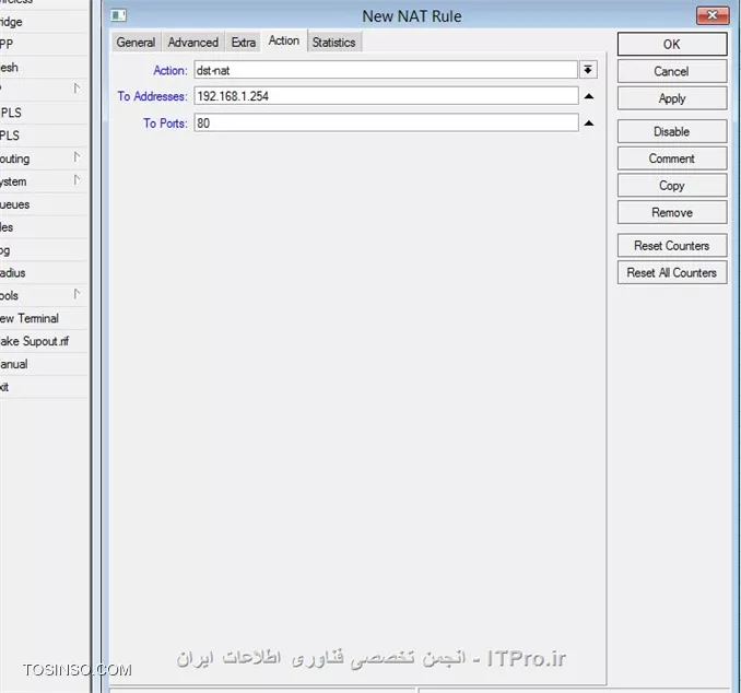 تصاویر زیر مراحل تنظیم NAT در Winbox رو آموزش میدن، برای اینکه به اون مشکل هم روبرو نشید dst-nat رو پورتی غیر از 80 قرار بردید.
||http://network.tosinso.com/files/get/8c2f0e68-1600-4424-b151-6c873e0b57ed||
||http://network.tosinso.com/files/get/b3ad3161-dc9e-4029-b14e-dd5af979ffd4||