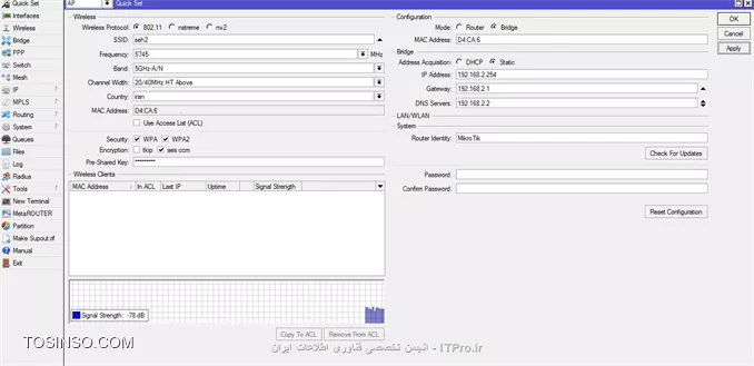 سلام ، یک اکسس پوینت میکروتیک دارم که دو تا مشکل باهاش دارم اونم اینکه با توجه به اینکه آی پی گرفته ولی نه پینگ میشه و نه صفحه وب براش باز میشه فقط میشه از طریق Winbox با مک آدرس بهش وصل شد میشه بگید مشکلش کجاست؟ در میکروتیک ریست فکتوری شده است

||http://tosinso.com/files/get/b3b80794-dde7-43ac-b84f-71c009fd2353||

||http://tosinso.com/files/get/e2a88355-0b63-41e8-90c7-a652911dec46||

