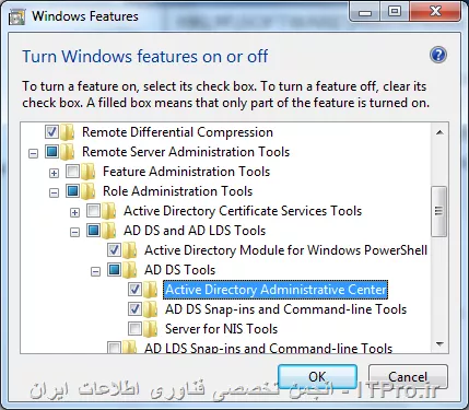 برنامه  Remote Server Administration Tools for Windows 7 with Service Pack 1 (SP1) را از این |لینک::https://www.microsoft.com/en-AU/download/details.aspx?id=7887| دانلود کرده و سپس طبق شکل زیر مراحل را دنبال نمایید:

<center>
||http://network.tosinso.com/files/get/72389147-10dc-48b9-9d5c-875def747e95||
||http://network.tosinso.com/files/get/aed5fc98-a417-449d-9415-aa1ba5930096||
||http://network.tosinso.com/files/get/de44e680-72ef-45aa-9443-18a4a97aac16||
||http://network.tosinso.com/files/get/09ed9843-9822-4054-9158-f761a405f34e||
||http://network.tosinso.com/files/get/a09d886a-8f1d-4526-bca4-92becdb04b7a||
||http://network.tosinso.com/files/get/b41aacb8-b364-4fe6-b417-59062b05088e||
||http://network.tosinso.com/files/get/855fa243-5d64-4b03-bb9c-2ee10619ac1c||
<center>
