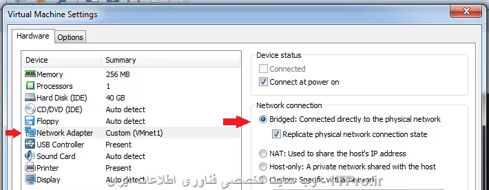 اگر اشتباه نکنم شما دارید اینترنت رو با استفاده از ICS به اشتراک میزارید به خاطر همین جواب نمیگیرید خب من مراحل اشتراک گذاری اینترنت از طریق Bridge کردن رو توضیح میدم اگر دوست داشتید این روش رو هم امتحان کنید
اول از همه VMware رو Run as Administrator کنید و بعد به مسیر Edit > Virtual network editor رفته و در پنجره باز شده ، در لیست ، VMnet0  Bridged رو انتخاب کنید و در منوی کشویی که در پایینش قرار داره کارت شبکه وایرلس خودتون رو انتخاب کنید و OK کنید. (البته اگر کارتهای شبکه دیگر شما به جایی وصل نباشند احتمالا همون گزینه Automatic هم کار رو راه بندازه)
||http://icdl.tosinso.com/files/get/8014881d-a1ec-44be-b6f9-25daeda6607b||
بعدش در تنظیمات ماشین مجازی خودتون کارت شبکه اون رو در حالت Bridged قرار بدید .
||http://icdl.tosinso.com/files/get/b4279078-7c95-44d5-bc7b-c3d5c990f332||
انجام این کار  باعث میشه که کارت شبکه ماشین مجازی شما با کارت شبکه وایرلس Bridge بشه و مثل این میمونه که ماشین مجازی مستقیما از کارت شبکه وایرلستون ارتباط میگیره
حالا در سیستم اصلی IP دستی دلخواه تنظیم کنید و جای Default Gateway رو خالی بزارید که نتونه اینترنت بگیره . از طرفی در ماشین مجازی تنظیمات آی پی رو بصورت خودکار قرار بدید تا از اکسس پوینت شما IP بگیره. به این صورت ماشین مجازی اینترنت داره و سیستم اصلی شما اینترنت نمیتونه داشته باشه.
سعی کردم مراحل رو تقریبا کامل توضیح بدم که جواب بگیرید امیدوارم مشکلتون حل بشه .