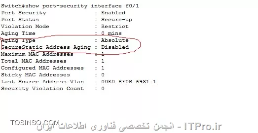 با سلام و احترام
ممنون از پاسخ هایتان
چند تا سوال داشتم جداگانه مطرح می کنم:
1- مهندس جان فرض کنیم که روی یک پورت سوئیچ Port Security غیر فعال هست. حال سوال این است اگر یک Pc به سوئیچ متصل شود خوب بدیهی است که آدرس macآن هم در mac-table سوئیچ ذخیره می شود. حال اگر همین pc  از پورت مربوطه سوئیچ قطع شود یا ارسال و دریافت با پورت مربوطه سوئیچ نداشته باشد چه مدت زمان آدرس mac  آن pc  در جدول mac-table سوئیچ باقی می ماند؟
2- با توجه به شکل زیر موارد مطرح شده در Port-security  به چه معناست؟
||http://network.tosinso.com/files/get/b454e04a-cfe8-4ced-a8c9-e2788151cf33||
ممنون می شوم ارتباط پارامترهای مربوطه را به یکدیگر مطرح بفرمائید
ارتباط Aging time  و Aging type و Securestatic aging


