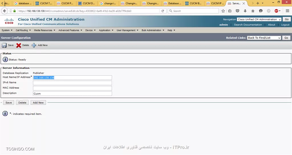 بعد از برسی  تنظیمات VMware و تحقیق درباره نحوه تنظیمات Network Adapter فهمیدم که بهتره از حالت Bridged  استفاده کنم . اما موفق نمیشدم با آی پی قبلی توی مرورگر صفحه CUCM Admin  رو باز کنم . فهمیدم که باید آی پی رو عوض کنم . با دستورات CLI تنظیمات Gatewaye و IP رو عوض کردم روی گوشی هم با نرم افزار Ping Tools Pro آی پی جدید رو Ping گرفتم اما این بار زمانی که خواستم لاگین کنم به خطای  Database Communication error برخوردم و بعد از کلی بررسی فهمیدم با دستور : utils dbreplication status که خطای Database is down; please restart the database before reattempting a status check به وجود اومده و database Replication  رو خراب کردم .
باز با جستجوی زیاد فهمیدم ابتدا باید از داخل CM Admin Web Page--> system --> Server آی پی جدید رو در قسمت datebase Replication  وارد کنم و بعد با دستورات CLI تنظیمات آی پی و Gatewaye رو تغییر بدم .
|Change Ip Address in CUCM::http://www.cisco.com/c/en/us/support/docs/voice-unified-communications/unified-communications-manager-callmanager/116292-install-cucm-00.html|
||http://network.tosinso.com/files/get/13c98425-8398-4c52-b23e-d24d97775675||
||http://network.tosinso.com/files/get/b457a9ad-4c5e-44a7-b6d4-d8edb622bfd4||
||http://network.tosinso.com/files/get/60e189ee-8e09-44c9-9e7a-84e40edeff01||
||http://network.tosinso.com/files/get/8b026b41-5d4e-4cca-84f8-0ec4206574fa||
||http://network.tosinso.com/files/get/60752e5f-5fb2-441d-96a0-5d286fd0be86||