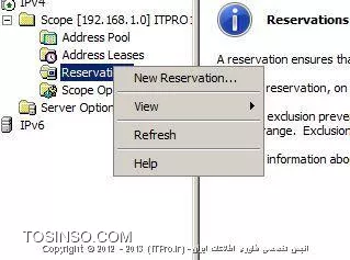 DHCP  یا Dynamic Host Configuration Protocol هسته ی یکی از سرویس های زیرساختاری شبکه محسوب می شود که مسئولیت ارائه IP آدرس ها و اطلاعات مربوط به DNS  سرورها به کلاینتها را بر عهده دارد. درمقاله |DHCP Option::http://www.tosinso.com/Articles/Details/541/DHCP%20Options| به معرفی Option ها و گزینه هایی که در نصب سرویس DHCP در ویندوز سرور 2008 به دانستن مفهوم آنها نیازمند بودیم پرداختم.در این مقاله به صورت تصویری نحوه ی نصب رول DHCP را توضیح خواهم داد و نگاهی گذرا به کنسول مدیریتی DHCP در ویندوز سرور 2008 خواهم داشت.

جهت نصب رول DHCP ، اولین موردی که باید به آن توجه داشت و پیش از نصب ،تنظیم مربوط به آن را چک کرد،داشتن Static IP سروری است که قصد نصب رول DHCP بر روی آن را دارید.در صورتی که سرور دارای Static IP نباشد،شما قادر نخواهید بود رول DHCP را بر روی آن نصب کنید.بعد از دادن IP دستی به سرور یا همان تنظیم Static IP باید طراحی های لازم جهت راه اندازی سرویس DHCP را انجام دهید.در طراحی باید موارد زیر را در نظر بگیرید:

* شبکه ای که قصد نصب این سرویس را بر روی آن دارید دارای چند سابنت و چه رنج IP می باشد؟
* IP آدرس های مر بوط به DNS سرور ،Default Gateway  و  دیگر سرورهای حیاتی و مهم در شبکه ،چه IP هایی هستند؟
*  سرویس DHCP مسئولیت ارائه خدمات به چندین کلاینت یا Device را در شبکه دارد؟
* سروری که قرار است سرویس DHCP بر روی آن نصب شود دارای چند کارت شبکه است ؟
* آیا نیاز شما اقتضا میکند که به روی هرکارت شبکه یک Scope  طراحی کنید یا نه ؟
* متناسب با تعداد کارتهای شبکه،چندین Scope خواهید داشت و کدام Scope بر روی کدام کارت شبکه قرار خواهد گرفت؟
* هر Scope باید از چه رنج IP شروع و تا چه رنج  IP ادامه داشته باشد.بهتر است Scopeها از قبل تعیین شوند.
* رنج IP مربوط به Exclusion Range را مشخص کنید.
* پیشنهاد می شود کلاینتهایی را که می خواهید IP آنها در Reservation Range قرار گیرند را مشخص کنید تا از قلم نیفتند.

!! نصب DHCP Role
جهت نصب رول DHCP ابتدا باید وارد کنسولServer Manager شوید،سپس گزینه Add Roles را انتخاب کنید:

 ||http://www.tosinso.com/files/get/49e7db6a-f526-430f-b283-eef0c7313ab5||
||http://www.tosinso.com/files/get/5ac7cf32-5bb3-4e9b-ba6e-ac73fd9855d5||
 سپس در میان رولهای نمایش داده شده در پنجره زیر،رول DHCP را تیک دارو گزینه Next را انتخاب کنید:

||http://www.tosinso.com/files/get/05e5b9ba-1932-4229-ad65-9ea4b7eeff08||
در صورتی که به سرور خود Static IP نداده باشید،در این مرحله اخطاری مبنی بر Static IP نبودن سرور و عدم امکان نصب رول DHCP را دریافت خواهید کرد.
در مرحله بعدی تعداد کارتهای شبکه ای که در سرور شما وجود دارند و شما می خواهید به روی آنها Scope های خود را تعریف کنید، نمایش داده خواهدشد. هرکدام از کارت شبکه هایی که می خواهید Scope های خود را به روی آنها تعریف کنید ،انتخاب یا تیک دار کنید.اصطلاح Connection Binding یعنی اینکه کدام رنجهای IP بر روی کدام کارت شبکه قرار گرفته باشند. 
همچنین شما درحین نصب رول DHCP  میتوانید دیگر تنظیمات مربوط به Scope ها را هم انجام دهید.در صورتی که تمایل داشته باشید Scope های خود را در همان کنسول مدیریتی DHCP انجام دهید،میتوانید از این مراحل بدون پر کردن گزینه های آن بگزرید.در اینجا ما انجام تنظیمات مربوط به Scope ها را به کنسول مدیریتی DHCP واگذار خواهیم کرد.

 ||http://www.tosinso.com/files/get/d954be2c-3741-4e67-87d9-2f18a1386ca6||
سپس در این مرحله مشخصات مربوط به Parent Domain یا دومینی که می خواهید DHCP  سرور بر روی آن فعالیت داشته باشد و همچنین مشخصات مربوط به DNS Server را وارد کنید و سپس گزینه Validate  را انتخاب کنید تا معتبر بودن DNS سرور شما بررسی و تایید شود.در صورت درست بودن IP مربوط به DNS سرور ، عبارت Valid همراه با تیک سبز رنگ در زیر آن قسمت ظاهر خواهد شد.در نهایت گزینه Next  را انتخاب کنید.

 ||http://www.tosinso.com/files/get/047dd83e-aab9-4ec0-9fa9-ef2a23c0e9e2||
در این مرحله در مورد سرویس WINS از شما سوال پرسیده می شود.در صورتی که در شبکه خود از این سرویس استفاده میکنید در اینجا IP مربوط به سرورهای آن را باید وارد کنید در غیر اینصورت گزینه اول را انتخاب و Next را بزنید:

 ||http://www.tosinso.com/files/get/c8f90b3b-bced-48bf-9612-0c8f1d61b39a||
همانطور که در بالانیز اشاره کردم شما میتوانید در حین نصب رول DHCP ، Scopeهای خود را نیز تعریف کنید .اینکار را در این مرحله از نصب رول می توانید انجام دهید.جهت تعریف Scope  کافی است گزینه Add را زده و اطلاعات خواسته شده مربوط به آن Scope را نیز وارد کنید.در غیر اینصورت گزینه Next را انتخاب کنید و وارد مرحله بعد شوید.
 
||http://www.tosinso.com/files/get/5a9b42e5-6711-44c5-8caa-de4dee95a345||
||http://www.tosinso.com/files/get/ae7a8e02-c12b-4299-9df7-3444b4a306d3||

در این مرحله در صورتی که از IPV6 استفاده میکنید میتوانید گزینه اول را جهت فعالسازی DHCPV6 انتخاب کنید.در غیر اینصورت گزینه دوم را انتخاب و Next را بزنید.
 
||http://www.tosinso.com/files/get/7e1dc8f1-17c7-45d1-b44f-abdf4f620325||

همانطور که از عنوان این پنجره بر می آید،در این قسمت نحوه Authorize کردن را انتخاب میکنید.اکتیودایرکتوری لیستی از DHCP سرورهای مجاز را در خود ذخیره میکند .جهت ذخیره و معرفی این DHCP سرور به اکتیودایرکتوری ،در این قسمت کاربری که در اکتیودایرکتوری است را وارد میکنید.در گزینه اول کاربری که با آن مشغول نصب این سرویس می باشید را انتخاب میکند که معمولا این کاربر ادمین است.در گزینه دوم شما نام کاربر دیگری را میتوانید وارد کنید.در گزینه ی آخر هم می توانید از ذخیره و معرفی این DHCP سرور به اکتیودایرکتوری خودداری کنید و گزینه Next را انتخاب کنید.اما همانطور که میبینید در پایین گزینه سوم به شما این هشدار را میدهد که این DHCP سرور برای اینکه بتواند در اکتیودایرکتوری سرویس دهد باید در آن Authorize شود.به هر حال این انتخاب شما می باشد.در نهایت گزینه Next را انتخاب کنید.

||http://www.tosinso.com/files/get/eabf314e-768e-4890-88cc-f4cadc3d7c7a||
 
در آخر خلاصه ای از اطلاعاتی که وارد کرده اید را به شما نمایش میدهد  و شما با زدن کلید Install این اطلاعات را تائید و نصب رول DHCP را آغاز میکنید.در صورتی که قسمتی از اطلاعات به درستی وارد نشده است گزینه  Previous را انتخاب و آن قسمت مورد نظر را اصلاح کنید.

||http://www.tosinso.com/files/get/7cf3ecd5-e7f5-4656-b614-a0ea465ad130||
 
با انتخاب گزینه Install ، رول DHCP شروع به نصب میکند.

||http://www.tosinso.com/files/get/be4b7009-f294-4b9d-9161-aa79f43cf497||
 
و در نهایت رول DHCP نصب می شود:
 
||http://www.tosinso.com/files/get/ab71f3f7-eae5-4fe1-900c-ecf8be4eeb96||

جهت وارد شدن به کنسول مدیریتی DHCP سرور از طریق منوی استارت،گزینه Administrative Tools و سپس DHCP را انتخاب کنید یا در Run تایپ کنید: dhcpmgmt.msc

شکل زیر نمایی از کنسول مدیریتی DHCP سرور است:

||http://www.tosinso.com/files/get/9d02c750-7c35-4dc4-9607-627f90456827||

!! ایجاد Scope جدید
برای ایجاد یکScope جدید در کنسول مدیریتی DHCP ،بر روی IPV4 راست کلیک کرده و گزینه New Scope را انتخاب کنید.سپس مراحل زیر را با دقت دنبال کنید:
 
||http://www.tosinso.com/files/get/34d01466-0152-4896-8166-7742f011fd8f||
||http://www.tosinso.com/files/get/b252e709-06b6-4010-9263-7b276c3ccf82||
 
در این پنجره باید برای Scopeی که می خواهید ایجاد کنید نامی انتخاب کنید و برای آن می توانید توضیحاتی را در قسمت Description اضافه کنید.Description در مواقعی که تعداد Scope ها زیاد باشد بسیار کاربردی می باشد.سپس گزینه Next را انتخاب کنید:

||http://www.tosinso.com/files/get/9fe64976-e2b7-4ee8-a34d-03144fc29c63||
 
در این پنجره،رنج IP ی که می خواهید آن Scope داشته باشد را مشخص می کنید.به خاطر داشته باشد که در End IP ، 8 کاراکتر آخر نمی تواند بیشتر از 254 باشد(همانطور که می دانید از 255 جهت Broadcast استفاده می شود). متناسب با رنج IP ی که واردمیکنید و کلاسی که آن رنجIP دارد،در قسمت پایین به صورت خودکار Subnet پر می شود:

||http://www.tosinso.com/files/get/47653958-410e-44a5-b8e7-0848a93487fa||
 
در پنجره بعدی شما آن رنجی را که می خواهید به عنوان Exclusion Range در نظر بگیرید را تعریف میکنید.شما می توانید بیش از یک Exclusion Range تعریف کنید.همانطور که میبینید در اینجا دو رنج IP برای Exclusion Range در نظر گرفته شده است:
 
||http://www.tosinso.com/files/get/a4f5cca4-1815-44ae-b36d-1cdd28af941b||

همانطور که از اسم این پنجره بر می آید،شما در اینجا مدت زمانی را که می خواهید IP ها را به کلاینتها قرض بدهید را تعریف می کنید،این مدت زمان یا همان Lease Duration به صورت پیش فرض 8 روز در نظر گرفته شده است که می توانید آن را تغییر دهید:
 
||http://www.tosinso.com/files/get/1fa23d7d-5a2b-4f5b-869f-22e83d7dde20||

در پنجره بعدی مشخص میکنید که آیا می خواهید تنظیمات مربوط به Option های DHCP را انجام دهید یا نه؟در اینجا جهت انجام این تنظیمات گزینه اول انتخاب شده است:

||http://www.tosinso.com/files/get/4ceda800-8a6c-42b8-bc71-0fe5f861c063||
 
Default Gateway های خود را در این قسمت تعریف و سپس Next را انتخاب کنید:

||http://www.tosinso.com/files/get/0a0c83ef-0d91-43c0-a71e-efbd5718af35||
 
در مرحله بعدی نام دومین و مشخصات مربوط به DNS Server را وارد کنید و گزینه Next را انتخاب کنید:

||http://www.tosinso.com/files/get/0d7d3874-6843-4b34-b2b7-09fbfae2d0b7||
 
در صورتی که از سرویس WINS استفاده میکنید اطلاعات مربوط به آن را وارد کنید ،در غیر اینصورت هم مجددا گزینه Next را انتخاب کنید:

||http://www.tosinso.com/files/get/2240e1fe-d43e-46a4-acea-a66de90341e7||
 
در این پنجره از شما پرسیده می شود که آیا می خواهید Scope مورد نظر را فعال کنید یا خیر؟در اینجا گزینه اول جهت فعالسازی Scope انتخاب شده است:
 
||http://www.tosinso.com/files/get/ae9083c0-05aa-4546-8595-30643ec0ff85||

و در نهایت با انتخاب گزینه Finish ،Scope  مورد نظر شما ایجاد خواهد شد:

||http://www.tosinso.com/files/get/51623f82-3668-4d53-b0c8-d0787a10bc3c||
 
و این هم نمایی از Scope ی که ایجاد کرده اید:

||http://www.tosinso.com/files/get/883a7d9c-1a06-417e-a07a-e6b23a5ec24f||
 
!! Scope Options
*Address Pool:*
کلیه IPهای مربوط به Scopeی که تعریف کرده اید در این قسمت قرار دارند.

*Address Lease:*
هر کلاینتی که در شبکه بالا بیاید و از سرویس DHCP ، IP دریافت کند در قسمت Address Leases ظاهر خواهد شد.

*Reservation:*
جهت اختصاص دادن Static IP به برخی از کلاینتهای بخصوص در این قسمت می توانید IP را برای آن کلاینتها را تعریف کنید.بر روی Reservation راست کلیک کرده و New Reservation را انتخاب کنید و سپس اطلاعاتی که از شما خواسته شده است را وارد کنید:
 
||http://www.tosinso.com/files/get/b47b5539-2d25-4c5f-b24d-f18d5fc240f3||
||http://www.tosinso.com/files/get/e98f70a0-d7bf-48f1-8320-e8e8f797e3f0||
 
*Scope Option:*
در این قسمت می توانید تنظیمات مربوط به Scope را ایجاد یا تغییر دهید.بر روی Scope option راست کلیک و گزینه Configure Option را انتخاب کنید:
 
||http://www.tosinso.com/files/get/1519b44e-51b7-4855-90d5-944f365797c0||
||http://www.tosinso.com/files/get/124f24c0-3cf9-4966-8522-dc9ef93f2115||
 
!! نتیجه گیری
DHCP یکی از سرویس های پایه ای و اساسی در شبکه محسوب می شود که تعریف،نصب و راه اندازی آن همانند دیگر سرویس های مهم شبکه نیازمند دقت و طراحی  می باشد.در این مقاله سعی شد نگاهی بر مبانی لازم جهت نصب و راه اندازی این سرویس مهم را  ارائه دهم.


نویسنده : فاطمه قرباوی
منبع : |جزیره سرویس های شبکه مایکروسافت وب سایت توسینسو::https://tosinso.com/microsoft|
هرگونه نشر و کپی برداری بدون ذکر منبع دارای اشکال اخلاقی می باشد. 