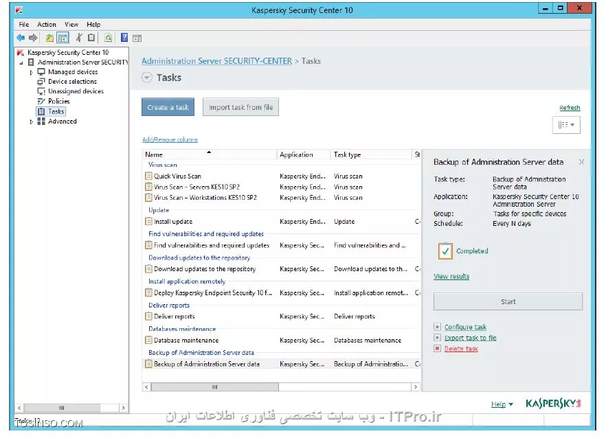 !! Back up , Restore Kaspersky Security Center 
در این آزمایش قصد داریم کپی از بک آپ  برای Kaspersky Security Center را انجام دهیم 

* ماشین های DC و Security-Center را روشن کنید 

* ماشین های Laptop - PC1 را روشن کنید 

- Security-Center 

1- وارد بخش Administration Console 

2- بر روی Tasks بروید 

3- انتخاب کنید تسک  Backup of Administration Server data

4- کلیک کنید روی Configure task 

||https://tosinso.com/files/get/b47bfc85-950a-4a62-b98b-b828f1aaeca6||

5- سوییچ کنید بر روی Settings 

||https://tosinso.com/files/get/b6c1b458-a901-42b9-934d-966701950c9a||

6- حالا مسیر بک آپ که %ProgramData%\KasperskySC\SC_Backup را بررسی کنید 

7- پسورد certificate سرور را root تعریف کنید 

||https://tosinso.com/files/get/900c3c92-22ad-40ec-8abb-625e5eaa838d||

8- وارد Notification شوید 

||https://tosinso.com/files/get/cc18312f-5cad-4d4a-94c8-62fd09dd377d||

9- چک باکس Send email فعال کنید 

10- بردارید چک باکس  Notify of errors only و OK کنید 

||https://tosinso.com/files/get/96ad709f-6bdf-449e-9f0e-60bf6f73ca1c||

11- حالا بر روی تسک backup گزینه Start را کلیک کنید 

||https://tosinso.com/files/get/eccae49e-6e07-41f1-aa3c-c9b8d643b3ed||

12- حالا پیامی با مضنون ری استارت شدن کسپرسکی سرور داده می شود و روی OK کلیک کنید 

||https://tosinso.com/files/get/fb2abbbe-5051-4343-8445-f134bf9fcc57||

نویسنده : سید احمد توسلی
منبع : |جزیره امنیت اطلاعات و ارتباطات وب سایت توسینسو::https://tosinso.com/security|
هرگونه نشر و کپی برداری بدون ذکر منبع و نام نویسنده دارای اشکال اخلاقی است