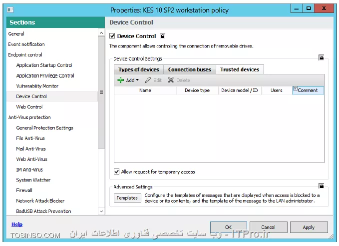 !! اجازه نوشتن روی USB flash برای کاربران دومین 
در این آزمایش تنظیمات  Device Control را برای Kaspersky Endpoint Security policy طوری تنظیم می کنیم که کاربران دومین بتوانند تحت Domain users group قابلیت نوشتن روی فلش مموری ها را داشته باشند 

- Security-Center

1- وارد پراپرتیس KES 10 SP2 workstation policy شوید 

2- وارد منو Device Control شوید 

3- حالا روی Removable drives و روی Logging کلیک کنید 

||https://tosinso.com/files/get/4d2aa176-83a9-4e12-a939-35f3c7b1a038||

4- روی Select کلیک و در گروه Everyone روی OK کلیک کنید 

||https://tosinso.com/files/get/34d8a032-0fcb-4c91-8b12-421841a7f028||

5- روی تب Trusted devices سوییچ کنید 

6- روی Add کلیک کنید 

7- روی لیست گزینه Devices by ID انتخاب شود 

8- در Computer name و بنویسید PC1 و روی Refresh کلیک کنید 

9- روی خودتان USB drive  کلیک کنید 

||https://tosinso.com/files/get/b6874ae2-cfc0-4a12-955e-d384702b2abb||

10- کلیک Select و بر روی Domain Users مدنظرتان کلیک کنید و OK را بزنید 

||https://tosinso.com/files/get/16e2fc06-c986-4e5b-b22b-b1dc5de6ab67||

11- بر روی Advanced Settings\Reports and Storages کلیک کنید 

||https://tosinso.com/files/get/9290ea0d-d3a7-4380-a6c1-b70837f14c16||

12- در Notifications روی Settings کلیک کنید 

||https://tosinso.com/files/get/6733bbf7-0a10-4893-bd78-040833060941||

13- بر روی Device Control کلیک کنید 

||https://tosinso.com/files/get/73fd6ae7-d95d-461b-a16c-2dcb1d385122||

14- انتخاب کنید Save in local log و بخش رخدادی File operation performed رفته و روی OK کلیک کنید 

||https://tosinso.com/files/get/0855fe96-a856-4f70-afb4-6b95ee272b08||

15- پالیسی را OK کنید و صبر کنید تا پالیسی اعمال شود 

16 حالا فایلی را داخل فلش مموری در کپی کنید ( PC1 ) اینجا فایلی را به نام invoice.txt را قرار دادیم 

17- مطمئن شوید که Kaspersky Endpoint Security اجاره نوشتن را داده است 

18- انتخاب کنید Administration Server و داخل تب Reports شوید 

19- انتخاب کنید Report on file operations on removable drives

20- داخل گزارشات روی Show report کلیک کنید 

||https://tosinso.com/files/get/5e2e7578-7d37-40b1-9278-63d5df9ed0df||

21- شکل نهایی گزارش به صورت زیر باید باشد 

||https://tosinso.com/files/get/2cbc4314-18c5-49e3-94f7-6b73a106998e||

نویسنده : سید احمد توسلی
منبع : |جزیره امنیت اطلاعات و ارتباطات وب سایت توسینسو::https://tosinso.com/security|
هرگونه نشر و کپی برداری بدون ذکر منبع و نام نویسنده دارای اشکال اخلاقی است