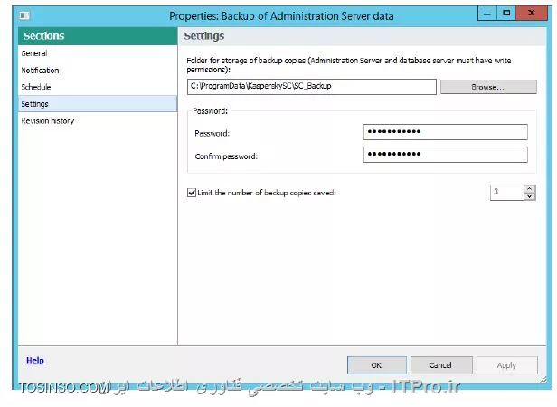 !! Back up , Restore Kaspersky Security Center 
در این آزمایش قصد داریم کپی از بک آپ  برای Kaspersky Security Center را انجام دهیم 

* ماشین های DC و Security-Center را روشن کنید 

* ماشین های Laptop - PC1 را روشن کنید 

- Security-Center 

1- وارد بخش Administration Console 

2- بر روی Tasks بروید 

3- انتخاب کنید تسک  Backup of Administration Server data

4- کلیک کنید روی Configure task 

||https://tosinso.com/files/get/b47bfc85-950a-4a62-b98b-b828f1aaeca6||

5- سوییچ کنید بر روی Settings 

||https://tosinso.com/files/get/b6c1b458-a901-42b9-934d-966701950c9a||

6- حالا مسیر بک آپ که %ProgramData%\KasperskySC\SC_Backup را بررسی کنید 

7- پسورد certificate سرور را root تعریف کنید 

||https://tosinso.com/files/get/900c3c92-22ad-40ec-8abb-625e5eaa838d||

8- وارد Notification شوید 

||https://tosinso.com/files/get/cc18312f-5cad-4d4a-94c8-62fd09dd377d||

9- چک باکس Send email فعال کنید 

10- بردارید چک باکس  Notify of errors only و OK کنید 

||https://tosinso.com/files/get/96ad709f-6bdf-449e-9f0e-60bf6f73ca1c||

11- حالا بر روی تسک backup گزینه Start را کلیک کنید 

||https://tosinso.com/files/get/eccae49e-6e07-41f1-aa3c-c9b8d643b3ed||

12- حالا پیامی با مضنون ری استارت شدن کسپرسکی سرور داده می شود و روی OK کلیک کنید 

||https://tosinso.com/files/get/fb2abbbe-5051-4343-8445-f134bf9fcc57||

نویسنده : سید احمد توسلی
منبع : |جزیره امنیت اطلاعات و ارتباطات وب سایت توسینسو::https://tosinso.com/security|
هرگونه نشر و کپی برداری بدون ذکر منبع و نام نویسنده دارای اشکال اخلاقی است