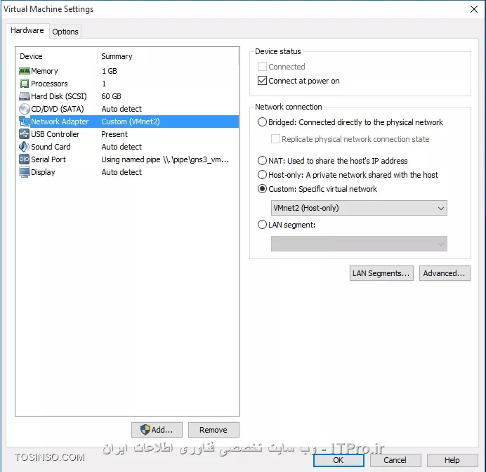 دوست عزیز طبق شکل زیر در Network Editor (ابزار ویرایش شبکه VMWare) یکی از VMnet هارو روی Host-Only قرار بدید و بهش رنج IP تعریف کنید (این کارو خود VMWare هم در هنگام انتخاب host-only انجام میده)
||http://network.tosinso.com/files/get/efab10f9-e333-4576-808b-658ed4d205b6||
بعد در قسمت Setting ماشین مجازی کارت شبکه رو custom قرار داده و سپس vmnet2 رو از لیست انتخاب کنید
||http://network.tosinso.com/files/get/b6e59ebb-0d26-4caa-a46e-506268ccc34d||
حالا باید به اینترفیس شبکه سیستم مجازیتون از داخل سیستم عامل IP بدید (در همین رنج)
و اینکه Network Editor خودش به اینترفیس شبکه vmnet2 سیستم فیزیکیتون آی پی میده میتونید با دستور ipconfig /all پیداش کنید

و غیر فعال کردن فایروال و یا تنظیم صحیح فایروال یادتون نره