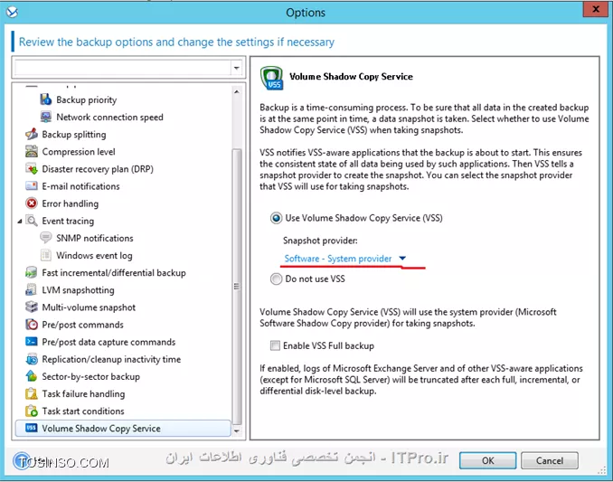 در این قسمت توضیح می دهیم چگونه از متد Single-pass backup استفاده کنیم تا در مواقع اضطراری بتوان داده ها یا کل سرور Active Directory را ریکاوری کرد.single-pass backup چیست؟ single-pass backup یا application-aware backup  یک نوع Disk-Level Backup هستش که شامل اطلاعات metadata سرویس AD می باشد. که اطلاعات مربوط به Active Directory را بوسیله سرویس VSS مایکروسافت Backup گیری می کند. بوسیله single-pass backup شما می توانید اطلاعات مربوط به AD  را ریستور کنید بدون نیاز به ریکاوری کردن کل سرور AD.

* نکته: Single-pass backup برای ماشین های که SQL Server, SharePoint Server and Active Directory را اجرا می کنند مورد استفاده قرار می گیرد.
* نکته: Single-pass backup برای Exchange Server استفاده نمی شود.
* نکته: برای استفاده از Single-pass backup شما باید Agent for Active Directory را بر روی سرور Active Directory نصب کنید.

!! Install Agent for Active Directory 
--
Agent for Active Directory می تواند بر روی OSهای زیر نصب شود:
||http://tosinso.com/files/get/c62bc273-8485-43d1-b888-9e8cd645950b||
نکته: اگر قبلا Agent for Windows را بر روی AD نصب کرده باشید. با نصب Agent for Active Directory این Agent بصورت Add-On به Agent for Windows اضافه خواهد شد.
نکته: Agent for Active Directory را نمی توان بصورت remote نصب کرد.
برای نصب Agent for Active Directory ستاپ Acronis را بر روی AD اجرا کنید و در پنجره زیر:
||http://tosinso.com/files/get/ea981b4d-f97a-41a3-82c8-3c802777cad7||
گذینه بالا را انتخاب کنید. و تا اخر Wizard را پیش برید و این agent را نصب کنید.

!! Active Directory Backup
--
بعد از انجام تنظیمات بالا نوبت به Backup گیری از AD می رسد. برای اینکار یک Backup Task ایجاد می کنیم.
در قسمت What to Backup پارتیشنهای که داده های Active Directory را نگه داری می کند را انتخاب می کنیم. 
اگر می خواهید Active Directory را در مواقعی که کلا از بین رفته Recovery کنید کل Volume ها یا کل دیسک را انتخاب کنید.
||http://tosinso.com/files/get/b4373db3-5c15-4f89-babd-5e600e4ec51d||
در قسمت بعدی باید محل ذخیره سازی فایلهای Backup را مشخص کنیم. همچنین باید Single-pass backup را فعال کنیم.
||http://tosinso.com/files/get/d0854a9c-6fd7-4c55-80f3-38f3ddac5441||
و زمانبندی Backup گیری را بصورت زیر تنظیم می کنم:
||http://tosinso.com/files/get/1be5b18e-476c-43e7-a956-c37157dd9ad1||
اگر آموزشهای قبلی را دنبال کرده اید تنظیمات بالا نیازی به توضیح نداره.
||http://tosinso.com/files/get/c66df829-6d7e-4f88-a627-80196561d0b7||
در قسمت Plan Parameters شما باید مطمئن شوید تنظیمات VSS بصورت زیر ست شده باشد:
||http://tosinso.com/files/get/b7617346-6f49-429a-baa5-e70368f7e344||
همچنین باید یک Credentialsی انتخاب کنید که عضو گروه Local Administrators سرور Active Directory باشد. که بصورت پیش فرض  قسمت  Plan's Credentials بر روی Acronis Services ست شده که از Credentials کاربری که Acronis Services را اجرا کرده استفاده می کند. این Credentials برای اجرای این Task استفاده میشه.
||http://tosinso.com/files/get/5d9c031f-311f-495b-b553-addcb22bd160||
بعد از انجام تنظیمات بالا OK کنید.
بعد از گذشتن زمانی که تعیین کرده اید Backup Task اجرا می شود.

!! Active Directory Recovery
--
ما به دو روش می توانیم AD را ریکاوری کنیم. در مرحله اول باید مشخص کرد که آیا کل سرور AD صدمه دیده یا اطلاعات آن؟؟؟؟
فرضا کل AD صدمه دیده و نمی تواند Boot کند که باز هم ریکاوری کردن AD بستگی به آن دارد که در ساختار غیر از این DC، DCهای دیگری وجود دارد یا نه؟؟؟
مثلا اگر یکی از DCها به کل نابود شد می توان با استفاده از متد |Restoring a Domain Controller Through Reinstallation::https://technet.microsoft.com/en-us/library/cc816620(v=ws.10).aspx| استفاده کنید و DC معیوب را به مدار برگردونید.
ولی اگر یک DC در ساختار دارید به راحتی می توانید بوسیله Bootable Media آنرا بوت کنید و Backup را ریستور کنید. (در آموزش های قبلی این روش را آموزش دادم)
||http://tosinso.com/files/get/f9a74a87-4a14-4c4e-a5bd-dbd37491eccc||
||http://tosinso.com/files/get/84cb3a77-1490-457c-a4f3-fb243b54c764||
||http://tosinso.com/files/get/3977222e-69f3-43db-bdd3-e70e76d810f0||
ولی اگر داده های خود Active Directory صدمه دیده باشد مثلا پوشه SYSVOL یا دیتابیس آن خراب شده است. باز هم ریکاوری کردن AD بستگی به این داره که در دومین چند DC وجود دارد؟؟؟ 
اگر بیش از یک DC در دومین وجود داشته باشد به دو روش می توانید AD را ریکاور کنید:
<ltr>
# Re-promoting the domain controller
# Single-pass backup
<ltr>
شما خیلی راحت می توانید از روش |Re-promoting the domain controller::http://www.tomshardware.com/faq/id-1946870/promote-windows-server-2012-domain-controller-part-prerequisites.html| استفاده کنید و اجازه بدید که AD بوسیله Replication خود را ریکاوری کند.
نکته: در این روش حواستون به رولهای FMSO باشه.
یا می توان از روش دوم استفاده کرد.
یک Recovery Task ایجاد کنید و اطلاعات زیر را انتخاب کنید:
||http://tosinso.com/files/get/f2a5c17d-4116-4fc1-8046-6a1d41ddd301||
و لینک زیر را انتخاب کنید:
||http://tosinso.com/files/get/ff1d0823-6f10-4b1f-b54f-ed9561570a16||
باید مسیری برای Extract کردن اطلاعات بر روی سرور AD انتخاب کنید:
||http://tosinso.com/files/get/ef95ed3d-6c2d-4194-87bc-1e9c67b56dc2||
و در آخر OK کنید.
||http://tosinso.com/files/get/d348d180-2dc7-4051-8108-13036a125814||
اطلاعات بر روی AD ریستور شد. قدم بعدی باید این اطلاعات را Replace کنیم. برای اینکار به محیط Directory Services Restore mode لاگین کنید. 
بعد از وارد کردن پسورد DSRM Account فایلهای Extract شده را به محل اصلی Paste کنید:
||http://tosinso.com/files/get/82a9061e-7776-48b9-a6ec-e32ca2540467||
برای جلو گیری از USN Rollback حتما از VSS خود مایکروسافت استفاده کنید. حدالامکان Backupی را انتخاب کنید که کمترین فاصله زمانی بعد از وقوع Failure را داشته باشد. Backupی که ریستور می کنید نباید قدیمی تر از tombstone life باشد. و بقیه پارامترها که همه از آن اطلاع دارند.
نکته: Acronis برای ریستور کردن ایتم های AD بصورت انفرادی از ابزار Ntdsutil استفاده می کنه. 
Acronis کلا برای اینکار سه روش داره:
||http://tosinso.com/files/get/69494182-96b8-43e6-a21e-7d94d2cf19cd||
توی منابع Acronis هر چی گشتم متدی غیر از متدهای بالا برای Restoring Accidentally Delete Information پیدا نکردم. اگر اینطور باشه واقعا Acronis Backup Advanced قابل مقایسه با Symantec Backup Exec نیست.... در تصویر زیر اطلاعاتی که Backup Exec میتواند بصورت انفرادی ریستور کند را مشاهده می کنید.
||http://tosinso.com/files/get/bdcaf015-2b40-404a-91ec-b5270ede8455||
در پایان این سلسله های آموزشی باید عرض کنم که Acronis قابلیتهای زیادی دیگری هم دارد که وقت نشد همه آنها را در این سری آموزش توضیح و آموزش بدم. 
شما می توانید با Acronis از Exchange, SharePoint, SQL و hypervisorهای همچون VMware and Hyper-V بکاپ بگیرید و در Bad Event آنها را ریکاور کنید. 
در لینک زیر می توانید به تمام E-Book های شرکت Acronis که برای محصولات خود ایجاد کرده دسترسی داشته باشید. 
<c#>
http://www.acronis.com/en-us/support/documentation/
<c#>

موفق پیروز باشید.

نویسنده: احمد جهلولی 
منبع: |جزیره راهکارهای ذخیره سازی اطلاعات وب سایت توسینسو ::https://tosinso.com/virtualization|
نشر و کپی برداری، صرفاً با ذکر نام نویسنده و منبع مجاز می باشد. 