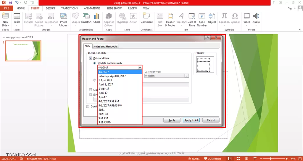 به نام خـدا سلام دوستان itpro ای... 13 بدرتون مبــارک :) امروز میخوایم با دوتا پست آموزشی بخش insert رو تمام کنیم امیدوارم که تا اینجای آموزش با ما همراه بوده باشید و تمرین بسیار انجام داده باشید تا مسلط بشین:) دراین بخش میخوام به قسمت سوم و بخش چهارم یعنی : کار با باکس links بپردازیم ، ابتدا پاورپوینت 2013 رو باز می کنیم و میخوایم برای مثال برروی نوشته زیر که با کادر قرمز رنگ مشخص شده لینک بگذاریم:

||http://tosinso.com/files/get/00848c42-af3b-416c-a1f7-7ff2ed886244||
 به قسمت insert میریم و دربخش لینک ها روی آیکون ستاره که داخل مربع قرارگرفته (Action) کلیک می کنیم کادر زیر باز میشه:

||http://tosinso.com/files/get/5cd375fb-5fcc-4a2c-9896-965333b91e13||
* *none : * اگر روی این گزینه علامت بزنیم درواقع هیچ action ای صورت نمیگیره.
* *hiperlink to : *اگر روی این گزینه علامت بزنیم درواقع متصل میشه به اسلاید بعدی یا اسلاید قبلی و هرآنچه که ما انتخاب می کنیم که با کلیک برروی این نوشته به اون اسلاید میره.
* *Run program : *رو داریم که اگر انتخاب کنیم وقتی روی نوشته مون کلیک می کنیم برنامه ای رو که انتخاب کردیم اجرا میکنه.
* *play sound :* رو داریم که به محض کلیک برروی نوشته مورد نظر اون sound پلی میشه .

کــادر بعدی comment هست که برای گذاشتن یادداشت در هر اسلاید استفاده میشه و و قتی که روی آیکون comment کلیک می کنید یک کادری کنار اسلاید هاتون باز میشه که اونجا می تونید یادداشت بگذارید ضمن اینکه یک آیکون کوچک کامنت بالای اسلایدتون هست که به جهت مشاهده ی نوشته تون می تونید برروی آن کلیک کنید که تمام این توضیحات رو میتونید در تصویر زیر مشاهده کنید:

||http://tosinso.com/files/get/209a17b6-6ced-448f-bfcd-5ae419cd2d3c||
کــادر بعدی که بررسی می کنیم کادر text هست که ابتدا میریم سراغ text box :

||http://tosinso.com/files/get/00feb436-5bcc-4180-87db-007412360a56||
وقتی که روی text box کلیک کنیم یک کادری برامون باز میشه که میتونیم داخلش بنویسیم که من by tosinso.com  رو نوشتم و با استفاده از تنظیمات براش کادر گذاشتم:

||http://tosinso.com/files/get/f71788b4-e939-4b0a-9756-61c711a29fbf||
اما آیکون بعدی header&footer هست که کاربردش با آیکون های date &time و slide number یکی هست پس من فقط این آیکون رو توضیح میدم وفتی روش کلیک می کنیم کادر یا بهتره بگم منوی کوچکی باز میشه که ابتدا تیک گزینه date &time رو میزنیم سپس اگر update automatically رو انتخاب کنیم میتونیم شیوه های مختلف به نمایش درآمدن زمان و یا تاریخ رو انتخاب کنیم:

||http://tosinso.com/files/get/b82c5180-1648-4fc7-962f-606579adb749||
اگر fixed رو انتخاب بنماییم در این صورت داخل اسلایدمون تاریخ رو نمایش میده و با زدن تیک گزینه های slide number و footer میتونیم شماره اسلاید به همراه پـاورقی رو داشته باشیم که پاورقی برای داشتن توضیحاتی که به متن اسلایدمون مربوط میشه خیلی کاربردیه.

||http://tosinso.com/files/get/28895c79-e6d4-4d43-9168-f3cb5dd5e3e3||
*** نکته: می تونید Apply to all رو انتخاب کنید که برای همه ی اسلاید هاتون تنظیم شه:)*
در این صورت اسلایدتون به شکل زیر درمیاد:

||http://tosinso.com/files/get/e6505027-6e01-4cf8-97ed-b7d9ddb057f0||
آیکون بعدی که در این قسمت بررسی میکنیم آیکون Wordart هست :

||http://tosinso.com/files/get/4b59894c-5aae-47a7-88e7-b8b2b05dd806||
که یکی از حالت هارو از منوی کوچک انتخاب می کنید و متن تون رو داخلش می نویسید.
خب امیدوارم این بخش از آموزش هم براتون مفید بوده باشه درآخر 13 بدر خوشی رو براتون آرزومندم:)
*itpro بــاشید.*

نویسنده: حمیده سلامی
منبع: |جزیره مبانی کامپیوتر و مهارت های هفتگانه وب سایت توسینسو::https://tosinso.com/icdl|
هرگونه نشروکپی برداری از نوشته بدونه ذکر منبع و نام نویسنده حرام است.