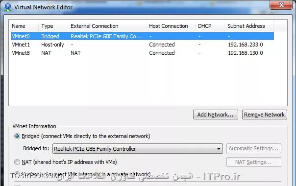 در نرم افزار VMware از منوی Edit به Virtual Network Editor برید ، در پنجره باز شده در قسمت بالا روی VMnet0 کلیک کنید بعد در پایین میتونید تنظیمات مربوط به VMnet0 رو انجام بدید . پایین صفحه در قسمت VMnet Information گزینه Bridged رو انتخاب کنید انجام این کار باعث میشه که وقتی ماشین مجاز شما در حالت Bridged تنظیم شده باشه در واقع با یکی از کارت شبکه های فیزیکی موجود در ویندوز اصلی خودتون در ارتباط باشه بعدش در قسمت Bridged to تعیین میکنید که کدوم یکی از کارت شبکه های شما در این حالت مورد استفاده قرار بگیره بعنوان مثال ما روی همون کارت شبکه Lan تنظیمش میکنیم . با انجام این کار ماشین مجازی ای که Bridged میشه با Local Area Connection موجود در ویندوز اصلی خودمون شبکه میشه و IP اون رو میتونه پینگ کنه به این نکته حتما دقت داشته باشید که در این حالت ماشین مجازی در صورتی میتونه ویندوز اصلی شما ( یعنی ویندوز سون ) رو پینگ کنه که سیستم شما از طریق کارت شبکه با جایی در ارتباط باشه )
ولی اگر نمیخاین به جایی وصل بشید و فقط تصمیم دارید که ماشین مجازی با ویندوز سون شما در ارتباط باشه میتونید ماشین مجازی رو بر روی حالت Host Only تنظیم کنید و در ویندوز اصلی خودتون یعنی ویندوز سون  به کارت شبکه VMware Network Adapter VMnet1 آی پی در رنج مناسب بدید تا از طریق اون IP ماشین مجازی با شما در ارتباط باشه .

||http://network.tosinso.com/files/get/b831132e-c77c-4af2-a19d-5660dac8dd9d||