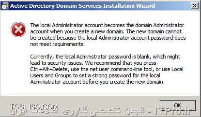 سلام ، من میخام یک دامین در ویندوز سرور 2008 راه اندازی کنم . مطابق زیر پیش رفتم و اروری که می بینید رخ داده . لطفا راهنماییم کنید 

||http://tosinso.com/files/get/683cea72-6f3d-4d33-8167-a8046cb4aa06||
||http://tosinso.com/files/get/23f08e9b-6fca-4bd3-8907-a080b3b758fe||
||http://tosinso.com/files/get/cd8fc1bf-2e14-464e-aa24-db4ae51915cb||
||http://tosinso.com/files/get/b899a52c-d280-449f-9ac6-5b412b09ddfb||