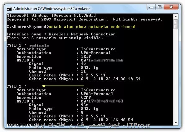 سلام

*1- با استفاده از نرم افزار |inSSIDer 4::http://www.inssider.com/downloads/|*

*2-  NetStumbler for Windows operating systems *
این برنامه ابزاری است تحت ویندوز که برای پیدا کردن شبکه های بیسیم استاندارد 802.11b, 802.11a و 802.11g استفاده می گردد.حتی نسخه ای برای ویندوز CE هم دارد.
موارد استفاده :
* Wardriving
* شناسایی تنظیمات شبکه
* پیدا کردن محل هایی با پوشش ضعیف در WLAN
* تشخیص علل تداخل های بیسیمی
* تشخیص نقاط غیر مجاز (سرکش) دسترسی

*3- SSID Sniff*

*4- NetSurveyor*

*5- Xirrus Wi-Fi Inspector*

*6- Vistumbler*

*7- با استفاده از netsh*
netsh wlan show networks mode=bssid

||http://security.tosinso.com/files/get/b8b4c3cc-3ae6-4143-8b21-690ea3748ba0||
