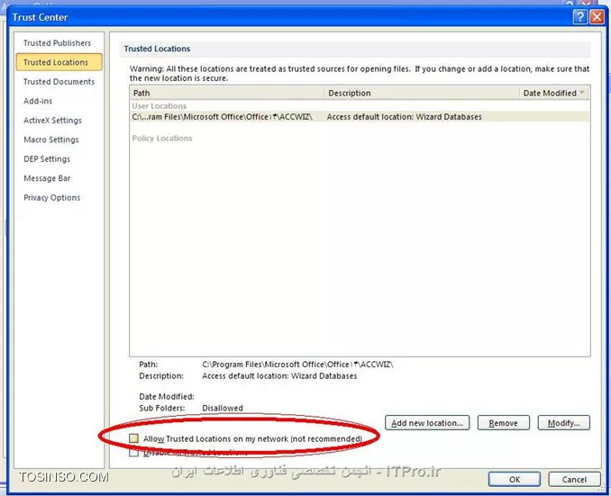 فایل اکسس رو داخل یه پوشه شیر شده قرار بدید 
بعد تمام پوشه رو برای همه در حالت فول قرار بدین
البته این نکته رو درست متوجه نشدم اگر همزمان دو کاربر فایل رو بازکن حتما خطای زمان اجرا میده و هیچ یک از اطلاعات ثبت شده - ثبت نمی شن
در موقع شیر فولدر هم قسمت شیرینگ رو Full بزنید و هم قسمت Security رو
داخل تنظیمات خود اکسس در قسمت Option و بعد کلید Trust Center  حالا گزینه Trusr Center Setting بعد در پنجره باز شده آپشن Trustet Location  تیک  بزنید  Allow ...
||http://network.tosinso.com/files/get/b8d8e60a-e2fa-4476-b9ba-89621f6b90bf||
