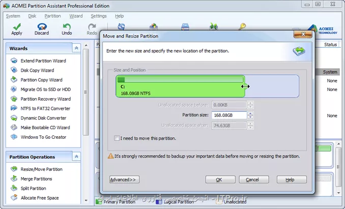 با استفاده از برنامه Partition Magic یا AOMEI Partition Assistant Professional شما می تونید بدون از دست دادن اطلاعاتتون اقدام به ایجاد یا تغییر سایز پارتیشن کنید.
در زیر مراحل رو گام به گام و با استفاده از برنامه AOMEI Partition Assistant Professional میذارم تا کامل متوجه پروسه بشین.

<center>
||http://network.tosinso.com/files/get/e0245c47-5070-4bce-a4dc-471225399d28||
||http://network.tosinso.com/files/get/db506af4-4c29-4a57-94af-e37b81dff223||
||http://network.tosinso.com/files/get/b8e2d86f-b2d8-40f9-ac30-e4ab7228a6d2||
||http://network.tosinso.com/files/get/7b295b70-155f-4d3c-8374-564f6d5aeb9c||
||http://network.tosinso.com/files/get/6902066a-3c28-47e8-b71d-d372dc065f5a||
<center>