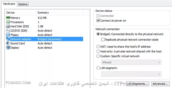 سلام
VMvware رو روی لپ تاپی نصب کردم و مشکل اینجاست وقتی میخوام کارت شبکشو روی Bridge بذارم با خطای زیر روبرو می شم. فایرول هاست خاموشه و هیج نرم افزار آنتی ویروسی نصب نیست.
درایور شبکه لپ تاپو ری اینستال کردم فرقی نکرد. vnware tools هم آپدیت کردم

<center>
||http://tosinso.com/files/get/32f7b3b9-d552-45ca-9dff-728e5cad6d3a||
<center>
این هم تنظیمات
<center>
||http://tosinso.com/files/get/79bac41b-26b5-4522-b27f-f788f75ab59d||

||http://tosinso.com/files/get/b9f78863-213a-4d96-b4b9-59a8f0700867||
<center>