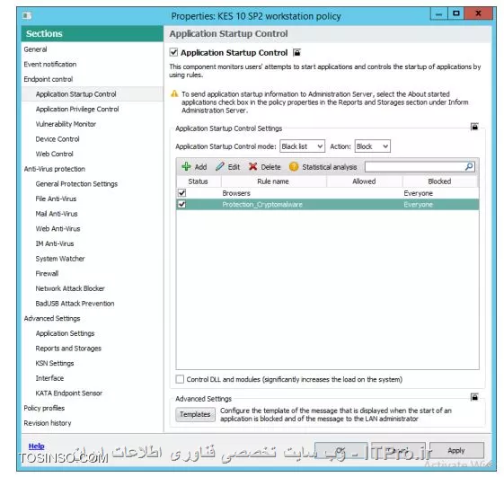 !! مسدودسازی اجرای یک برنامه ناشناس 
* ماشین های DC - Security-Center را روشن کنید 

* ماشین  PC1 را روشن کنید 

- Security-Center 

1- در Administration Console بروید 

2- باز کنید Application categories 

3- کلیک Create a category 

||https://tosinso.com/files/get/33bc6b30-e0bf-40a1-8f00-0d32864ae9ea||

4- روی بالاترین گزینه کلیک کنید 

||https://tosinso.com/files/get/a23db86e-9098-4d93-8bae-9478ce9cd228||

5- نام دسته بندی Protection_Cryptomalware و Next کنید 

||https://tosinso.com/files/get/aba2b412-021e-4b3d-ab8b-b1547107bdc5||

6- فایل Conditions_Protection_Cryptomailware.txt را کپی کنید و آن را باز کنید ( این فایل توسط نویسنده ایجاد شده و هدف فقط آموزش است )

||https://tosinso.com/files/get/68c5f0fd-5d60-4ca8-839c-2a67cc90b8bc||

7- حالا از لیست Add را بزنید 

8- در لیست روی Application folder بروید 

||https://tosinso.com/files/get/f3a41382-acd6-4d39-9b09-35767b6e59f0||

9- حالا به صورت زیر خط زیر را در Conditions_Protection_Cryptomailware.txt کپی کنید 

||https://tosinso.com/files/get/9e1025ce-f10d-423d-8e84-a275440243c9||

10- در مسیر زیر خط را پیست کنید 

||https://tosinso.com/files/get/5509d43d-9a6a-48da-bb1f-6cad62b582a5||

11- در واقع ما مسیر فایل Conditions_Protection_Cryptomailware.txt را شبیه سازی کردیم حالا Next کنید 

||https://tosinso.com/files/get/dfacface-3837-4b63-9166-3e4492815f23||

12- حالا Next را بزنید و در لیست روی KL category کلیک کنید 

||https://tosinso.com/files/get/8cad9a05-7be4-4399-b8b3-9c284af42110||

13- حالا تمامی باکس های KL categories انتخاب کنید و OK را بزنید 

||https://tosinso.com/files/get/a84d6c33-76c0-4043-8826-e7184808efce||

14- روی figuring conditions for exclusion of applications from categories و  Next کنید 

||https://tosinso.com/files/get/9159c9b1-50fc-4ccb-8786-939edc2881b4||

15- روی Finish کلیک کنید 

||https://tosinso.com/files/get/6d444193-2e2a-417a-9224-21ce81a39a19||

- تغییر در پالیسی برای جلوگیری از اجرای فایل توسط کاربران 

1- وارد Workstations و روی تب Policies کلیک کنید 

||https://tosinso.com/files/get/650bdf2e-5bea-4c36-8d08-2b9045254907||

2- حالا پراپرتیس KES 10 SP2 workstation policy را بگیرید 

3- حالا Application Startup Control باز کنید 

||https://tosinso.com/files/get/6e1cccdc-9a94-456e-bb5a-30a903e0825b||

4- کلیک کنید Add

||https://tosinso.com/files/get/f63b9598-8918-4f83-be93-93248dc08905||

5- روی OK کلیک کنید 

6- مجدداً OK را بزنید 

||https://tosinso.com/files/get/ba162616-d646-477f-9ff3-88c773081d39||

7- حالا منتظر باشید تا پالیسی اعمال شود 


نویسنده : سید احمد توسلی
منبع : |جزیره امنیت اطلاعات و ارتباطات وب سایت توسینسو::https://tosinso.com/security|
هرگونه نشر و کپی برداری بدون ذکر منبع و نام نویسنده دارای اشکال اخلاقی است