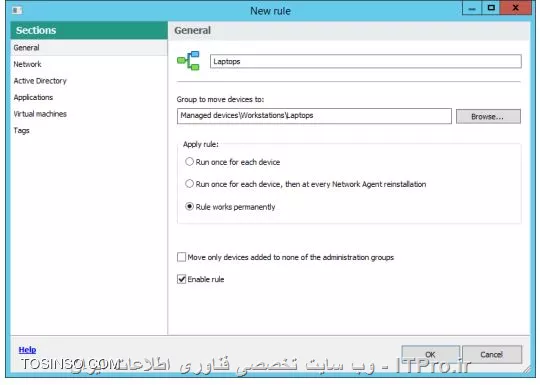 !! حرکت دادن کامپیوتر ها داخل گروه ها با رول ها 
در این ازمایشگاه قصد داریم برای کامپیوتر هایی که در بخش Unassigned devices لیست شده اند رولی را تعریف کنیم 

* کامپیوتر های Desktops و  Laptops را در رولی مشابه قرار می دهیم

* از رنج های IP ادرس 10.28.0.100– 10.28.0.199 برای کامپیوتر های Desktop و از رنج 10.28.0.200–10.28.0.254 برای notebooks استفاده می شود

1- روی نود Unassigned devices کلیک کنید 

||آموزش کسپراسکی تصویری نسخه سرور ::https://tosinso.com/files/get/0c737bb3-5ace-45c5-838b-a9dfef00603d||

2- لیست رول ها را باز کنید و دکمه Configure rules را بزنید 

||آموزش کسپراسکی سرور ::https://tosinso.com/files/get/0c3f6ea4-d1c2-4fde-8681-57dc50313b91||

3- ساخت یک رول سرور و Add کنید 

||کسپراسکی سرور 10 اموزش تمرین عملی ::https://tosinso.com/files/get/fc6f0345-3414-406d-a721-4cda859a28e9||

4- نوشتن Servers برای نام رول 

5- برای دسترسی به گروه انتخابی با زدن Browse و انتخاب زیرگروه Managed devices\Servers 

6- انتخاب Rule works permanently 

7- فعال کردن برای همه کامپیوتر ها و پاک کردن Move only devices added to none of the 
administration groups چک باکس آن

8- فعال کردن رول :

||فعال کردن رول در کسپراسکی سرور ::https://tosinso.com/files/get/4aa368ac-010f-409d-add9-4128f36d490e||

9- انتخاب Applications 
||کسپراسکی سرور 10 اموزش ::https://tosinso.com/files/get/433fa632-5ab6-4923-b22c-ca3c2d760dd8||

10 - فعال کردن رول زمانی که Agent نصب می شود و در Network 
Agent is running کلیک روی Yes را انجام دهید 

11- فعال کردن رول با توجه به سیستم عامل سرور و انتخاب چک باکس Operating system 
version 

12- زیر  Operating system version و انتخاب Microsoft Windows Server 2012 و Microsoft 
Windows 2012 R2

||احمد توسلی نویسنده تنها منبع پارسی کسپراسکی ::https://tosinso.com/files/get/7d2a5d78-3acd-478b-9357-52af784c99ff||

13- برای ذخیره سازی رول روی OK کلیک کنید 

||احمد توسلی مرگ بر های وب ::https://tosinso.com/files/get/0326b1d2-7a86-44d0-82da-0b8c51443707||

14- ساخت رول برای Desktop کامپیوتر ها و کلیک روی Add

15- نوشتن Desktops به عنوان نامی برای رول 

16- استفاده از Managed 
devices\Workstations\Desktops 

17- انتخاب گزینه Rule works permanently 

18- برداشتن چک باکس  Move only devices added to none of 
the administration groups 

19 - انتخاب چک باکس Enable rule 

||احمد توسلی نویسنده تنها منبع فارسی آموزش کسپراسکی سرور10::https://tosinso.com/files/get/840bc59f-9b3f-47d9-9df2-d9d148140000||

20- تنظیمات IP ادرس و رفتن به Network 

||اموزش کسپر اسکی 10 احمد توسلی ::https://tosinso.com/files/get/3d0f6bd3-6939-45fe-a5bb-4e7356aebf31||

21- انتخاب IP range که رول برای ادرس هایی که کامپیوتر ها در رنج آن هستند فعال شود 

22- 10.28.0.100—10.28.0.199 

||اموزش کسپراسکی به پارسی Fucking hiweb::https://tosinso.com/files/get/b357493c-78f0-4713-b4fe-5febff45d957||

23-  ذخیره رول و زدن OK 

24- ساخت رول برای Notebooks و کلیک روی Add

25- نوشتن Laptop برای اسم رول 

26- مسیر گروه  Managed 
devices\Workstations\Laptops 

27- انتخاب گزینه Rule works permanently 

28 - برداشتن تیک گزینه Move only devices added to none of 
the administration groups 

29- انتخاب چک باکس nable rule 

||https://tosinso.com/files/get/ba2bc2f3-89ee-4e53-aa18-fbe93bdd1b89||

30- انتخاب  Network 

31- انتخاب چک باکس  IP range 

32- تایپ رنج 10.28.0.200—10.28.0.254 

||https://tosinso.com/files/get/060dd019-d04f-4025-a235-54c73b27f494||

33- کلیکOK و ذخیره پارامتر ها 

||https://tosinso.com/files/get/39d620de-d279-48ce-89a2-b9917728f8af||

34- لیست رول ها را ببندید و OK کنید 

35- بازکردن گروه Servers و رفتن روی تب Devices

||اموزش حرفه ای کسپراسکی سرور ::https://tosinso.com/files/get/f2bd0a0f-4d5f-4e5d-a448-1afadfe473e3||

36- مطئن شوید در Security-Center کامپیوتر ها با Windows 2012 R2 به صورت خودکار عضو این گروه شده باشند 

37- مطمئن شوید که PC1 و Laptop با ادرس های 10.28.0.100  10.28.0.200 به صورت خودکار عضو گروه های  Desktops و Laptop باشند 

نویسنده : سید احمد توسلی
منبع : |جزیره امنیت اطلاعات و ارتباطات وب سایت توسینسو::https://tosinso.com/security|
هرگونه نشر و کپی برداری بدون ذکر منبع و نام نویسنده دارای اشکال اخلاقی است
