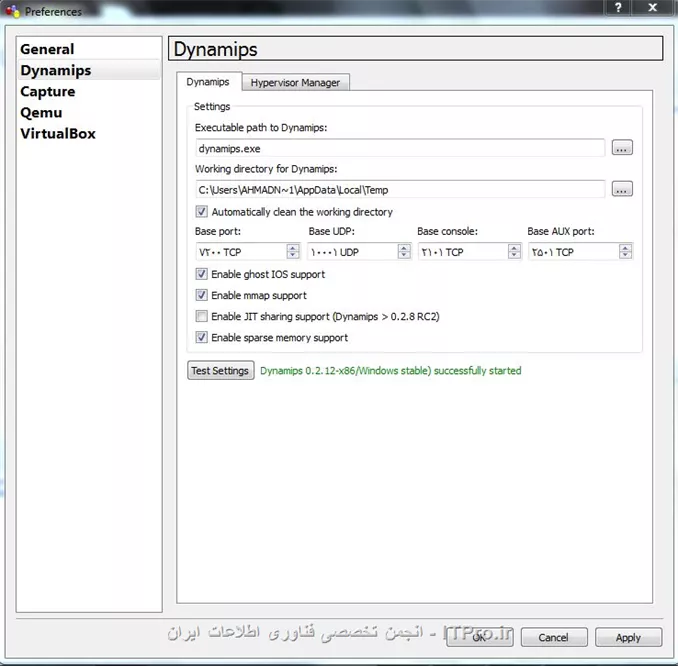 از منوی Edit گزینه Perference
||http://network.tosinso.com/files/get/831c42eb-daff-4048-bf01-9bdc3772ffe4||
صحت نصب Dynamips
||http://network.tosinso.com/files/get/ba7329ea-30df-4f26-9bc5-6fce781ed274||
