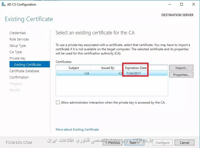 با سلام خدمت همه عزیزان
بر روی سرور Exchange خود مشاهده کردم که در تاریخ 2017/07/24 Certificate  درون سازمانی باطل میشه برای همین مراحل renew انجام دادم با این حال Certificate جدید هم تا همان تاریخ قبل فقط اعتبار داشت و هیچ اتفاقی جز ایجاد یه Certificate به همان تاریخ نیافتاد چون Certificate روی سرور اکتیوداریکتوری قرارداشت که قبلا Additional بود و با مشکل اکتیوداریکتوری اصلی قدیمی تبدیل به سرور AD DS مادر شده بود و تمام تنظیمات AD CS و DNS هم از سرور قدیم به آن انتقال پیدا کرده بود تصمیم گرفتم که روی یک سرور دیگه AD CS را نصب کنم و از Private key آن تنها استفاده کنم اما با تصویر زیر مواجه شدم ||https://tosinso.com/files/get/bb182ad1-dcc5-4afc-a05a-7f1b04194062||
که احتمال میدم به همین دلیل باشه که تمدید های من هم فقط تا این تاریخ صورت گرفته سوالم اینه چطوری میشه تمدیدش کنم و Private key من تاریخش تغییر کنه
ممنون میشم اگه کمکم کنید.