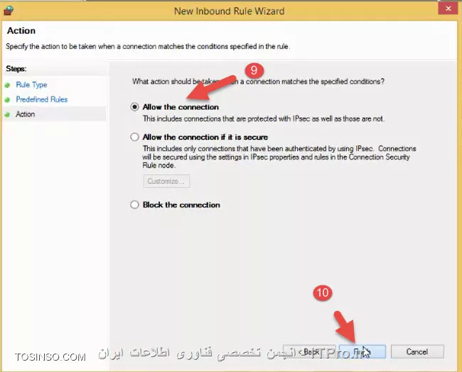 دوستان عزیز دقت کنید میتونید برای این کار یک رول بنویسید که مشکل ارتباط با فایروال روشن برطرف شه ، ضمناً منطقی نیست فایروال خاموش باشه.
به Run برید و دستور wf.msc رو تایپ کنید تا واردتنظیمات فایروال شید.
سپس Inbound Rules رو باز کنید و New Rules رو کلیک کنید مطابق تصویر
||ایجاد یک رول برای فایروال جهت برقراری ارتباط::http://network.tosinso.com/files/get/a1e13b38-5d50-4346-914d-72505b8db2a8||
سپس از پنجره باز شده گزینه predefined رو انتخاب کنید و از لیست باز شده File And Printer Sharing رو انتخاب کنید
||http://network.tosinso.com/files/get/0b43d55a-68b0-40ea-b2fd-df3c038f3644||
مرحله 5 , Next کنید و در مرحله بعدی و پنجره باز شده باید دوتا تیک رو بزنید , مطابق تصاویر زیر جلو برید
<ltr>
File And Printer Sharing(Echo Request - ICMPv4 - in)
<ltr>
||http://network.tosinso.com/files/get/be59dbfc-758d-40b0-b1ca-b74e7e7955bd||
||http://network.tosinso.com/files/get/97f56ac4-d766-454d-bc95-fd33e12d44af||
||http://network.tosinso.com/files/get/bc734d39-8e7d-49dc-be30-83c0e1f36299||
کار تمام است.